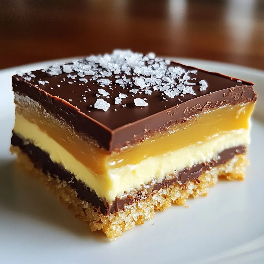 To make a Chocolate Caramel Slice, gather these simple ingredients: - 1 ½ cups digestive biscuits, crushed - ½ cup unsalted butter, melted - 1 can (14 oz) sweetened condensed milk - ¼ cup golden syrup (or light corn syrup) - ¼ cup brown sugar, packed - 200g dark chocolate, chopped - 2 tablespoons coconut oil - Sea salt flakes for garnish These ingredients come together to create a rich and tasty dessert. The digestive biscuits form a solid base. The melted butter helps bind them together. Sweetened condensed milk adds creaminess to the caramel. Golden syrup gives a hint of sweetness. Brown sugar adds depth to the flavor. Dark chocolate provides a rich topping. Coconut oil keeps the chocolate smooth. Finally, sea salt flakes enhance the taste. Having these ingredients on hand makes it easy to whip up this treat. You can find most of them at your local store. If you want to switch things up, there are alternatives. For example, use graham crackers instead of digestive biscuits. The result will still be delicious! {{ingredient_image_1}} - In a medium bowl, mix 1 ½ cups of crushed digestive biscuits with ½ cup of melted unsalted butter. Use a fork to combine them well. - Press this mixture firmly into the base of a lined 8x8 inch baking pan. Make sure it’s even and smooth. - Chill the base in the fridge for 30 minutes. This helps it set and become firm. - In a medium saucepan, combine 1 can of sweetened condensed milk, ¼ cup of golden syrup, and ¼ cup of brown sugar. - Cook the mixture over medium heat. Stir it continuously for about 8 to 10 minutes. You want it to thicken and turn a golden color. - Be careful not to let it boil. Once ready, pour the caramel over the chilled biscuit base. Spread it evenly. - In a small saucepan or microwave, melt 200g of dark chocolate with 2 tablespoons of coconut oil. Stir until it’s smooth and shiny. - Pour the melted chocolate over the caramel layer. Use a spatula to spread it evenly across the top. - Let the slice set in the refrigerator for at least 2 hours. It should be completely firm before you cut it. - Once set, remove it from the pan and cut it into squares. - Sprinkle a light pinch of sea salt flakes on top of each piece for a tasty finish. To make great caramel, you must watch the heat. Keep it on medium. Stir the mixture often to stop it from burning. You want a thick, golden caramel. If it’s too thin, cook it longer. The sugar must dissolve well for the best taste. When melting chocolate, use a double boiler or microwave. In the microwave, heat in short bursts. Stir between each burst to prevent clumping. Be careful not to overcook the chocolate. It should be smooth and shiny, not hard. For a lovely presentation, cut the slice into neat squares. Place them on a decorative plate. Drizzle extra caramel sauce for flair. Pair your slice with coffee or tea. A scoop of ice cream also works well. Enjoy your delicious treat! Pro Tips Use Fresh Ingredients: Always opt for fresh, high-quality dark chocolate and butter to enhance the flavor of the slice. Chill Between Layers: Ensure each layer is fully chilled before adding the next to maintain distinct layers and prevent mixing. Customize Your Toppings: Feel free to get creative! Add nuts, dried fruits, or even a drizzle of white chocolate on top for extra flair. Storage Tips: Store the slices in an airtight container in the fridge to keep them fresh and to maintain their texture for up to a week. {{image_2}} You can easily change the flavors in your chocolate caramel slice. Adding nuts or seeds gives a nice crunch. Try chopped almonds or walnuts for a tasty twist. You can also sprinkle in some seeds like pumpkin or sunflower for a boost of nutrition. Incorporating flavors like sea salt caramel is another great option. The salt enhances the sweet taste. Just sprinkle a bit of sea salt on the caramel layer before adding the chocolate. You'll love the balance of sweet and salty. If you need gluten-free options, swap the digestive biscuits for gluten-free cookies. They work just as well and keep the slice delicious. You can also check labels to ensure the other ingredients are gluten-free. For dairy-free alternatives, use coconut milk instead of sweetened condensed milk. There are many dairy-free dark chocolates available too. This way, everyone can enjoy this treat! You can add extra layers or toppings to your chocolate caramel slice. For instance, try a layer of peanut butter before the chocolate topping. This adds a rich, nutty flavor. You can also make chocolate caramel slice bars. Just cut them into smaller pieces for easy serving. These bite-sized treats are perfect for parties or snacks. To keep your chocolate caramel slice fresh, follow these tips: - Use an airtight container: This helps prevent moisture and keeps flavors intact. - Store in the fridge: The cool temperature helps maintain the slice's texture and taste. - Separate layers with parchment paper: This prevents sticking and makes serving easier. You can freeze the chocolate caramel slice for longer storage. Here’s how: - Wrap tightly in plastic wrap: Ensure no air gets in to avoid freezer burn. - Place in a freezer-safe container: This adds extra protection. When you’re ready to enjoy it again: - Thaw in the fridge overnight: This keeps the slice from becoming too soft. - Cut into squares before freezing: It’s easier to grab just what you need. Yes, you can make this slice ahead of time. I suggest making it one to two days before serving. This allows the flavors to meld nicely. Plus, it saves you time on the day of your event. If you don’t have digestive biscuits, try using graham crackers. They work well and add a nice flavor. You can also use crushed Oreo cookies for a fun twist. Just mix them with melted butter, and you’re good to go! The Chocolate Caramel Slice lasts about a week in the fridge. Keep it in an airtight container to maintain freshness. If you want to enjoy it longer, you can freeze it. Just make sure to wrap it well! In this post, I shared how to make a delicious Chocolate Caramel Slice. We covered the key ingredients, step-by-step instructions, helpful tips, and tasty variations. Remember, the secret lies in the perfect caramel and chocolate layers. Whether you enjoy it plain or with nuts, this treat delights everyone. Store it well and it lasts longer, but you might eat it fast! Try making it ahead for a sweet surprise. Enjoy creating and sharing this tasty dessert with friends and family. Your baking adventure awaits!