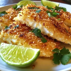- 4 tilapia fillets - 1 cup shredded coconut (unsweetened) - 1 cup panko breadcrumbs - 1 teaspoon garlic powder - 1 teaspoon onion powder - ½ teaspoon paprika - ½ teaspoon salt - ¼ teaspoon black pepper - 2 large eggs - ¼ cup all-purpose flour - 3 tablespoons coconut oil (for frying) - Fresh lime wedges (for serving) - Fresh cilantro leaves (for garnish) Tilapia is a mild fish that cooks fast. It has a light flavor that pairs well with toppings. I love using unsweetened shredded coconut. It gives a wonderful crunch and rich taste. Panko breadcrumbs add extra texture. They absorb less oil and keep the crust light. Garlic and onion powder bring depth to the flavor. Paprika adds a hint of warmth without being too spicy. Eggs act as a binder. They help the coconut mixture stick well. Flour also helps with this. Using coconut oil for frying makes the fish crisp and adds a tropical note. Finally, fresh lime and cilantro brighten up the dish. They give a fresh taste that balances the richness. Each serving of coconut crusted tilapia has about: - Calories: 400 - Protein: 30g - Fat: 25g - Carbohydrates: 20g - Fiber: 3g - Sugar: 2g This dish is filling and offers good protein. The healthy fats from coconut oil and coconut itself are beneficial too. Enjoy this tasty meal while knowing it fuels your body well! {{ingredient_image_1}} To start, gather your ingredients. You need shredded coconut, panko breadcrumbs, garlic powder, onion powder, paprika, salt, and black pepper. In a shallow dish, mix the coconut and breadcrumbs. Add the garlic powder, onion powder, paprika, salt, and black pepper. Stir until well blended. Next, in another shallow dish, beat two large eggs until smooth. In a third shallow dish, put ¼ cup of flour. This will help the coating stick to the fish. Now, take your tilapia fillets. First, coat each fillet lightly in flour. Shake off any extra flour. Then, dip the fillet into the beaten eggs. Let the excess egg drip off. After that, press the fillet into the coconut mixture. Make sure to cover both sides well. This step is key for a crispy crust. Repeat this for all the fillets. You want a thick and even coating for the best flavor and crunch. Heat a large skillet over medium heat. Add 3 tablespoons of coconut oil. Wait until the oil shimmers. This means it’s ready for cooking. Carefully place the coated tilapia fillets in the skillet. Don't overcrowd the pan. Fry each fillet for 3 to 4 minutes on one side. When it turns golden brown, flip it over. Cook the other side for the same time. The fish is done when it flakes easily with a fork. Once cooked, remove the fillets from the skillet. Place them on a plate lined with paper towels. This will help drain any extra oil. Now, you’re ready to serve your coconut crusted tilapia! To get that ideal crunch, use unsweetened shredded coconut. It gives great flavor without extra sugar. Panko breadcrumbs also help, as they create a light and crispy coating. Make sure to press the fish well into the coconut mix. This step helps the coating stick. Fry the fish in hot coconut oil. This oil adds a nice hint of flavor while keeping the crust crispy. If you need to change up the recipe, there are easy swaps. Instead of tilapia, you can use cod or snapper. Both fish work well and taste great. For the coconut, try using crushed cornflakes if you want a different crunch. You can also use olive oil instead of coconut oil for frying. It has a milder taste but will still give a nice result. If eggs are an issue, you can use a flaxseed mixture as a binder. When frying fish, safety is key. First, use a deep skillet to keep the oil contained. Always heat the oil slowly to avoid splattering. Use a thermometer to check the oil temperature, aiming for about 350°F. If the oil smokes, it’s too hot. Never overcrowd the skillet; this lowers the oil’s temperature. Finally, have a plate lined with paper towels ready to drain excess oil after frying. This step keeps your fish crispy and not greasy. Pro Tips Use Unsweetened Coconut: Always opt for unsweetened shredded coconut to avoid an overly sweet crust that can overpower the dish. Make It Crispy: For an extra crispy texture, try adding a tablespoon of cornmeal to the coconut and panko mixture. Check for Freshness: Ensure your tilapia fillets are fresh. They should smell clean, like the ocean, and should not have a strong fishy odor. Serving Suggestions: Pair the tilapia with a refreshing mango salsa or a zesty avocado salad to complement the rich coconut flavor. {{image_2}} You can easily spice up your coconut crusted tilapia. Just add heat to the breading. Mix in 1 teaspoon of cayenne pepper or red pepper flakes. This gives the dish a nice kick. You can also add a dash of hot sauce to the eggs for extra flavor. The spice pairs well with the sweet coconut. If you want a lighter dish, try baking the tilapia. Preheat your oven to 400°F (200°C). Place the coated fillets on a baking sheet lined with parchment paper. Use a light spray of coconut oil on top of each fillet. Bake for about 15-20 minutes. The fish should be flaky and the crust golden. Not a fan of tilapia? You can use other fish for this recipe. Try cod, haddock, or even salmon. Each fish has a unique flavor. They all work well with the coconut crust. Just remember to adjust cooking times based on the thickness of the fillets. Enjoy experimenting with your favorite options! To keep your coconut crusted tilapia fresh, store it in the fridge. Place the cooked fish in an airtight container. Make sure it cools down first. This helps prevent sogginess. It stays good for up to three days. Always check for any strange smells before eating. If it smells off, throw it away. You can freeze coconut crusted tilapia for later. First, let it cool completely. Wrap each piece tightly in plastic wrap. Then, place the wrapped fillets in a freezer bag. Remove as much air as possible. It stays fresh for up to two months. When ready to eat, thaw it in the fridge overnight before reheating. Reheating is easy! You can use the oven for the best results. Preheat your oven to 350°F (175°C). Place the fish on a baking sheet. Bake for about 10 to 15 minutes. This keeps the coating crispy. You can also reheat in a skillet. Heat a little oil over medium heat. Cook each fillet for about 3 minutes on each side. Enjoy your tilapia just like the first time! Coconut crusted tilapia pairs well with many sides. Here are some ideas: - Fresh mango salsa: The sweet and spicy notes brighten the dish. - Simple green salad: Crisp greens add freshness and crunch. - Steamed rice or quinoa: These grains soak up the flavors nicely. - Grilled vegetables: Colorful veggies offer a healthy balance. - Coconut rice: This dish enhances the coconut flavor. Feel free to mix and match these sides. Your meal will look and taste great! To keep the coating on your tilapia, follow these tips: - Dry the fish: Pat the fillets dry with a paper towel. This helps the coating stick better. - Use three bowls: Have one for flour, one for eggs, and one for the coconut mixture. This keeps things neat. - Press firmly: When coating, press the fillets into the coconut mix. Ensure they are well-coated on both sides. - Let it rest: After coating, let the fillets sit for a few minutes. This helps the coating adhere. Following these steps makes for a perfect crust! Yes, you can easily make this recipe gluten-free! Here’s how: - Use gluten-free flour: Substitute all-purpose flour with a gluten-free blend. - Choose gluten-free breadcrumbs: Look for gluten-free panko or make your own from gluten-free bread. - Check the labels: Ensure all ingredients are gluten-free, especially any seasonings. With these swaps, you can enjoy coconut crusted tilapia without gluten! This blog post covered all you need for making Coconut Crusted Tilapia. We talked about the ingredients, step-by-step cooking instructions, and tips for the best results. I shared ways to add a twist with variations and how to store leftovers properly. When you follow these steps, you'll make a tasty dish. Enjoy the crunch and flavor. Remember, the right tips can turn a good meal into a great one! Try different sides or fish for more fun in the kitchen. Happy cooking!