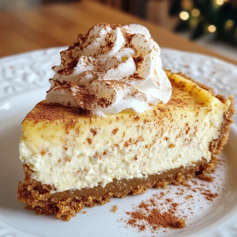 To make this delightful cheesecake, gather the following main ingredients: - 2 cups gingerbread cookies, crushed - 1/2 cup unsalted butter, melted - 3 (8-ounce) packages cream cheese, softened - 1 cup granulated sugar - 3 large eggs - 1 cup sour cream - 1 tablespoon vanilla extract - 2 teaspoons ground ginger - 1 teaspoon ground cinnamon - 1/4 teaspoon ground nutmeg - 1/4 cup brewed espresso, cooled These ingredients create a rich and creamy cheesecake with a warm, spiced flavor. The gingerbread cookies form the crust, giving it a nice crunch. The cream cheese and sour cream provide a smooth texture. For added flair, consider these optional garnishes: - Whipped cream - Ground cinnamon for dusting - Mini gingerbread cookies on the side These garnishes make your cheesecake look even more appealing. They add a festive touch and enhance the flavors. Here is the equipment you will need for making the cheesecake: - 9-inch springform pan - Mixing bowls - Electric mixer - Rubber spatula - Measuring cups and spoons Using the right equipment helps you mix and bake the cheesecake properly. A springform pan is key for easy removal and serving. {{ingredient_image_1}} First, preheat your oven to 325°F (163°C). In a mixing bowl, take 2 cups of crushed gingerbread cookies. Pour in 1/2 cup of melted unsalted butter. Stir them together until the cookies are well coated. This will form a tasty crust. Next, press the gingerbread mix firmly into the bottom of a 9-inch springform pan. Make sure it’s even and compact. Set this crust aside for now. In a large bowl, beat 3 packages of softened cream cheese with an electric mixer. Mix it until it’s smooth and creamy. Gradually add in 1 cup of granulated sugar while mixing. Next, add 3 large eggs, one at a time. Keep the mixer on low speed after each egg. Then, add 1 cup of sour cream and 1 tablespoon of vanilla extract. Sprinkle in 2 teaspoons of ground ginger, 1 teaspoon of ground cinnamon, and 1/4 teaspoon of ground nutmeg. Finally, pour in 1/4 cup of cooled brewed espresso. Mix until everything is just combined. Now, pour the cheesecake filling over the prepared crust in the springform pan. Place it in your preheated oven. Bake for 50 to 60 minutes. The center should be set but still slightly jiggly. Once done, turn off the oven and crack the door. Let the cheesecake cool gradually in the oven for 1 hour. After that, take it out and refrigerate for at least 4 hours. For the best results, chill it overnight to set completely. When ready, carefully remove the sides of the springform pan. Slice the cheesecake into pieces and enjoy! To make your cheesecake creamy, start with softened cream cheese. Room temperature cheese blends easier. Mix it well until there are no lumps. When adding eggs, mix on low speed. This helps avoid too much air, which can cause cracks. Bake until the center is slightly jiggly. This means it's still moist. Let it cool in the oven with the door cracked to prevent sudden changes in temperature. When serving, slice the cheesecake with a warm knife. This helps get clean cuts. Place each slice on a dessert plate. Add a dollop of whipped cream on top. A sprinkle of ground cinnamon adds a nice touch. You can also place a mini gingerbread cookie on the side for fun. This makes the dessert look special and festive. Don't rush the cooling process. Letting the cheesecake cool slowly helps keep it smooth. Avoid overmixing your batter after adding eggs. This can make your cheesecake too airy. Also, don’t skip the chilling time. Refrigerating for at least four hours is key for setting. If you cut too soon, it may fall apart. Pro Tips Use Room Temperature Ingredients: Make sure your cream cheese and eggs are at room temperature for a smoother batter and better mixing. Prevent Cracks: To avoid cracks in your cheesecake, avoid opening the oven door during baking and let it cool gradually in the oven. Flavor Variations: Experiment with different spices or add a splash of your favorite liqueur for an extra flavor kick. Garnish Creatively: Consider garnishing with chocolate shavings or caramel drizzle alongside the whipped cream for a festive presentation. {{image_2}} You can mix in other flavors to your cheesecake. Try adding a splash of peppermint extract for a fresh twist. You can also use pumpkin spice instead of ginger for a fall flavor. If you love chocolate, swirl in some melted chocolate before baking. Each choice gives a new taste to the cheesecake. Make this cheesecake gluten-free with a few easy swaps. Use gluten-free gingerbread cookies for the crust. Check the label on your cream cheese and sugar to ensure they are gluten-free. With these changes, everyone can enjoy this treat. While gingerbread cookies are great, you can change the crust too. Use graham crackers for a classic taste. Chocolate cookies can add richness to your dessert. Almond flour mixed with melted butter makes a nutty crust. Each type of crust adds its special touch to the cheesecake. To keep your gingerbread latte cheesecake fresh, place any leftovers in the fridge. Cover the cheesecake tightly with plastic wrap or use an airtight container. This helps prevent it from drying out. It will stay good for about 4 to 5 days. If you plan to serve it later, try not to add any toppings until you are ready to eat. You can freeze gingerbread latte cheesecake if you have extra. First, let it cool completely. Then, wrap each slice in plastic wrap. Place the wrapped slices in a freezer bag or airtight container. This keeps them safe from freezer burn. The cheesecake can last in the freezer for about 2 to 3 months. When you want to enjoy a slice, move it to the fridge to thaw overnight. If you prefer your cheesecake warm, you can reheat it gently. Preheat your oven to 300°F (150°C). Place the cheesecake on a baking sheet and cover it with aluminum foil. Heat it for about 10 to 15 minutes, or until warm. Be careful not to overheat, as it can change the texture. You can also serve it cold, as it tastes great either way! Gingerbread Latte Cheesecake is a rich dessert. It combines the flavors of gingerbread with creamy cheesecake. The crust is made from crushed gingerbread cookies. The filling has cream cheese, sugar, and spices. Brewed espresso adds a coffee flavor. This dessert is perfect for the holidays. Yes, you can use different cookies for the crust. Try graham crackers or chocolate cookies. Each cookie will give a unique flavor. Just make sure to crush them well. Mix them with melted butter as you would with gingerbread cookies. Check if the center is set but still a bit jiggly. It should not look wet or runny. The edges may puff up slightly. You can also insert a toothpick; it should come out mostly clean. Let it cool in the oven for one hour for best results. Gingerbread latte cheesecake is a delight that combines warm spices and creamy texture. We explored key ingredients, step-by-step instructions, and useful tips for a perfect finish. Remember to consider variations like gluten-free options or different crusts. Store your leftovers properly for future enjoyment. With these insights, you can create a delicious dessert that impresses everyone. Enjoy your baking journey and make it uniquely yours!