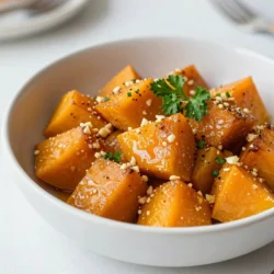 - 1 medium butternut squash, peeled and cubed - 3 tablespoons honey - 2 tablespoons olive oil - 4 cloves garlic, minced - 1 teaspoon ground cinnamon - 1/2 teaspoon ground nutmeg - Salt and pepper to taste - Fresh parsley, chopped You will need a few simple items to make this honey garlic roasted butternut squash. First, pick a good medium-sized butternut squash. Peel it, and then cube it into bite-sized pieces. This helps it cook evenly. Next, grab some honey. Three tablespoons will give your squash a sweet glaze that pairs perfectly with the garlic. You will also need two tablespoons of olive oil. This oil adds richness and helps with cooking. Don't forget garlic! Four cloves, minced, bring a lovely depth of flavor. For spices, use one teaspoon of ground cinnamon and half a teaspoon of ground nutmeg. These spices add warmth and aroma to your dish. Finally, add salt and pepper to taste. These will help balance the sweetness. For garnish, fresh parsley adds a pop of color and brightness. It makes your dish look beautiful and fresh. {{ingredient_image_1}} - Preheat oven to 400°F (200°C). - Line a baking sheet with parchment paper. First, turning on the oven helps it get hot. Parchment paper keeps the squash from sticking. It also makes clean-up easy. - Mix butternut squash with honey and seasonings. In a big bowl, add the cubed squash. Pour in the honey and olive oil. Then, add the minced garlic, cinnamon, nutmeg, salt, and pepper. Mix it all well. Make sure every piece of squash is coated. This step adds flavor and sweetness. - Spread on baking sheet and roast. - Stir halfway for even cooking. After mixing, spread the squash on the baking sheet. Make sure to lay it out in one layer. This helps it roast evenly. Place it in the oven and roast for about 25-30 minutes. Halfway through, stir the squash. This helps it get that nice golden-brown color. When it’s soft and caramelized, it’s ready to eat. To roast butternut squash perfectly, set your oven to 400°F (200°C). This temperature helps the squash caramelize well. Roast for 25-30 minutes. Stir halfway through cooking for even browning. You know it's done when the squash is soft and golden brown. A fork should glide easily through the cubes. For extra flavor, try adding spices like paprika or ginger. These spices bring a nice kick. If you want it sweeter, add more honey, but do it in small amounts. Taste as you go, and adjust until it’s just right for you. Serve your roasted butternut squash in a shallow bowl. This makes it look bright and inviting. Drizzle any leftover honey mixture on top for a shiny finish. Add a sprinkle of fresh parsley for color and freshness. It will catch the eye and make your dish pop! Pro Tips Choosing the Right Squash: Select a butternut squash that feels heavy for its size and has a smooth, blemish-free skin for the best flavor and texture. Honey Alternatives: If you prefer a different sweetener, maple syrup or agave nectar can be used as a substitute for honey, providing a unique twist to the dish. Enhancing Flavor: For an extra depth of flavor, consider adding a pinch of cayenne pepper or smoked paprika to the seasoning mix. Storage Tips: Leftover roasted butternut squash can be stored in an airtight container in the fridge for up to 4 days, making it a great option for meal prep. {{image_2}} You can change the sweet taste by using maple syrup. Maple syrup gives a rich flavor. Just swap out honey for the same amount of syrup. Another option is agave nectar. Agave is sweeter than honey, so use less. Start with two tablespoons and adjust to your liking. Mix in other veggies for a colorful dish. Carrots or Brussels sprouts pair well with butternut squash. They add great texture and flavor. For fall, consider adding sweet potatoes or parsnips. These seasonal veggies enhance the dish's warmth and comfort. To make this dish vegan, replace honey with a plant-based sweetener. Maple syrup or agave nectar works well. For a creamy touch, try coconut cream instead of any dairy. This keeps the dish rich while staying true to vegan ideals. To store your honey garlic roasted butternut squash, let it cool first. Place the squash in an airtight container. This keeps it fresh and safe. You can keep it in the fridge for up to four days. If you want to enjoy it later, this method works great. When it's time to reheat, use your oven or a microwave. For the oven, preheat it to 350°F (175°C). Spread the squash on a baking sheet. Heat it for about 10-15 minutes. This will keep the squash crispy and tasty. If you use a microwave, warm it in short bursts. Stir in between to keep the flavor strong. Yes, you can freeze the roasted squash! To do this, let it cool fully. Place it in a freezer-safe bag or container. Make sure to remove as much air as possible. You can freeze it for up to three months. When you want to use it, thaw in the fridge overnight before reheating. This way, the taste stays fresh and delicious. Roasted butternut squash lasts about 3 to 5 days in the fridge. Make sure to store it in an airtight container. This keeps it fresh and tasty. If you notice any signs of spoilage, like mold or a bad smell, throw it away. Enjoy it within this time for the best flavor and texture. Yes, you can use frozen butternut squash! It works well in many recipes. Just make sure to thaw it first. If you skip thawing, the squash may not roast properly. The texture may change a little, but it still tastes delicious. Be sure to adjust your cooking time, as frozen squash may need a bit longer. Butternut squash is full of great nutrients. It is low in calories and high in fiber. This helps with digestion and keeps you full. It is also rich in vitamins A and C. These vitamins boost your immune system and promote healthy skin. Additionally, butternut squash has antioxidants that protect your body from damage. Enjoying it in this recipe is a tasty way to add nutrients to your diet! In this post, we explored how to roast butternut squash perfectly. We covered the essential ingredients, including honey and garlic. You learned step-by-step instructions for prepping and baking. Tips on flavor, presentation, and variations helped you enhance your dish. Lastly, I provided storage tips to keep leftovers fresh. Roasted butternut squash is tasty and healthy. Try these ideas to create your own delicious treats. Enjoy your cooking journey!