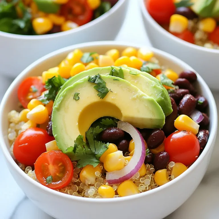 To make the Fiesta Veggie Quinoa Bowl, gather these simple ingredients: - 1 cup quinoa, rinsed - 2 cups vegetable broth - 1 can black beans, drained and rinsed - 1 cup corn (fresh, frozen, or canned) - 1 bell pepper (any color), diced - 1 avocado, sliced - 1 cup cherry tomatoes, halved - ½ red onion, diced - 1 jalapeño, minced (optional for spice) - 1 lime, juiced - 2 tablespoons olive oil - 1 teaspoon cumin - 1 teaspoon smoked paprika - Salt and pepper to taste - Fresh cilantro, chopped (for garnish) You can swap some fresh items for pantry staples if needed. Use canned corn instead of fresh. This saves time and works well. Swap the bell pepper for any other veggies like cucumber or zucchini. If you don't have cilantro, try parsley, or simply leave it out. You can also use lemon juice instead of lime for a different flavor. Each ingredient brings its own health perks. Quinoa is a great protein source. It is also high in fiber and gluten-free. Black beans add more protein and fiber, which helps digestion. The bell pepper is rich in vitamins A and C, boosting your immune system. Avocado offers healthy fats that are good for your heart. Tomatoes are full of antioxidants. This bowl is not just tasty; it is a nutritious meal that fuels your body. {{ingredient_image_1}} To start, grab a medium saucepan. Pour in 2 cups of vegetable broth and bring it to a boil. Once it bubbles, add 1 cup of rinsed quinoa. This step is key. The rinsing removes the bitter coating called saponin. After adding the quinoa, reduce the heat to low. Cover the pot and let it simmer for about 15 minutes. The quinoa is ready when it is fluffy and all the liquid is absorbed. Use a fork to fluff it gently. While the quinoa cooks, you can make the dressing. In a small bowl, whisk together 2 tablespoons of olive oil and the juice of 1 lime. Add 1 teaspoon of cumin and 1 teaspoon of smoked paprika. Season with salt and pepper to taste. This dressing brings all the flavors together. Set it aside until you mix everything. Now it’s time to mix the veggies! In a large mixing bowl, combine 1 can of black beans (drained and rinsed), 1 cup of corn, and a diced bell pepper. You can use any color you like. Next, add 1 cup of halved cherry tomatoes and ½ of a diced red onion. If you want some heat, add a minced jalapeño. Once everything is in the bowl, gently stir to combine. When the quinoa is ready, add it to this veggie mix. Drizzle the dressing over the top and toss gently again. This step blends all the flavors beautifully. Now you’re ready to serve! To get fluffy quinoa, start with rinsing it well. Rinsing removes bitterness. Then, use two cups of vegetable broth for every cup of quinoa. Bring the broth to a boil before adding the quinoa. Cover it and reduce the heat to low. Let it simmer for about 15 minutes. When it's done, fluff it gently with a fork. This method gives you light and airy quinoa every time. When you serve the Fiesta Veggie Quinoa Bowl, think about colors and textures. Use a wooden board for a rustic look. Arrange the quinoa and veggies in deep bowls. Top each bowl with sliced avocado for creaminess. Add fresh cilantro for a burst of flavor. Include lime wedges on the side for a zesty touch. This makes your meal not just tasty but also beautiful. To store leftovers, let them cool first. Then, place them in an airtight container. You can keep the quinoa and veggies together or separate them. Store in the fridge for up to three days. If you want to freeze some, use freezer bags. Label them with the date for easy tracking. When ready to eat, reheat in the microwave until hot. Enjoy your meal again, just as fresh! Pro Tips Rinse the Quinoa: Rinsing the quinoa before cooking removes its natural coating, called saponin, which can taste bitter. Perfectly Fluffy Quinoa: Ensure you let the quinoa rest for a few minutes after cooking, covered, to achieve a light and fluffy texture. Add More Veggies: Feel free to include other vegetables like zucchini, spinach, or roasted sweet potatoes for added flavor and nutrition. Customize Your Dressing: Experiment with different herbs or spices in the dressing, such as cilantro or chili powder, to match your taste preferences. {{image_2}} You can easily add protein to your Fiesta Veggie Quinoa Bowl. Grilled chicken works great. Just season it with salt and pepper. Dice it and mix it in. If you prefer plant-based options, try tofu. Firm tofu is best for this dish. Cube it, then sauté it until golden. You can also use tempeh for a nutty flavor. Both options add texture and nutrition. This recipe is already vegetarian and can be vegan too. If you want to make it vegan, just skip the honey in the dressing. Replace it with maple syrup for sweetness. You can also use plant-based yogurt as a creamy topping. This keeps the dish fresh and light while staying true to plant-based eating. Adding herbs and spices can take your bowl to the next level. Fresh cilantro is a must for garnish. You can also add chopped green onions for a mild kick. For more spice, consider a dash of chili powder or cayenne. If you want a smoky flavor, try adding more smoked paprika. These additions make each bite exciting and full of flavor. To keep your Fiesta Veggie Quinoa Bowl fresh, store it in an airtight container. This helps keep out moisture and odors. Place it in the fridge within two hours of making it. The bowl will last for about three to four days. Before serving, check for any signs of spoilage. If it smells off or looks strange, it's better to toss it. You can freeze this bowl for later. First, let it cool completely. Then, transfer it to a freezer-safe container. Make sure to leave some space for the bowl to expand. It can last up to three months in the freezer. When you're ready to eat, thaw it overnight in the fridge. To reheat, use the microwave or a stovetop. If using the microwave, heat it in short intervals, stirring in between. For stovetop reheating, add a splash of water or broth to keep it moist. Heat it on low to avoid burning. Stir until it's warmed through. Enjoy your meal like it’s fresh! A Fiesta Veggie Quinoa Bowl is a colorful and healthy dish. It features fluffy quinoa, black beans, and fresh veggies. You can find corn, bell peppers, cherry tomatoes, and red onions in it. The bowl is topped with creamy avocado and cilantro. It is full of flavor and nutrition. This meal is perfect for lunch or dinner. To spice up your Fiesta Veggie Quinoa Bowl, add jalapeños or hot sauce. You can use fresh, minced jalapeños for a kick. If you like heat, add more than one pepper. Another option is to mix in cayenne pepper or chili powder. Start with a little, then taste and adjust to your liking. Yes, the Fiesta Veggie Quinoa Bowl is gluten-free. Quinoa is a great gluten-free grain. It works well for people with gluten allergies. Just be sure to check any packaged items, like vegetable broth, for gluten. This bowl is a smart choice for a safe and tasty meal. This post covered how to create a tasty Fiesta Veggie Quinoa Bowl. We went over ingredients, cooking steps, and helpful tips. I also shared fun ways to change the dish and how to store leftovers. Now you can enjoy this healthy meal that fits your diet. Experiment with flavors and stay creative. Your meals can be both fun and nutritious. Enjoy cooking!