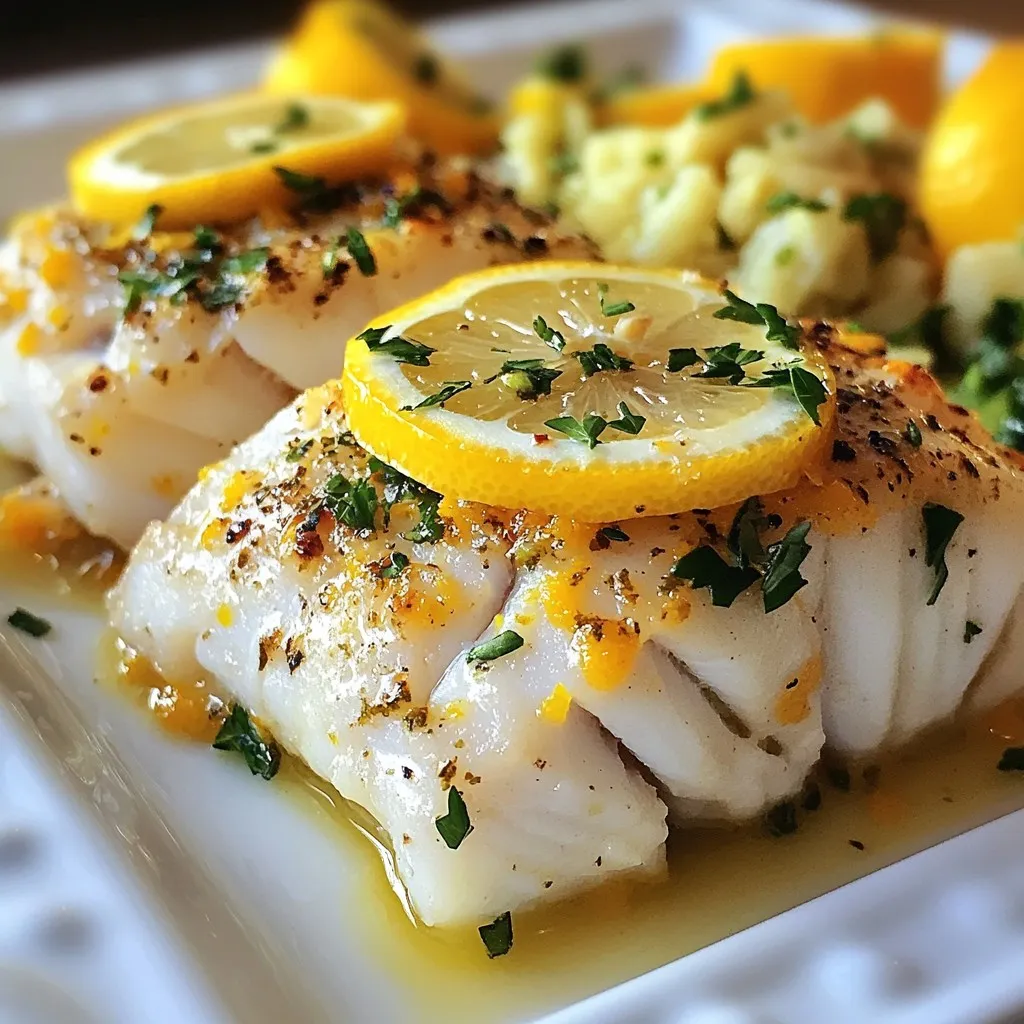 - Cod fillets and portion sizes - 4 cod fillets (about 6 ounces each) - Marinade components - 2 tablespoons olive oil - 2 tablespoons fresh lemon juice - Zest of 1 lemon - 3 cloves garlic, minced - 1 teaspoon dried oregano - 1 teaspoon fresh thyme leaves - Salt and pepper to taste - Garnishing elements - Lemon slices, for garnish - Fresh parsley, chopped (for garnish) Using fresh ingredients makes a big difference in flavor. The cod fillets should be firm and bright. Look for pieces that don’t smell too fishy. The olive oil, lemon juice, and herbs create a bright and zesty marinade. Fresh herbs like thyme add a nice touch of earthiness. When you prepare the marinade, mix it well to blend all the flavors. The garlic gives a nice kick, while the lemon adds freshness. A little salt and pepper balance all the tastes. For garnishing, lemon slices add color and a burst of flavor. Chopped parsley makes the dish look beautiful and fresh. This simple list of ingredients makes your baked cod a delightful meal. It’s easy, tasty, and perfect for any night! {{ingredient_image_1}} 1. First, preheat your oven to 400°F (200°C). This step is key to getting that perfect cook on the cod. 2. Next, mix the herb marinade. In a small bowl, whisk together: - 2 tablespoons olive oil - 2 tablespoons fresh lemon juice - Zest of 1 lemon - 3 cloves garlic, minced - 1 teaspoon dried oregano - 1 teaspoon fresh thyme leaves - Salt and pepper to taste This mixture brings bright flavors to the fish. 3. Now, place the cod fillets in a baking dish. Pour the herb marinade evenly over the fish. Make sure each piece is well coated. 4. Let the cod marinate for about 15-20 minutes at room temperature. This helps the fish soak up all those tasty flavors. 1. After marinating, cover the baking dish with aluminum foil. This keeps the fish moist while it cooks. 2. Bake the cod in the preheated oven for about 15-20 minutes. The fish is done when it flakes easily with a fork. If you want a crispy top, remove the foil in the last 5 minutes of baking. 3. Keep an eye on your fish. Overcooking can lead to dry cod, so check it a few minutes early. 1. Once cooked, take the cod out of the oven. Garnish it with lemon slices and fresh chopped parsley. This adds color and extra flavor. 2. For side dishes, serve the baked cod on a bed of steamed vegetables or alongside a fresh salad. You can drizzle any leftover herb marinade over the top for more taste. How can I adjust herbs and spices? You can easily change the taste by adding different herbs. Try dill or basil for a fresh twist. You can also use spices like paprika or cumin for warmth. Experiment until you find your favorite mix! What other ingredients can I add? Feel free to add sliced tomatoes or olives to the marinade. These ingredients can boost the flavor and add some color. You can also serve the cod with a light sauce, like a yogurt sauce, for extra creaminess. What are the best practices for baking fish? Always preheat your oven to ensure even cooking. Use a baking dish that fits the fish well. Covering the dish with foil keeps the fish moist. Avoid opening the oven door too often, as it lowers the temperature. How do I test for doneness? To check if the cod is done, use a fork to flake the fish gently. If it flakes easily, it's ready. The fish should look opaque and not translucent. You can also use a food thermometer; it should reach 145°F (63°C). What plating techniques can I use? To make your dish look nice, place the cod in the center of the plate. Add a bed of colorful steamed vegetables around it. Drizzle some of the herb marinade on top for a shiny finish. What are some serving suggestions for different occasions? For a casual dinner, serve the cod with rice and a salad. For special events, pair it with roasted potatoes and a glass of white wine. This dish fits any setting, from family meals to elegant gatherings. Pro Tips Marinating Time: Allowing the cod to marinate for at least 15-20 minutes will enhance the flavor significantly. If time permits, marinate for longer in the refrigerator. Foil Technique: Covering the baking dish with foil helps to retain moisture, ensuring the cod stays tender. Remove the foil for the last few minutes of baking for a crispy texture. Fresh Herbs: Whenever possible, use fresh herbs instead of dried for a more vibrant flavor. Fresh thyme and parsley can elevate the dish significantly. Serving Suggestions: Pair the baked cod with a side of quinoa or brown rice for a complete meal. A light white wine can also complement the dish beautifully. {{image_2}} You can swap cod for other fish. If you want a rich taste, try salmon. If you prefer something lighter, tilapia works well. Both can soak up the lemon herb marinade. Just remember to adjust the cooking time. Salmon may need a few extra minutes, while tilapia cooks faster. Feel free to experiment with herbs. Try dill or basil for a fresh twist. You can also add a pinch of red pepper flakes for heat. For a regional touch, use za'atar for a Middle Eastern flavor. Each herb brings a new life to the dish, so mix and match to find your favorite. If you want to change things up, try grilling the cod. Just oil the grill and cook the fish for about 4-6 minutes on each side. Pan-searing is another great option. Heat oil in a skillet and cook each fillet for 3-4 minutes per side. Both methods give a crispy finish. Broiling is also a good choice. It adds a nice char and cooks quickly. Just keep an eye on it, as broiling can burn the fish fast. After cooking, let the cod cool down. Place the cod in an airtight container. It will stay fresh for up to three days in the fridge. Make sure to add any leftover marinade on top to keep the flavor strong. To reheat, use the oven or the microwave. For the oven, preheat it to 350°F (175°C). Place the cod in a baking dish and cover it. Heat for about 10 minutes or until warm. This keeps the texture nice. If using a microwave, heat in short bursts. Check every 30 seconds to avoid overcooking. You can freeze uncooked cod. Wrap it tightly in plastic wrap, then place it in a freezer bag. It will last for up to three months. For cooked cod, let it cool, then store it in a freezer-safe container. To thaw, move it to the fridge overnight. Avoid thawing at room temperature to keep it safe. What type of cod is best for baking? The best type of cod for baking is Atlantic cod. It has a mild flavor and firm texture. Pacific cod is also good but may be slightly flakier. Look for fillets that are thick and even for the best results. How can I tell if my cod is fresh? Fresh cod should smell like the ocean, not fishy. The flesh should be firm and shiny. The color should be bright white or slightly off-white. If the fillets are discolored or have an off smell, they might not be fresh. Can I make this recipe without fresh herbs? Yes, you can use dried herbs instead. Use about one-third of the amount of dried herbs as fresh ones. The flavor will be different but still tasty. You can also try using herb blends for variety. How long does it take to bake cod at 400°F? Baking cod at 400°F takes about 15-20 minutes. The exact time depends on the thickness of the fillets. The cod is done when it flakes easily with a fork. Check it after 15 minutes to avoid overcooking. Is baked cod a healthy option? Yes, baked cod is a healthy option. It is low in calories and high in protein. It also contains omega-3 fatty acids, which are good for your heart. Plus, baking keeps it light without added fats. What are the nutritional benefits of cod fish? Cod is rich in nutrients. It provides vitamins B6 and B12, which help with energy. It also has selenium, important for your immune system. The fish is low in fat, making it a great choice for a balanced meal. This blog post covered everything you need to bake delicious cod. We discussed key ingredients, from the fish to marinades. I shared step-by-step instructions, tips for enhancing flavor, and alternative cooking methods. You learned how to store leftovers and answered common questions about cod. Baking cod is simple and rewarding. Experiment with different herbs and methods to find your favorite. Enjoy your cooking journey with cod and impress your family and friends with your tasty meals!