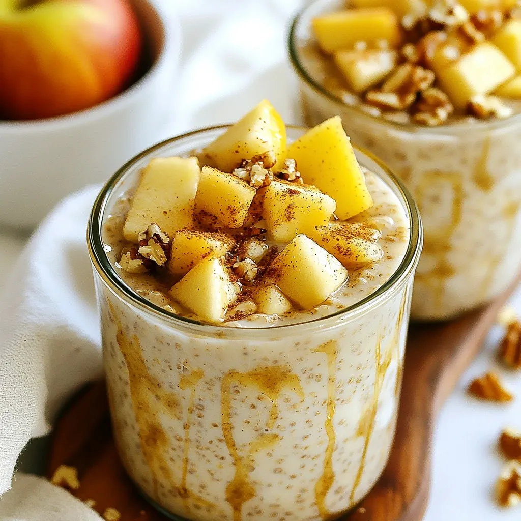 To make Apple Pie Overnight Oats, gather these key ingredients: - 1 cup rolled oats - 1 ½ cups almond milk (or any milk of choice) - 1 apple, peeled and diced - 1 teaspoon cinnamon - 1 tablespoon maple syrup (or honey) - 1 tablespoon chia seeds - ¼ teaspoon nutmeg - A pinch of salt These ingredients form the base of the dish. Rolled oats provide texture, while almond milk keeps it creamy. You can add a few special touches to make your oats even better: - 2 tablespoons Greek yogurt (optional for creaminess) - 2 tablespoons chopped walnuts (for topping) - Additional apple slices (for garnish) Greek yogurt adds a rich texture, while walnuts give a nice crunch. Extra apple slices can make your dish look pretty. This recipe serves two people. Each serving is healthy and filling. Here’s a quick look at the nutrition: - Rolled oats are high in fiber. They help you feel full. - Apples offer vitamins and minerals. They add sweetness too. - Chia seeds provide omega-3 fatty acids. They are good for your heart. - Maple syrup is a natural sweetener, but you can use honey if you prefer. Overall, these ingredients create a well-rounded breakfast. It’s a perfect way to start your day. {{ingredient_image_1}} Start by taking a medium bowl. In this bowl, combine one cup of rolled oats, one and a half cups of almond milk, and one tablespoon of chia seeds. Stir the mixture well. This helps spread the chia seeds evenly. Next, add in one peeled and diced apple, one teaspoon of cinnamon, and a quarter teaspoon of nutmeg. Also, pour in one tablespoon of maple syrup and a pinch of salt. Gently fold all the ingredients together until they blend well. If you like creaminess, mix in two tablespoons of Greek yogurt now. Once your base mixture is ready, divide it into two jars or bowls. Seal them tightly. This keeps the flavors locked in. Refrigerate the jars overnight. This soaking time allows the oats to absorb the almond milk and the tasty flavors. When morning comes, take the jars out. Give the oats a good stir. If they seem too thick, add a little more almond milk to make them just right. When it’s time to serve, top each jar with two tablespoons of chopped walnuts. This adds a nice crunch. You can also add extra apple slices for garnish. If you want more sweetness, drizzle a little more maple syrup on top. For a beautiful look, serve the oats in glass jars. Layer them with apple slices and sprinkle some cinnamon on top. This makes your breakfast not only tasty but also pretty! To make your overnight oats perfect, use rolled oats. They absorb liquid well and stay chewy. Always mix the oats and milk first. Then add the other ingredients. This helps the oats soak in flavors better. Use a jar for easy storage and serving. Glass jars show off the layers and look nice. You can change the sweetness to fit your taste. If you like it sweeter, add more maple syrup or honey. For less sweetness, cut back a bit. Spice is key too. If you love cinnamon, add a little extra. Nutmeg adds warmth, so adjust it to your liking. Taste the mix before it chills to find the right balance. The texture matters for a great eating experience. If your oats are too thick in the morning, just add more almond milk. Stir it well until it feels creamy. If you like it creamy, mix in Greek yogurt. This makes the overnight oats rich and smooth. Topping with walnuts gives a nice crunch, too. Pro Tips Use Fresh Apples: For the best flavor, opt for crisp, fresh apples like Honeycrisp or Granny Smith. They add a delightful sweetness and texture. Experiment with Milk: While almond milk is great, try using oat milk or coconut milk for a different flavor profile that complements the apple pie taste. Customize Sweetness: Adjust the sweetness by varying the amount of maple syrup or honey based on your preference for sweetness levels in your oats. Make Ahead: Prepare multiple jars at once for a quick breakfast throughout the week. Just grab a jar and go! {{image_2}} To make your Apple Pie Overnight Oats dairy-free, use almond milk. You can also try coconut milk or oat milk. Each option gives a unique flavor and creaminess. This way, everyone can enjoy this dish. If you skip the Greek yogurt, it stays dairy-free, too. Want to boost flavor and nutrition? Try adding nuts or seeds. Sliced almonds add a nice crunch. You can also mix in flaxseeds for extra fiber. Dried fruits, like raisins or cranberries, add sweetness. If you enjoy spices, consider adding ginger or allspice for a warm kick. You can swap the apple with other fruits. In fall, try pears for a sweet twist. In summer, fresh berries work well, too. Bananas add a creamy texture and natural sweetness. Just remember to adjust sweeteners based on the fruit you choose. Your oats will still taste amazing! After making your apple pie overnight oats, store any leftovers in the fridge. Use airtight jars or containers to keep them fresh. This helps prevent the oats from drying out or absorbing too many odors from your fridge. You can keep your overnight oats in the fridge for up to five days. However, the best taste comes within the first three days. After that, the oats may become too soft. To keep the flavor fresh, make small batches. If you prefer warm oats, you can reheat them. Simply transfer the oats to a microwave-safe bowl. Heat in short bursts, about 30 seconds at a time. Stir between each interval until they reach your desired warmth. If too thick, add a splash of almond milk while heating. Yes, you can use instant oats. They will absorb liquid faster than rolled oats. This means your overnight oats may be softer. The taste stays great, but the texture will change. If you like a creamier feel, instant oats work well. Overnight oats can last up to five days in the fridge. Just make sure to keep them in a sealed container. This helps keep them fresh. If you add fresh fruit, it’s best to eat them within a couple of days. Yes, you can easily make this recipe vegan. Simply use almond milk or any plant-based milk. Replace Greek yogurt with a vegan yogurt or skip it altogether. The oats will still taste amazing and be dairy-free! This blog post covered how to make tasty overnight oats. We explored essential and optional ingredients, ensuring you have a mix that's both healthy and satisfying. You learned step-by-step instructions for preparation, from combining flavors to perfecting texture. Remember, you can customize oats to fit your taste. Use seasonal fruits or dairy-free options for a fun twist. With the right tips and storage methods, your oats will stay fresh and delicious. Experiment and enjoy the endless variations!