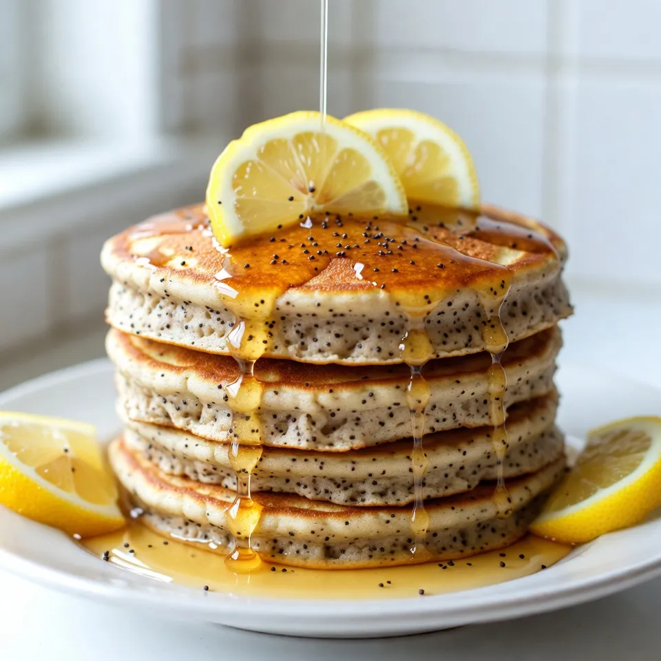 To make Lemon Poppy Seed Pancakes, you need a few key items. Here’s what you will use: - 1 cup all-purpose flour - 2 tablespoons poppy seeds - 2 tablespoons granulated sugar - 1 tablespoon baking powder - 1/2 teaspoon salt - 1 cup buttermilk - 1 large egg - 2 tablespoons melted butter - Zest of 1 lemon - 2 tablespoons fresh lemon juice These ingredients work together to create fluffy and flavorful pancakes. You can make your pancakes even better with some extras. Here are a couple of options: - Maple syrup for serving - Fresh lemon slices for garnish These add sweetness and a bright touch to your dish. Don’t have something on hand? No problem! Here are some easy swaps: - Use whole wheat flour instead of all-purpose flour for a healthier option. - Substitute almond milk for buttermilk if you want a dairy-free version. - If you’re out of eggs, try using a mashed banana or applesauce. These substitutions keep the taste and texture great while meeting your needs. {{ingredient_image_1}} To start, gather your dry ingredients. In a large bowl, add 1 cup of all-purpose flour. Then, sprinkle in 2 tablespoons of poppy seeds. Next, add 2 tablespoons of granulated sugar, 1 tablespoon of baking powder, and 1/2 teaspoon of salt. Whisk them all together until they blend well. This mix gives the pancakes a nice texture and flavor. Now, let’s make the wet mixture. In another bowl, pour in 1 cup of buttermilk. Crack in 1 large egg and add 2 tablespoons of melted butter. Don’t forget the zest of 1 lemon and 2 tablespoons of fresh lemon juice! Whisk this mixture until it is smooth and creamy. This will add a great lemon flavor to your pancakes. Time to combine! Pour the wet mixture into the dry ingredients. Gently fold them together with a spatula. Make sure not to overmix; it’s okay to have small lumps. Now, heat a non-stick skillet over medium heat. Lightly grease it with butter or cooking spray. Pour 1/4 cup of batter for each pancake. Cook until bubbles form on the surface, about 2-3 minutes. When the edges look set, flip the pancakes. Cook for another 2-3 minutes until they are golden brown. Repeat this process until all the batter is used. Adjust the heat if needed to avoid burning. Enjoy your fluffy and flavorful pancakes! To get light and fluffy pancakes, mix your dry and wet ingredients gently. Overmixing makes them dense. Leave some small lumps in the batter. This will help create that nice fluffy texture. Also, let the batter rest for a few minutes. This helps the baking powder work better and makes the pancakes rise. If you have leftover pancakes, stack them with parchment paper in between. This prevents them from sticking together. Place them in an airtight container. They stay fresh for about three days in the fridge. To reheat, use a toaster, microwave, or skillet. Just warm them up gently to keep them soft. Serve your Lemon Poppy Seed Pancakes with warm maple syrup and fresh lemon slices. You can also add a sprinkle of extra poppy seeds for a nice touch. For a fruity twist, try adding berries like blueberries or strawberries. A dollop of whipped cream or yogurt can also enhance the flavor. Enjoy these pancakes with a cup of tea or coffee for a perfect breakfast! Pro Tips Use Fresh Ingredients: For the best flavor, use fresh lemon juice and zest. The zest contains essential oils that provide a vibrant lemony aroma and taste. Don't Overmix: When combining wet and dry ingredients, mix just until combined. Overmixing can lead to tough pancakes. Adjust Cooking Temperature: If pancakes are browning too quickly, lower the heat slightly. A consistent medium heat ensures even cooking. Keep Pancakes Warm: To keep pancakes warm while cooking in batches, place them in a preheated oven at 200°F (93°C) on a baking sheet. {{image_2}} You can easily make gluten-free lemon poppy seed pancakes. Just swap the all-purpose flour for a gluten-free blend. Look for a mix that has xanthan gum; this helps bind the ingredients. The taste will still shine through. To make these pancakes vegan, replace the egg with one mashed banana or 1/4 cup of applesauce. Use plant-based milk instead of buttermilk. You can mix 1 cup of plant milk with 1 tablespoon of vinegar to make your own buttermilk. Use melted coconut oil in place of butter. These swaps will keep your pancakes fluffy. Want to jazz up your pancakes? Try adding different flavors! You can mix in blueberries or raspberries for a fruity twist. A sprinkle of cinnamon can add warmth. If you love nuts, chopped walnuts or pecans give a nice crunch. For a zesty kick, add more lemon zest or a dash of lemon extract. Each of these options makes your pancakes unique and fun to eat! To keep your lemon poppy seed pancakes fresh, store them in an airtight container. Let them cool completely before placing them in the container. If you stack them, place parchment paper between the layers. This prevents sticking and helps preserve texture. Keep the container in the fridge for up to three days. You can freeze lemon poppy seed pancakes for longer storage. First, let them cool completely. Then, place them in a single layer on a baking sheet. Freeze for about an hour until firm. After that, transfer them to a freezer bag. Remove as much air as possible. Label the bag with the date. Pancakes can stay fresh for up to three months in the freezer. To refresh frozen pancakes, you have two easy options. The first is to microwave them. Place a pancake on a plate, cover it with a damp paper towel, and heat for 20-30 seconds. The second method is to reheat them in a skillet. Heat a non-stick skillet over low heat. Cook each pancake for about 1-2 minutes on each side until warm. Enjoy your pancakes warm and fluffy! To stop pancakes from sticking, use a non-stick skillet. Heat it on medium. Add a small amount of butter or cooking spray before each pancake. Make sure the pan is hot enough. When you pour the batter, bubbles should form after a few minutes. This shows it’s time to flip. Yes, you can add fruit! Blueberries and sliced bananas work well. Stir in about half a cup of fruit after mixing the batter. Gently fold it in to avoid breaking the fruit. This will add extra flavor and sweetness to your pancakes. You can serve these pancakes with maple syrup. Fresh fruit like berries or sliced bananas make great toppings too. A dollop of whipped cream adds a nice touch. For a zesty kick, drizzle some extra lemon juice over the top. Enjoy your meal! In this blog post, we explored essential ingredients for making tasty pancakes. I shared tips for texture and storage to keep them fresh. You learned about fun variations, like gluten-free and vegan options. We also answered common questions to help you succeed. In the end, making great pancakes is easy with the right info and a bit of practice. Enjoy your cooking journey!