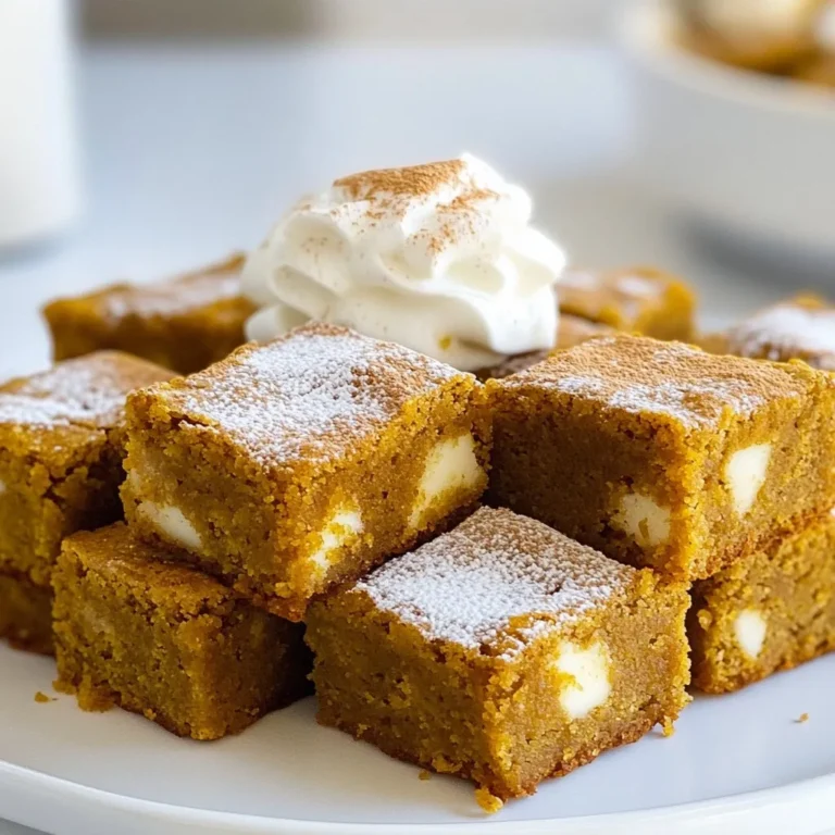 - 1 cup packed brown sugar - 1/2 cup unsalted butter, melted - 1 cup pumpkin puree (canned or fresh) - 2 large eggs - 1 teaspoon vanilla extract To make these blondies sweet and rich, I start with brown sugar. It gives a deep flavor. I use unsalted butter, melted for a smooth mix. Pumpkin puree adds moisture and a fall taste. Eggs help bind the mixture together. Vanilla extract adds a warm note. - 1 1/2 cups all-purpose flour - 1 teaspoon baking powder - 1 teaspoon ground cinnamon - 1 teaspoon ground ginger - 1/2 teaspoon ground nutmeg - 1/2 teaspoon salt For the dry mix, I choose all-purpose flour. It gives a nice, soft texture. Baking powder helps the blondies rise. Ground cinnamon, ginger, and nutmeg bring the fall flavors. Salt balances the sweetness and enhances the taste. - 1/2 cup white chocolate chips - 1/2 cup chopped walnuts or pecans For a fun twist, I like to add white chocolate chips. They melt nicely and add creaminess. Chopped walnuts or pecans give a nice crunch. You can mix these in if you want extra flavor and texture. {{ingredient_image_1}} Start by preheating your oven to 350°F (175°C). Grease an 8x8-inch baking pan with butter. Line the pan with parchment paper, leaving some overhang. This helps you lift the blondies out later. In a bowl, mix the melted butter and brown sugar together. Stir until they blend well. Next, add the pumpkin puree, eggs, and vanilla extract. Whisk these ingredients until the mixture is smooth and creamy. In another bowl, whisk together the dry ingredients. Include flour, baking powder, cinnamon, ginger, nutmeg, and salt. This step is key for even flavor. Now, combine the wet mixture with the dry ingredients. Stir gently until they just mix. Do not overmix, or the blondies will be tough. Pour the batter into the prepared pan. Smooth the top with a spatula. Bake for about 25-30 minutes. Check for doneness by inserting a toothpick in the center. It should come out clean. Let the blondies cool in the pan for about 10 minutes. Use the parchment paper to lift them out. Allow them to cool completely on a wire rack. Cut into squares and enjoy with coffee or tea! To get that fudgy texture, avoid overmixing the batter. When you combine the wet and dry ingredients, stir gently. Mix just until you see no dry flour. This keeps your blondies soft and chewy. You can boost flavor by adding spices or extracts. Try a bit of allspice for warmth or a splash of almond extract for depth. These little tweaks make your blondies extra special. Pair your blondies with a warm drink. Coffee or chai tea works great. The cozy flavors of these drinks mesh well with the sweet pumpkin spice. Enjoy them with friends for a perfect fall treat! Pro Tips Use Fresh Pumpkin: For an extra depth of flavor, consider using fresh pumpkin puree instead of canned. Roast and puree your own pumpkin for the best results. Don’t Overmix: When combining the dry and wet ingredients, mix just until incorporated. Overmixing can lead to tough blondies. Storage Tips: Store your blondies in an airtight container at room temperature for up to 5 days, or refrigerate for longer freshness. Add Spice Variations: Feel free to experiment with additional spices such as allspice or cloves for a unique flavor twist! {{image_2}} If you want nut-free blondies, simply skip the nuts. You can replace them with extra white chocolate chips. This keeps the blondies rich and sweet without any nut allergies. Some people even add seeds like sunflower or pumpkin seeds for a nice crunch. These seeds add flavor and texture without the risk of allergies. You can mix in other spices to change the taste. Try adding a pinch of cardamom or allspice for a new twist. You can also swap white chocolate for dark chocolate chips for a richer flavor. For a fun twist, consider adding caramel chips or butterscotch chips. Each choice gives a unique taste that can surprise your guests. To make these blondies vegan, you need to replace the eggs and butter. Use a flax egg, which is made by mixing one tablespoon of ground flaxseed with two and a half tablespoons of water. Let it sit until it thickens. For the butter, use vegan butter or coconut oil. These swaps keep the blondies moist and delicious without dairy. To keep your pumpkin spice blondies fresh, store them in an airtight container. This will help lock in moisture and flavor. Place a piece of parchment paper between layers if stacking them. Blondies stay best at room temperature for up to four days. If you want to keep them longer, refrigeration is an option. Just note that cold can change their texture. You can freeze these blondies to enjoy later! First, let them cool completely. Next, wrap each blondie tightly in plastic wrap. Then, place the wrapped blondies in a freezer-safe bag. You can freeze them for up to three months. When you are ready to eat them, simply thaw them in the fridge overnight. To make your blondies warm and gooey again, preheat your oven to 350°F. Place the blondies on a baking sheet and heat for about 10 minutes. You can also microwave them for 15-20 seconds. Add a scoop of ice cream on top for a tasty twist! Enjoy the warm flavors of fall, any time of year! Yes, you can use fresh pumpkin. To make fresh pumpkin puree, follow these steps: - Choose a sugar pumpkin: These are sweeter and have a smoother texture. - Roast it: Cut the pumpkin in half, remove seeds, and roast cut-side down at 400°F (200°C) for about 45 minutes. - Scoop and blend: Once soft, scoop the flesh and blend it until smooth. This gives a fresh taste, but remember to drain excess water. To keep blondies fresh: - Cool completely: Let them cool to room temperature. - Airtight container: Place them in a sealed container. - Room temperature: Store at room temperature for up to 3 days. For longer storage, wrap them in plastic and freeze. Yes, you can make these blondies gluten-free. Here are some options: - Almond flour: This gives a nutty flavor. - Coconut flour: Use less, as it absorbs moisture. - Gluten-free all-purpose flour: A fantastic one-to-one substitute. Make sure the baking powder is gluten-free too. To boost chocolate flavor, consider these options: - Cocoa powder: Add 1/4 cup to the dry mix. - Chocolate chunks: Fold in 1/2 cup for rich bites. These additions make each bite even more delightful. Enjoy! In this blog post, you've learned how to make tasty pumpkin spice blondies. We covered key ingredients like brown sugar, butter, and pumpkin puree. I shared step-by-step instructions for baking, cooling, and serving. You also discovered tips for texture and flavor, along with variations for allergies or diet choices. Enjoy experimenting with this recipe! Remember, the magic is in personalizing it. Whether you try nuts or spices, have fun making these blondies your own. Happy baking!