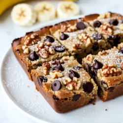To make banana bread blondies, you need: - 2 ripe bananas, mashed - 1/2 cup unsalted butter, melted - 1 cup brown sugar, packed - 1 large egg - 1 teaspoon vanilla extract - 1 cup all-purpose flour - 1/2 teaspoon baking soda - 1/4 teaspoon salt - 1/2 cup chopped walnuts (optional) - 1/2 cup chocolate chips These simple ingredients create a sweet and moist treat. The ripe bananas add natural sweetness and flavor. The melted butter helps keep the blondies rich and tender. Brown sugar gives a deep flavor that pairs well with bananas. You can make your blondies even more fun with add-ins. Here are some tasty options: - Chopped pecans - Dried fruit like cranberries or apricots - Peanut butter chips - Shredded coconut These add-ins can change the flavor and texture. You can mix and match based on what you like. If you run out of something, don’t worry! Here are some smart swaps: - Use coconut oil instead of butter for a dairy-free option. - Swap out the egg for a flax egg. Mix 1 tablespoon of flaxseed meal with 2.5 tablespoons of water. - Whole wheat flour can replace all-purpose flour for a healthier twist. These substitutions can help you customize your blondies while keeping them delicious! {{ingredient_image_1}} 1. Start by preheating your oven to 350°F (175°C). This step gets your oven ready for baking. 2. Grease an 8x8 inch baking dish or line it with parchment paper. This makes it easy to remove the blondies later. 3. In a large mixing bowl, mash two ripe bananas. Use a fork or a potato masher for this. 4. Pour in 1/2 cup of melted unsalted butter. Mix these two until smooth. 5. Add in 1 cup of packed brown sugar next. Stir well until fully mixed. 6. Crack 1 large egg into the bowl. Add 1 teaspoon of vanilla extract. Mix until everything is well combined. 7. In another bowl, whisk together 1 cup of all-purpose flour, 1/2 teaspoon of baking soda, and 1/4 teaspoon of salt. 8. Gradually add the dry mix to the wet mixture. Stir just until they blend. Be careful not to overmix; this keeps your blondies soft. 9. If you like, fold in 1/2 cup of chopped walnuts and 1/2 cup of chocolate chips. Make sure they are evenly spread in the batter. 10. Pour the batter into your prepared baking dish. Spread it out evenly with a spatula. 11. Place your dish in the preheated oven. Bake for 25 to 30 minutes. Check for doneness by inserting a toothpick. It should come out clean. 12. Once baked, let the blondies cool in the pan for about 15 minutes. This helps them set. 13. Carefully transfer them to a wire rack to cool completely. This allows air to circulate around them. 14. After they cool, cut them into squares and serve. Enjoy your delicious banana bread blondies! To make the best banana bread blondies, follow these tips: - Use ripe bananas. They add more flavor and sweetness. - Melt the butter, but let it cool slightly before mixing. This keeps the batter smooth. - Mix the wet and dry ingredients separately first. This helps blend them well. - Don't overmix the batter. Stop mixing as soon as you see no dry flour. - Check the blondies at 25 minutes. Ovens can vary, and you want them just right. Here are some common mistakes when making blondies: - Using unripe bananas. They don’t give enough flavor. - Skipping the parchment paper. It makes removal easier and keeps them neat. - Adding too many mix-ins. Stick to what the recipe suggests for best results. - Opening the oven door too soon. This can cause them to sink in the middle. - Not letting them cool. They need time to set before cutting. Serve your banana bread blondies in fun ways: - Dust with powdered sugar for a sweet finish. - Top with banana slices for a fresh touch. - Pair with vanilla ice cream for a treat. - Enjoy with a cup of coffee or tea for a cozy snack. - Store leftovers in an airtight container to keep them fresh. Pro Tips Use Overripe Bananas: The riper the bananas, the sweeter and more flavorful your blondies will be. Look for bananas with brown spots for the best results. Don’t Overmix: To keep your blondies chewy, mix the batter just until the dry ingredients are combined. Overmixing can lead to dense blondies. Customize Add-ins: Feel free to substitute the walnuts and chocolate chips with your favorite mix-ins, such as dried fruit, peanut butter chips, or even coconut flakes. Check for Doneness: Since ovens can vary, start checking your blondies at the 25-minute mark. They are done when a toothpick inserted in the center comes out clean or with a few moist crumbs. {{image_2}} You can easily make vegan banana bread blondies. Switch the egg for a flax egg. To make a flax egg, mix 1 tablespoon of ground flaxseed with 2.5 tablespoons of water. Let it sit for 5 minutes. Use coconut oil instead of butter for a rich flavor. Replace the chocolate chips with vegan ones for the same great taste. These small changes keep the blondies moist and delicious. To make gluten-free banana bread blondies, swap the all-purpose flour for gluten-free flour. Look for a blend that works well in baked goods. You can also use almond flour for a nutty flavor. Just keep an eye on the baking time, as gluten-free flours may bake faster or slower. The result will still be soft and tasty. You can add spices to boost the flavor. Try cinnamon or nutmeg for a warm taste. A pinch of cardamom can also add a nice twist. If you want to mix in more goodies, try adding chopped nuts, dried fruit, or even peanut butter chips. These extras make each bite even more exciting. Let your creativity shine with these simple changes! Store your banana bread blondies in an airtight container. Keep them at room temperature for up to three days. If you want them to last longer, you can refrigerate them. This helps keep them fresh and moist for about a week. Freezing is a great option if you have extra blondies. First, cut them into squares. Wrap each square in plastic wrap. Then, place them in a freezer-safe bag or container. They can freeze for up to three months. When you want some, just pull them out and let them thaw. Reheating your blondies is easy. You can use a microwave or an oven. For the microwave, heat them for about 10 to 15 seconds. If you prefer the oven, preheat it to 350°F (175°C). Place the blondies on a baking sheet and warm them for about 5 minutes. This will bring back their soft texture and flavor. Yes, overripe bananas work great for this recipe. They add more flavor and moisture. The darker the banana, the sweeter it is. Mash them well, and you'll have a tasty base for your blondies. Check for doneness using a toothpick. Insert it into the center of the blondies. If it comes out clean or with a few crumbs, they are ready. The edges may look golden brown, and the center should feel firm yet slightly soft. Absolutely! You can add nuts, like walnuts or pecans, for crunch. Dried fruits or coconut can also boost flavor. You can even swap chocolate chips for peanut butter chips. Get creative with your mix-ins! Blondies are made with brown sugar and have a sweet, caramel flavor. They are lighter in color compared to brownies. Brownies contain cocoa powder, giving them a rich chocolate flavor. Both are delicious treats, but the taste and texture vary. In this post, we covered how to make delicious Banana Bread Blondies. We discussed key ingredients, optional add-ins, and substitutions. You learned step-by-step instructions, baking tips, and common mistakes to avoid. We also explored variations, storage methods, and common questions. Enjoy your baking adventure! With these tips, you can create your perfect blondies every time.