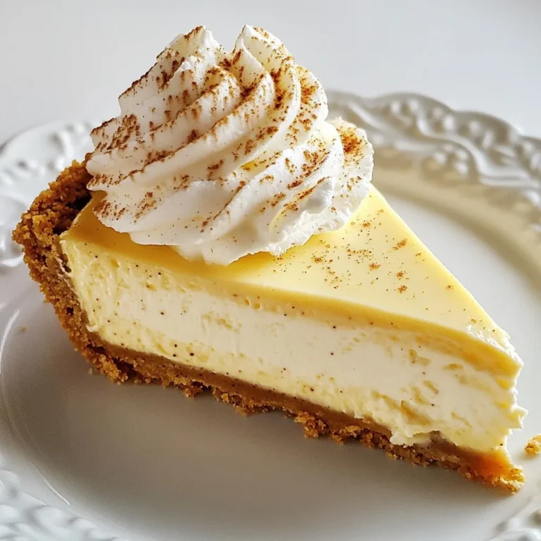 To make eggnog cheesecake, gather these essential ingredients: - 1 ½ cups graham cracker crumbs - ½ cup unsalted butter, melted - 2 tablespoons sugar - 3 (8-ounce) packages cream cheese, softened - 1 cup sugar - 3 large eggs - 1 teaspoon vanilla extract - 1 teaspoon ground nutmeg - 1 teaspoon ground cinnamon - 1 cup eggnog (store-bought or homemade) These ingredients create a rich and creamy cheesecake that captures the spirit of the holidays. The cream cheese adds a velvety texture, while the spices bring warmth and flavor. Eggnog gives it that festive touch that everyone loves. You can elevate your eggnog cheesecake with these fun toppings: - Whipped cream for a light finish - Grated nutmeg for a festive touch - Chocolate shavings for a sweet contrast - Crushed gingerbread cookies for extra flavor These toppings add visual appeal and enhance the taste. Feel free to mix and match! If you need alternatives, here are some great swaps: - Use digestive biscuits instead of graham cracker crumbs for a different crust. - Swap unsalted butter with coconut oil for a dairy-free option. - Replace cream cheese with vegan cream cheese for a plant-based version. - Use almond milk or soy milk mixed with spices as a substitute for eggnog. These substitutes can help you customize the recipe to fit your needs. Don't hesitate to get creative! {{ingredient_image_1}} To start, I preheat my oven to 325°F (160°C). I grab a 9-inch springform pan and grease it. In a medium bowl, I mix 1 ½ cups of graham cracker crumbs, ½ cup of melted unsalted butter, and 2 tablespoons of sugar. I blend these until they come together well. Next, I press this mixture into the bottom of the springform pan. I make sure it’s even all around. I then bake the crust for 10 minutes. After baking, I remove it from the oven and let it cool. In a large mixing bowl, I beat 3 packages of softened cream cheese until smooth. I gradually add 1 cup of sugar, mixing well until it’s fully combined. Next, I add 3 large eggs one by one, mixing after each addition. Then, I stir in 1 teaspoon of vanilla extract, 1 teaspoon of ground nutmeg, 1 teaspoon of ground cinnamon, and 1 cup of eggnog. I mix until everything is just blended. This filling smells amazing and tastes even better! Now, I carefully pour the cheesecake filling over the cooled crust in the springform pan. I place it in the preheated oven and bake for 55-60 minutes. I check the edges to see if they are set. The center should still jiggle a bit. Once it’s done, I turn off the oven and leave the cheesecake inside with the door slightly open for 1 hour. This helps cool it and prevents cracks. After an hour, I take it out and let it cool to room temperature. I then refrigerate it for at least 4 hours, but I prefer to let it chill overnight. This wait makes the cheesecake even better! To get a smooth, creamy texture, use softened cream cheese. Cold cream cheese creates lumps. Beat it until it is light and fluffy. Add sugar slowly while mixing. This method helps blend well. Also, mix in eggs one at a time. This keeps air from getting trapped. Finally, add eggnog, vanilla, and spices gently. Do not over-mix at this stage. Cracks can ruin your beautiful cheesecake. To avoid this, bake at a low temperature. The oven should be set to 325°F (160°C). After baking, leave the cheesecake in the oven with the door open for one hour. This slow cooling helps prevent cracks. Also, ensure your springform pan is well greased. A good seal keeps moisture in and cracks out. For a stunning presentation, chill your cheesecake overnight. This helps it set perfectly. Before serving, add whipped cream on top. A sprinkle of grated nutmeg adds color and flavor. Use a hot knife to slice the cheesecake. The heat makes cutting easier and cleaner. Serve each slice on a festive plate for a special touch. Pro Tips Use Room Temperature Cream Cheese: Make sure your cream cheese is at room temperature for a smoother batter and to prevent lumps in your cheesecake. Don’t Overmix: Mix just until combined after adding the eggs to avoid incorporating too much air, which can cause cracks during baking. Cool Gradually: Allowing the cheesecake to cool in the oven with the door ajar helps to prevent cracking by reducing temperature shock. Chill Overnight: For the best texture and flavor, chill the cheesecake overnight before serving to let the flavors meld beautifully. {{image_2}} You can make your eggnog cheesecake even more special by adding flavors. Consider using a splash of bourbon or rum for a festive twist. Both add warmth and depth to the taste. You might also try adding orange zest for a bright, citrusy note. If you want a sweeter touch, mix in some caramel or chocolate chips. Each of these options can create a unique flavor that excites your palate. While graham cracker crust is classic, you can switch it up. Use crushed ginger snaps for a spiced flavor. They pair nicely with the eggnog. Another idea is an Oreo crust, which adds a rich chocolate layer. If you prefer gluten-free options, try almond flour mixed with butter. Each crust variation brings a new taste and texture to your cheesecake. Toppings can really showcase your cheesecake. Whipped cream is a simple yet elegant option. You can sprinkle grated nutmeg or cinnamon on top for a pop of flavor. For a more festive look, consider adding candy canes or chopped nuts. Fresh berries or pomegranate seeds can also add color and freshness. These toppings not only taste great, but they also make your cheesecake a showstopper. To keep your eggnog cheesecake fresh, wrap it well. Use plastic wrap or foil. Place it in the fridge. This way, it stays tasty for up to five days. If you cut slices, use a cake saver. This protects the edges and keeps it moist. If you want to save your cheesecake longer, freezing is a great option. First, let it cool completely. Wrap it tightly in plastic wrap, then foil. This helps prevent freezer burn. You can freeze it for up to three months. When ready to eat, thaw it in the fridge overnight. Reheating cheesecake needs care to keep its creaminess. Avoid the microwave if you can. Instead, let it sit at room temperature for about 30 minutes. If you must use the microwave, heat it in short bursts. Use low power to warm it gently without cooking it. Enjoy your creamy delight! You can use milk or cream instead of eggnog. Add a bit of vanilla to make it sweet. Use a teaspoon of nutmeg and cinnamon for the holiday flavor. This keeps the taste festive and creamy. Eggnog cheesecake lasts about 5 to 7 days in the fridge. Store it in an airtight container for best results. This helps keep it fresh and tasty. Yes, you can make this cheesecake up to two days ahead. It tastes even better after chilling overnight. Just remember to cover it well in the fridge. This way, you can enjoy your time with guests without stress. Eggnog cheesecake is a tasty treat for the holidays. We covered the main ingredients, optional toppings, and smart substitutes. Next, we shared easy steps to make the crust, filling, and bake it perfectly. You learned tips for a creamy cheesecake and how to avoid cracks. Feel free to try fun flavors and creative toppings. Remember, you can store leftovers safely or freeze them for later. Making this cheesecake ahead of time is also a great option. Enjoy your baking!
