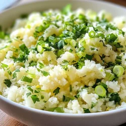 - 1 large head of cauliflower - 2 tablespoons olive oil - 1/2 teaspoon cumin - 1/2 teaspoon garlic powder - Salt and pepper to taste - Juice of 1 lime - Zest of 1 lime - 1/2 cup fresh cilantro, chopped - 1/4 cup green onions, sliced (optional) To make this dish, you start with a large head of cauliflower. It’s the star of the show! You will need olive oil to sauté the cauliflower. Cumin and garlic powder add a warm flavor. Don’t forget salt and pepper for seasoning. The juice and zest of one lime bring a bright taste. Fresh cilantro adds a burst of color and flavor. Optionally, you can use green onions for extra crunch. This simple list helps create a flavorful and fresh dish that can brighten any meal. You can enjoy it as a side or as a base for your favorite proteins. Each ingredient plays a role in making the dish vibrant and tasty. If you like, feel free to add more herbs or spices to match your taste. {{ingredient_image_1}} To start, cut your cauliflower into small florets. This step is key. Smaller pieces allow for even cooking. After that, use a food processor or a box grater to turn the florets into rice-sized bits. This process takes just a few minutes and gives you the perfect texture for your dish. Set the grated cauliflower aside while you heat your skillet. Next, heat two tablespoons of olive oil in a large skillet over medium heat. Once the oil is hot, add the grated cauliflower to the skillet. Sauté it for about 5 to 7 minutes. Stir occasionally so it cooks evenly. You want the cauliflower to soften, but it should still be a bit crisp. Now, sprinkle in half a teaspoon of cumin and half a teaspoon of garlic powder. These spices will give your cauliflower rice a warm, rich flavor. Mix well, then season with salt and pepper to taste. Cook for another 2 to 3 minutes. This final cooking will meld the flavors together and finish off the cauliflower rice. Once your cauliflower rice is tender, remove the skillet from the heat. Here comes the fun part! Stir in the juice and zest of one lime. This adds a fresh, zesty kick that brightens the dish. Next, gently fold in half a cup of chopped cilantro and, if you like, a quarter cup of sliced green onions. Mixing these in gives the dish a fresh finish. Make sure everything is evenly distributed. Now, your cilantro lime cauliflower rice is ready to serve! Enjoy it warm as a side or as a base for your favorite protein or veggie bowl. To get the best cauliflower rice, focus on texture. You want it to feel light and fluffy. Grate or process the cauliflower until it is rice-sized. This step is key. If the pieces are too big, they won’t cook right. To avoid mushy cauliflower rice, don’t overcook it. Sauté the grated cauliflower for about 5-7 minutes. Stir it often but keep an eye on it. It should stay a bit crispy. When it looks tender but not soft, it’s ready. Spices and herbs can boost the taste of your cauliflower rice. Cumin and garlic powder add warmth and depth. For an extra kick, try adding some chili powder or paprika. Fresh herbs like cilantro brighten the dish. You can also add other vegetables for color and nutrients. Diced bell peppers, peas, or corn work well. Just sauté them with the cauliflower for added flavor. Cilantro lime cauliflower rice pairs well with many proteins. It’s great with grilled chicken, shrimp, or tofu. You can also use it as a base for bowls. Top it with roasted veggies, beans, or avocado for a filling meal. This dish is also perfect in salads. Mix it with greens, beans, and your favorite dressing. The fresh flavors make every bite enjoyable. Pro Tips Choose Fresh Cauliflower: Always select a firm and fresh head of cauliflower for the best flavor and texture. Customize Your Seasoning: Feel free to adjust the spices to your preference; adding chili powder or paprika can give it a nice kick! Don't Overcook: Aim for a tender yet slightly crispy texture in the cauliflower rice to maintain its integrity and flavor. Enhance with Acidity: Adding a splash of vinegar or an extra squeeze of lime can brighten the dish even more. {{image_2}} You can change the taste of cilantro lime cauliflower rice by adding jalapeños for spice. Just chop a small amount and mix it in while cooking. This will give your dish a nice kick. You can also try mixing in other herbs like parsley or basil. These add fresh notes and keep each bite exciting. If you want a vegan option, this dish is perfect as it is. All the ingredients fit a vegan diet. For those on a low-carb or keto diet, this recipe is great too. Cauliflower is low in carbs, making it an ideal substitute for rice. Just watch the amount of oil you use to keep it healthy. You can cook cauliflower rice in a few different ways. If you are short on time, try using a microwave. Just steam the cauliflower rice for a few minutes. If you love smoky flavors, grilling is a great option. Spread the cauliflower rice on a grill and cook until it has those nice char marks. Each method gives a unique taste and texture to your dish. To keep your cilantro lime cauliflower rice fresh, put it in the fridge. Use an airtight container to prevent moisture loss. This helps keep the flavors strong and the texture nice. Make sure to cool it down before sealing. Leftovers can last for about 3 to 5 days in the fridge. If you want to store your cauliflower rice for longer, freezing is a great option. Start by letting it cool completely. Then, scoop it into freezer-safe bags or containers. Try to remove as much air as possible. This will help avoid freezer burn. When you’re ready to use it, thaw the rice in the fridge overnight. You can also microwave it for quicker thawing. Heat it in a skillet to warm it up and regain some texture. Cilantro lime cauliflower rice lasts about 3 to 5 days in the fridge. In the freezer, it can stay good for up to 3 months. Always check for any off smells or changes in texture. If it looks or smells bad, it's best to toss it. This way, you can enjoy your dish without worry! Cauliflower rice is simply cauliflower that is grated or processed into tiny, rice-like pieces. It is low in carbs and full of vitamins. You get fiber, vitamin C, and antioxidants from it. This dish is great for those who want a healthy base for meals. You can use cauliflower rice in stir-fries, burrito bowls, or as a side dish. It is a smart, tasty choice for anyone looking to eat better. To boost the flavor, try adding fresh herbs like parsley or basil. You can use spices like chili powder, paprika, or turmeric to change the taste. For a kick, add jalapeños or red pepper flakes. Mixing in veggies like bell peppers or peas can also enhance flavor and nutrition. You can even toss in some nuts or seeds for a crunchy twist. Just remember to adjust the salt and pepper for balance. Yes, you can prepare cilantro lime cauliflower rice ahead of time. To meal prep, cook the cauliflower rice and let it cool down. Store it in an airtight container in the fridge for up to 4 days. If you want to keep it longer, freeze it in portions. Just thaw in the fridge overnight before reheating. When you are ready, warm it in a skillet or microwave. This makes it easy to enjoy fresh flavors on busy days! You learned how to make cilantro lime cauliflower rice step by step. We covered the right ingredients, cooking methods, and storage tips. This dish is healthy, low-carb, and easy to make. You can customize it with your favorite flavors and vegetables. Enjoying this recipe will impress family and friends, while also keeping things nutritious. Now, you have all the tools to create a delicious meal. Try it out and have fun in the kitchen!
