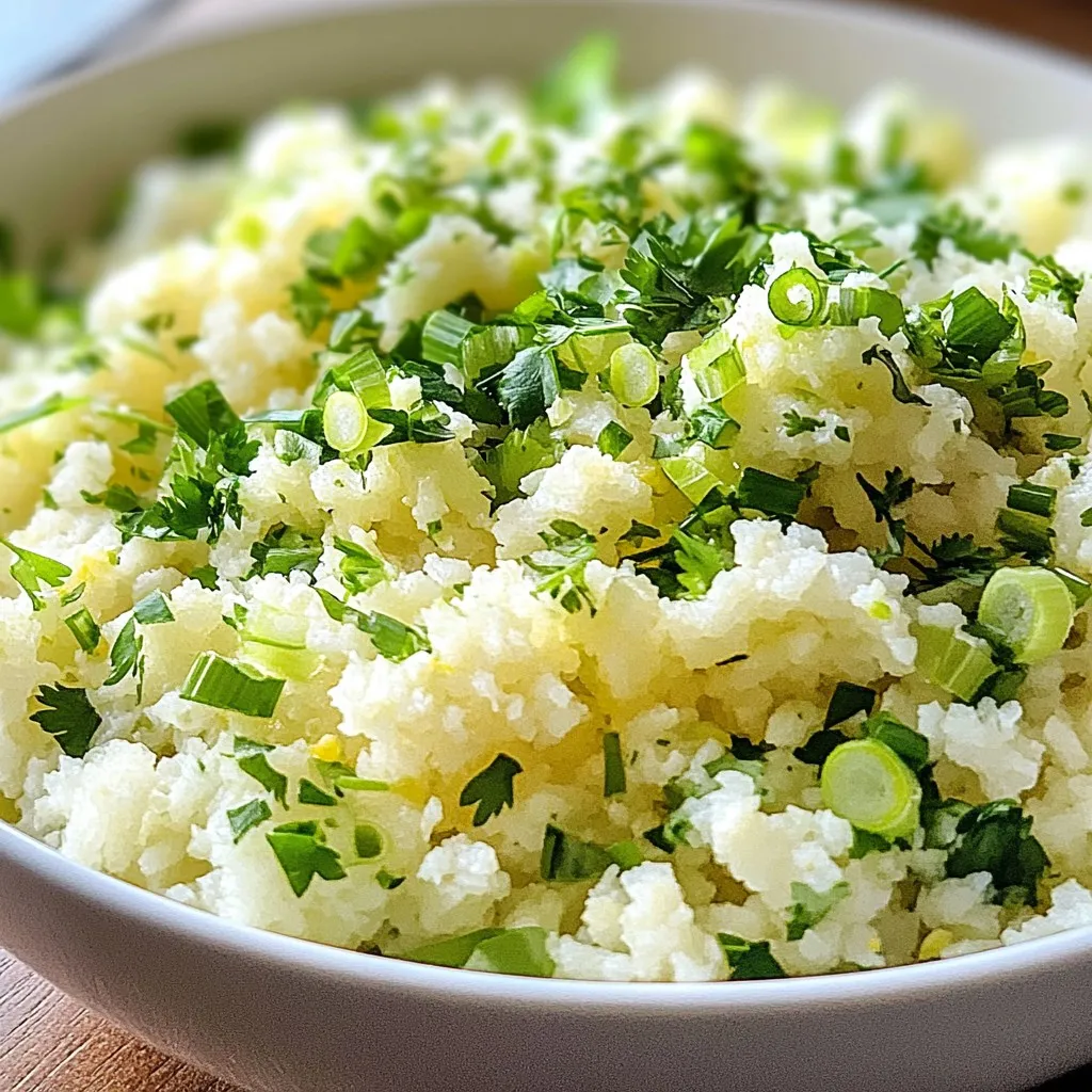 - 1 large head of cauliflower - 2 tablespoons olive oil - 1/2 teaspoon cumin - 1/2 teaspoon garlic powder - Salt and pepper to taste - Juice of 1 lime - Zest of 1 lime - 1/2 cup fresh cilantro, chopped - 1/4 cup green onions, sliced (optional) To make this dish, you start with a large head of cauliflower. It’s the star of the show! You will need olive oil to sauté the cauliflower. Cumin and garlic powder add a warm flavor. Don’t forget salt and pepper for seasoning. The juice and zest of one lime bring a bright taste. Fresh cilantro adds a burst of color and flavor. Optionally, you can use green onions for extra crunch. This simple list helps create a flavorful and fresh dish that can brighten any meal. You can enjoy it as a side or as a base for your favorite proteins. Each ingredient plays a role in making the dish vibrant and tasty. If you like, feel free to add more herbs or spices to match your taste. {{ingredient_image_1}} To start, cut your cauliflower into small florets. This step is key. Smaller pieces allow for even cooking. After that, use a food processor or a box grater to turn the florets into rice-sized bits. This process takes just a few minutes and gives you the perfect texture for your dish. Set the grated cauliflower aside while you heat your skillet. Next, heat two tablespoons of olive oil in a large skillet over medium heat. Once the oil is hot, add the grated cauliflower to the skillet. Sauté it for about 5 to 7 minutes. Stir occasionally so it cooks evenly. You want the cauliflower to soften, but it should still be a bit crisp. Now, sprinkle in half a teaspoon of cumin and half a teaspoon of garlic powder. These spices will give your cauliflower rice a warm, rich flavor. Mix well, then season with salt and pepper to taste. Cook for another 2 to 3 minutes. This final cooking will meld the flavors together and finish off the cauliflower rice. Once your cauliflower rice is tender, remove the skillet from the heat. Here comes the fun part! Stir in the juice and zest of one lime. This adds a fresh, zesty kick that brightens the dish. Next, gently fold in half a cup of chopped cilantro and, if you like, a quarter cup of sliced green onions. Mixing these in gives the dish a fresh finish. Make sure everything is evenly distributed. Now, your cilantro lime cauliflower rice is ready to serve! Enjoy it warm as a side or as a base for your favorite protein or veggie bowl. To get the best cauliflower rice, focus on texture. You want it to feel light and fluffy. Grate or process the cauliflower until it is rice-sized. This step is key. If the pieces are too big, they won’t cook right. To avoid mushy cauliflower rice, don’t overcook it. Sauté the grated cauliflower for about 5-7 minutes. Stir it often but keep an eye on it. It should stay a bit crispy. When it looks tender but not soft, it’s ready. Spices and herbs can boost the taste of your cauliflower rice. Cumin and garlic powder add warmth and depth. For an extra kick, try adding some chili powder or paprika. Fresh herbs like cilantro brighten the dish. You can also add other vegetables for color and nutrients. Diced bell peppers, peas, or corn work well. Just sauté them with the cauliflower for added flavor. Cilantro lime cauliflower rice pairs well with many proteins. It’s great with grilled chicken, shrimp, or tofu. You can also use it as a base for bowls. Top it with roasted veggies, beans, or avocado for a filling meal. This dish is also perfect in salads. Mix it with greens, beans, and your favorite dressing. The fresh flavors make every bite enjoyable. Pro Tips Choose Fresh Cauliflower: Always select a firm and fresh head of cauliflower for the best flavor and texture. Customize Your Seasoning: Feel free to adjust the spices to your preference; adding chili powder or paprika can give it a nice kick! Don't Overcook: Aim for a tender yet slightly crispy texture in the cauliflower rice to maintain its integrity and flavor. Enhance with Acidity: Adding a splash of vinegar or an extra squeeze of lime can brighten the dish even more. {{image_2}} You can change the taste of cilantro lime cauliflower rice by adding jalapeños for spice. Just chop a small amount and mix it in while cooking. This will give your dish a nice kick. You can also try mixing in other herbs like parsley or basil. These add fresh notes and keep each bite exciting. If you want a vegan option, this dish is perfect as it is. All the ingredients fit a vegan diet. For those on a low-carb or keto diet, this recipe is great too. Cauliflower is low in carbs, making it an ideal substitute for rice. Just watch the amount of oil you use to keep it healthy. You can cook cauliflower rice in a few different ways. If you are short on time, try using a microwave. Just steam the cauliflower rice for a few minutes. If you love smoky flavors, grilling is a great option. Spread the cauliflower rice on a grill and cook until it has those nice char marks. Each method gives a unique taste and texture to your dish. To keep your cilantro lime cauliflower rice fresh, put it in the fridge. Use an airtight container to prevent moisture loss. This helps keep the flavors strong and the texture nice. Make sure to cool it down before sealing. Leftovers can last for about 3 to 5 days in the fridge. If you want to store your cauliflower rice for longer, freezing is a great option. Start by letting it cool completely. Then, scoop it into freezer-safe bags or containers. Try to remove as much air as possible. This will help avoid freezer burn. When you’re ready to use it, thaw the rice in the fridge overnight. You can also microwave it for quicker thawing. Heat it in a skillet to warm it up and regain some texture. Cilantro lime cauliflower rice lasts about 3 to 5 days in the fridge. In the freezer, it can stay good for up to 3 months. Always check for any off smells or changes in texture. If it looks or smells bad, it's best to toss it. This way, you can enjoy your dish without worry! Cauliflower rice is simply cauliflower that is grated or processed into tiny, rice-like pieces. It is low in carbs and full of vitamins. You get fiber, vitamin C, and antioxidants from it. This dish is great for those who want a healthy base for meals. You can use cauliflower rice in stir-fries, burrito bowls, or as a side dish. It is a smart, tasty choice for anyone looking to eat better. To boost the flavor, try adding fresh herbs like parsley or basil. You can use spices like chili powder, paprika, or turmeric to change the taste. For a kick, add jalapeños or red pepper flakes. Mixing in veggies like bell peppers or peas can also enhance flavor and nutrition. You can even toss in some nuts or seeds for a crunchy twist. Just remember to adjust the salt and pepper for balance. Yes, you can prepare cilantro lime cauliflower rice ahead of time. To meal prep, cook the cauliflower rice and let it cool down. Store it in an airtight container in the fridge for up to 4 days. If you want to keep it longer, freeze it in portions. Just thaw in the fridge overnight before reheating. When you are ready, warm it in a skillet or microwave. This makes it easy to enjoy fresh flavors on busy days! You learned how to make cilantro lime cauliflower rice step by step. We covered the right ingredients, cooking methods, and storage tips. This dish is healthy, low-carb, and easy to make. You can customize it with your favorite flavors and vegetables. Enjoying this recipe will impress family and friends, while also keeping things nutritious. Now, you have all the tools to create a delicious meal. Try it out and have fun in the kitchen!
