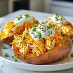 - 4 medium sweet potatoes - 2 cups cooked chicken, shredded - 1/2 cup buffalo sauce (adjust for heat preference) - 1/2 cup Greek yogurt (or sour cream) - 1 cup shredded cheddar cheese When I create Buffalo Chicken Stuffed Sweet Potatoes, I start with sweet potatoes. They are sweet and creamy. Next, I use cooked chicken. Shredded chicken works best for mixing. The buffalo sauce adds a spicy kick. I often adjust the heat based on my taste. Greek yogurt gives a creamy texture. You can use sour cream if you prefer. Finally, I sprinkle shredded cheddar cheese on top for a tasty finish. - 1/4 cup green onions, chopped - 1/4 cup crumbled blue cheese (optional) I love adding green onions for a fresh crunch. They also add a pop of color. Crumbled blue cheese is optional but adds a rich flavor. You can skip it if you’re not a fan. - Olive oil - Salt and pepper I use olive oil to coat the sweet potatoes. It helps them bake nicely. A sprinkle of salt and pepper enhances the flavor. These simple ingredients make a big difference. {{ingredient_image_1}} 1. Preheat your oven to 400°F (200°C). This high heat cooks the sweet potatoes evenly. 2. Wash the sweet potatoes well. Clean them to remove dirt and grit. 3. Poke several holes in each potato with a fork. This lets steam escape as they cook. 4. Rub a little olive oil over each potato. It helps create a nice skin. 5. Sprinkle salt on the potatoes for flavor. Then, place them on a lined baking sheet. 6. Bake for 45-60 minutes until tender. A fork should easily pierce through them. 1. In a large bowl, combine your shredded chicken with buffalo sauce. 2. Stir well until the chicken is fully coated. Make sure each piece gets some sauce! 1. Once your sweet potatoes are done, take them out and cool slightly. 2. Cut each potato down the center lengthwise. 3. Gently fluff the insides with a fork to make space for stuffing. 4. Spoon the buffalo chicken mixture into each sweet potato. Fill them evenly. 5. Top each potato with Greek yogurt, shredded cheddar, green onions, and blue cheese if you like. 6. Place the stuffed potatoes back in the oven. Bake for 10-15 minutes until the cheese melts and bubbles. To know when your sweet potatoes are done, use a fork. If the fork goes in easily, they are ready. Sweet potatoes vary in size, so adjust the bake time. Smaller ones need about 45 minutes, while larger ones may take up to 60 minutes. Choosing the right buffalo sauce is key. Some sauces are mild, while others are very hot. Test a small amount first. If you want less heat, add toppings like Greek yogurt or sour cream. These cool the dish and add creaminess. Buffalo chicken stuffed sweet potatoes pair well with a simple side salad. You can also serve them with crunchy veggies like carrots or celery. For garnishing, sprinkle extra green onions or blue cheese on top. This adds color and flavor to your dish. Pro Tips Choose the Right Sweet Potatoes: Look for sweet potatoes that are firm and smooth without any soft spots or blemishes for the best texture and flavor. Adjusting the Heat: You can modify the spice level of the dish by adding more or less buffalo sauce, or even mixing in some ranch dressing for a milder flavor. Maximize Cheese Melting: For extra gooey cheese, cover the stuffed sweet potatoes with aluminum foil during the last baking phase to help melt the cheese thoroughly. Prep Ahead: You can prepare the buffalo chicken mixture a day in advance and store it in the fridge, making it easier to assemble and bake the sweet potatoes when you're ready to serve. {{image_2}} You can switch up the protein in this dish. If you want a lighter option, try turkey. Shredded turkey works well and keeps the flavor. For a plant-based choice, use meatless chicken. Brands like Beyond Meat or Gardein offer great taste. Other meats work, too. Shredded pork or beef can add a fun twist. Just adjust the buffalo sauce to match your meat choice. Cheese adds creaminess and flavor. Shredded cheddar cheese is classic, but feel free to explore. Try Monterey Jack for a milder taste. Pepper Jack gives a spicy kick. If you need a dairy-free option, look for vegan cheese. Products made from nuts or soy melt nicely and taste great. Just check the label for flavor and texture. You can make this dish just right for your family. For a milder version, use less buffalo sauce. Mix in some Greek yogurt or sour cream to cool it down. If you like it hot, add more buffalo sauce. You can also sprinkle on red pepper flakes for extra heat. Adjust the spice to fit everyone’s taste. To keep your stuffed sweet potatoes fresh, store them in an airtight container. Place a layer of parchment paper between layers if stacking. This helps prevent sticking. You can refrigerate them for up to four days. When reheating, use an oven or microwave. For the best texture, reheat in the oven at 350°F (175°C) for about 15 minutes. This keeps the sweet potatoes soft and the cheese melty. You can freeze stuffed sweet potatoes if you want to save some for later. First, let them cool completely. Wrap each sweet potato tightly in plastic wrap, then place them in a freezer bag. This keeps out air and prevents freezer burn. They can stay frozen for up to three months. When you're ready to eat, thaw them in the fridge overnight. Reheat in the oven until warm, about 20-25 minutes at 350°F (175°C). Cooked stuffed sweet potatoes last about four days in the fridge. Look for signs of spoilage, like a bad smell or mold. If the sweet potatoes feel slimy or have an off-color, throw them out. Always trust your senses. If something seems off, it’s better to be safe. Yes, you can prepare the components in advance. - Cook the sweet potatoes: Bake and cool them. Store in the fridge. - Prepare the filling: Mix the shredded chicken with buffalo sauce. Store it in a separate container. - Assemble later: When ready to eat, stuff the sweet potatoes and bake them. This way, you save time on busy days while still enjoying a fresh meal. There are a few easy methods to cook sweet potatoes. - Baking: This gives a sweet flavor. Preheat your oven to 400°F. Bake for 45-60 minutes until soft. - Microwaving: This is the fastest method. Poke holes in the sweet potatoes and microwave for 5-10 minutes. - Boiling: Cut the sweet potatoes into chunks. Boil in water for 15-20 minutes until tender. Each method works well, but baking gives the best flavor and texture for this recipe. Making Buffalo Chicken Stuffed Sweet Potatoes vegetarian is easy. - Use plant-based chicken: There are many brands that taste great. - Try chickpeas: Mash them with buffalo sauce for a hearty filling. - Use jackfruit: Shred it and mix with buffalo sauce for a meat-like texture. These options keep the dish tasty and satisfying for everyone! Buffalo chicken stuffed sweet potatoes offer a tasty and simple meal. We covered the key ingredients like sweet potatoes, chicken, and buffalo sauce. I shared tips for baking and adjusting flavors to fit your taste. You can also explore variations, storage options, and find answers to common questions. Don't hesitate to try this dish with your favorite toppings. It’s a fun and delicious way to enjoy healthy ingredients. Enjoy your cooking adventure and share it with friends!