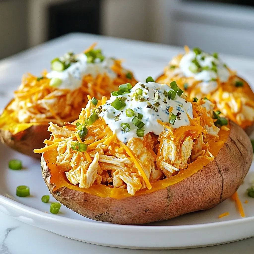 - 4 medium sweet potatoes - 2 cups cooked chicken, shredded - 1/2 cup buffalo sauce (adjust for heat preference) - 1/2 cup Greek yogurt (or sour cream) - 1 cup shredded cheddar cheese When I create Buffalo Chicken Stuffed Sweet Potatoes, I start with sweet potatoes. They are sweet and creamy. Next, I use cooked chicken. Shredded chicken works best for mixing. The buffalo sauce adds a spicy kick. I often adjust the heat based on my taste. Greek yogurt gives a creamy texture. You can use sour cream if you prefer. Finally, I sprinkle shredded cheddar cheese on top for a tasty finish. - 1/4 cup green onions, chopped - 1/4 cup crumbled blue cheese (optional) I love adding green onions for a fresh crunch. They also add a pop of color. Crumbled blue cheese is optional but adds a rich flavor. You can skip it if you’re not a fan. - Olive oil - Salt and pepper I use olive oil to coat the sweet potatoes. It helps them bake nicely. A sprinkle of salt and pepper enhances the flavor. These simple ingredients make a big difference. {{ingredient_image_1}} 1. Preheat your oven to 400°F (200°C). This high heat cooks the sweet potatoes evenly. 2. Wash the sweet potatoes well. Clean them to remove dirt and grit. 3. Poke several holes in each potato with a fork. This lets steam escape as they cook. 4. Rub a little olive oil over each potato. It helps create a nice skin. 5. Sprinkle salt on the potatoes for flavor. Then, place them on a lined baking sheet. 6. Bake for 45-60 minutes until tender. A fork should easily pierce through them. 1. In a large bowl, combine your shredded chicken with buffalo sauce. 2. Stir well until the chicken is fully coated. Make sure each piece gets some sauce! 1. Once your sweet potatoes are done, take them out and cool slightly. 2. Cut each potato down the center lengthwise. 3. Gently fluff the insides with a fork to make space for stuffing. 4. Spoon the buffalo chicken mixture into each sweet potato. Fill them evenly. 5. Top each potato with Greek yogurt, shredded cheddar, green onions, and blue cheese if you like. 6. Place the stuffed potatoes back in the oven. Bake for 10-15 minutes until the cheese melts and bubbles. To know when your sweet potatoes are done, use a fork. If the fork goes in easily, they are ready. Sweet potatoes vary in size, so adjust the bake time. Smaller ones need about 45 minutes, while larger ones may take up to 60 minutes. Choosing the right buffalo sauce is key. Some sauces are mild, while others are very hot. Test a small amount first. If you want less heat, add toppings like Greek yogurt or sour cream. These cool the dish and add creaminess. Buffalo chicken stuffed sweet potatoes pair well with a simple side salad. You can also serve them with crunchy veggies like carrots or celery. For garnishing, sprinkle extra green onions or blue cheese on top. This adds color and flavor to your dish. Pro Tips Choose the Right Sweet Potatoes: Look for sweet potatoes that are firm and smooth without any soft spots or blemishes for the best texture and flavor. Adjusting the Heat: You can modify the spice level of the dish by adding more or less buffalo sauce, or even mixing in some ranch dressing for a milder flavor. Maximize Cheese Melting: For extra gooey cheese, cover the stuffed sweet potatoes with aluminum foil during the last baking phase to help melt the cheese thoroughly. Prep Ahead: You can prepare the buffalo chicken mixture a day in advance and store it in the fridge, making it easier to assemble and bake the sweet potatoes when you're ready to serve. {{image_2}} You can switch up the protein in this dish. If you want a lighter option, try turkey. Shredded turkey works well and keeps the flavor. For a plant-based choice, use meatless chicken. Brands like Beyond Meat or Gardein offer great taste. Other meats work, too. Shredded pork or beef can add a fun twist. Just adjust the buffalo sauce to match your meat choice. Cheese adds creaminess and flavor. Shredded cheddar cheese is classic, but feel free to explore. Try Monterey Jack for a milder taste. Pepper Jack gives a spicy kick. If you need a dairy-free option, look for vegan cheese. Products made from nuts or soy melt nicely and taste great. Just check the label for flavor and texture. You can make this dish just right for your family. For a milder version, use less buffalo sauce. Mix in some Greek yogurt or sour cream to cool it down. If you like it hot, add more buffalo sauce. You can also sprinkle on red pepper flakes for extra heat. Adjust the spice to fit everyone’s taste. To keep your stuffed sweet potatoes fresh, store them in an airtight container. Place a layer of parchment paper between layers if stacking. This helps prevent sticking. You can refrigerate them for up to four days. When reheating, use an oven or microwave. For the best texture, reheat in the oven at 350°F (175°C) for about 15 minutes. This keeps the sweet potatoes soft and the cheese melty. You can freeze stuffed sweet potatoes if you want to save some for later. First, let them cool completely. Wrap each sweet potato tightly in plastic wrap, then place them in a freezer bag. This keeps out air and prevents freezer burn. They can stay frozen for up to three months. When you're ready to eat, thaw them in the fridge overnight. Reheat in the oven until warm, about 20-25 minutes at 350°F (175°C). Cooked stuffed sweet potatoes last about four days in the fridge. Look for signs of spoilage, like a bad smell or mold. If the sweet potatoes feel slimy or have an off-color, throw them out. Always trust your senses. If something seems off, it’s better to be safe. Yes, you can prepare the components in advance. - Cook the sweet potatoes: Bake and cool them. Store in the fridge. - Prepare the filling: Mix the shredded chicken with buffalo sauce. Store it in a separate container. - Assemble later: When ready to eat, stuff the sweet potatoes and bake them. This way, you save time on busy days while still enjoying a fresh meal. There are a few easy methods to cook sweet potatoes. - Baking: This gives a sweet flavor. Preheat your oven to 400°F. Bake for 45-60 minutes until soft. - Microwaving: This is the fastest method. Poke holes in the sweet potatoes and microwave for 5-10 minutes. - Boiling: Cut the sweet potatoes into chunks. Boil in water for 15-20 minutes until tender. Each method works well, but baking gives the best flavor and texture for this recipe. Making Buffalo Chicken Stuffed Sweet Potatoes vegetarian is easy. - Use plant-based chicken: There are many brands that taste great. - Try chickpeas: Mash them with buffalo sauce for a hearty filling. - Use jackfruit: Shred it and mix with buffalo sauce for a meat-like texture. These options keep the dish tasty and satisfying for everyone! Buffalo chicken stuffed sweet potatoes offer a tasty and simple meal. We covered the key ingredients like sweet potatoes, chicken, and buffalo sauce. I shared tips for baking and adjusting flavors to fit your taste. You can also explore variations, storage options, and find answers to common questions. Don't hesitate to try this dish with your favorite toppings. It’s a fun and delicious way to enjoy healthy ingredients. Enjoy your cooking adventure and share it with friends!