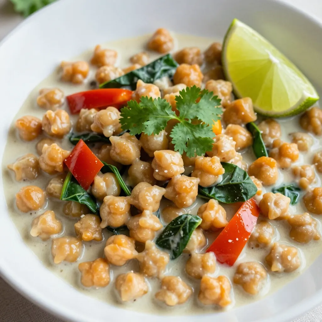 - 1 can (15 oz) chickpeas, drained and rinsed - 1 can (13.5 oz) coconut milk - 1 medium onion, finely chopped - 2 cloves garlic, minced - 1 tablespoon fresh ginger, grated Chickpeas are the star of this dish. They add protein and texture. Coconut milk brings creaminess and a rich flavor. Onions, garlic, and ginger form a fragrant base. Together, they create a lovely aroma as they cook. - 1 tablespoon red curry paste - 1 teaspoon ground cumin - 1 teaspoon turmeric powder Red curry paste gives this dish its warm spice. Cumin adds earthiness, while turmeric offers a vibrant yellow hue. These spices blend beautifully, creating a depth of flavor that excites the palate. - 1 bell pepper (red or yellow), chopped - 1 cup fresh spinach - Fresh cilantro, for garnish - Lime wedges, for serving Bell pepper adds sweetness and crunch. Fresh spinach wilts down, adding color and nutrients. Garnishing with cilantro brightens the dish. Lime wedges give a zesty kick when squeezed over the curry. These fresh additions round out the flavors and make each bite delightful. {{ingredient_image_1}} - Preparing the ingredients: Start by gathering all of your ingredients. You need 1 can of chickpeas, 1 can of coconut milk, 1 medium onion, 2 cloves of garlic, and 1 tablespoon of fresh ginger. Chop the onion finely. Mince the garlic and grate the ginger. Also, chop 1 bell pepper and rinse 1 cup of fresh spinach. - Heating oil and sautéing: In a large pan, heat 2 tablespoons of olive oil over medium heat. Once the oil is hot, add the chopped onion. Sauté the onion until it is translucent, which should take about 5 minutes. This step builds a great base for your curry. - Adding spices and coconut milk: Next, stir in the minced garlic and grated ginger. Cook these for another minute until they smell amazing. Add 1 tablespoon of red curry paste, 1 teaspoon of ground cumin, and 1 teaspoon of turmeric powder. Stir well and let the spices cook for 2 minutes. This allows the flavors to bloom. - Incorporating chickpeas and vegetables: Pour in the coconut milk and bring the mixture to a simmer. Once simmering, add the drained and rinsed chickpeas along with the chopped bell pepper. Cook everything for about 10-12 minutes, or until the bell pepper is tender. This will create a rich and creamy texture. - Adding spinach: After the bell pepper is tender, stir in the fresh spinach. Cook until the spinach wilts, which should take about 2-3 minutes. This step adds color and nutrition to your dish. - Serving suggestions: Remove the pan from heat and let it stand for a minute. Serve the curry in shallow bowls. Garnish with fresh cilantro and a lime wedge on the side for a zesty kick. For a complete meal, pair it with a bowl of jasmine rice. Enjoy your flavorful plant-based delight! To get the best flavor from your Coconut Curry Chickpeas, start with fresh ingredients. Fresh garlic and ginger add a nice kick. Use high-quality coconut milk; it makes a creamy base. When cooking, let your spices bloom. This means cooking them in oil for a few minutes before adding other ingredients. Avoid overcrowding the pan. This keeps the heat up and helps everything cook evenly. Common mistakes include not rinsing the chickpeas. Rinsing removes excess sodium. Also, don't skip the spinach; it adds color and nutrients. Lastly, taste your dish as you cook. Adjust the salt and pepper to your liking. For side dishes, jasmine rice pairs perfectly. It soaks up the rich curry flavor. You can also serve it with naan for a fun twist. To present your dish, use shallow bowls. Garnish each serving with fresh cilantro and a lime wedge. This adds color and a zesty taste. A sprinkle of sesame seeds can also enhance your dish's look. This recipe is naturally vegan, making it great for plant-based diets. For gluten-free adjustments, ensure your red curry paste is gluten-free. Most brands are, but always check labels. You can also add other vegetables, like zucchini or carrots, for more nutrition. If you want more protein, consider adding tofu. Just sauté it with the onions until golden. This dish is flexible, so feel free to customize it to fit your dietary needs. Pro Tips Use Fresh Ingredients: Whenever possible, opt for fresh spices and vegetables. Fresh ingredients enhance the flavor profile and overall aroma of your coconut curry. Adjust Spice Level: If you prefer a milder dish, start with less red curry paste and gradually increase to your taste. You can always add more, but it's hard to tone down the heat! Experiment with Vegetables: Feel free to add or substitute other vegetables like zucchini, carrots, or snap peas to customize your dish and add variety. Perfect Pairing: Serve your coconut curry chickpeas over jasmine rice or with naan bread for a satisfying meal that soaks up all the delicious sauce. {{image_2}} You can add many vegetables to your coconut curry chickpeas. Try carrots, zucchini, or sweet potatoes. These will add flavor and texture. You can also use seasonal produce. In summer, add fresh corn or cherry tomatoes. In fall, use butternut squash. Each new veggie will bring its own taste and color to the dish. If you want more protein, consider adding chicken or tofu. Cook chicken pieces until golden, then add them with the chickpeas. For tofu, cube it and fry until crispy before adding. This will give your meal a nice crunch. You can also use tempeh for a great plant-based option. All these proteins will work well with the coconut curry sauce. Adjusting the spice level is easy. If you like it mild, reduce the red curry paste. Start with a tablespoon and taste as you go. You can also add more coconut milk to tone down the heat. For extra spice, add sliced fresh chili peppers or a pinch of cayenne. Always taste before serving to find your perfect heat level. To keep your coconut curry chickpeas fresh, use a glass or plastic container with a lid. Make sure the container seals well to avoid spills and keep the flavors in. Once the curry cools, place it in the container and store it in the fridge. It’s best to eat leftovers within 3 to 4 days. Always label the container with the date to track freshness. You can freeze coconut curry chickpeas for later. First, let the curry cool completely. Then, pour it into freezer-safe bags or containers. Remove as much air as possible to prevent freezer burn. Seal tightly and label with the date. You can freeze it for up to 3 months. When you are ready to eat, thaw it in the fridge overnight. To reheat, warm it on the stove over low heat until hot. Stir occasionally to keep it smooth. In the fridge, coconut curry chickpeas last about 3 to 4 days. If you freeze them, they can last up to 3 months. Always check for signs of spoilage. If you see mold, a sour smell, or a change in texture, it’s best to toss it out. Freshness is key to enjoying this tasty dish! Yes, you can use dried chickpeas. First, soak them in water overnight. Then, cook them until soft. This will take about 1 to 2 hours. Make sure to drain and rinse them before adding to the curry. The texture will be great! If you need a substitute for coconut milk, try almond milk or soy milk. For a creamier texture, use cashew cream or blended silken tofu. These options will change the flavor a bit but still taste good in this dish. To add more heat, include sliced fresh chili peppers. You can also add extra red curry paste. If you like it really hot, try a dash of cayenne pepper. Start with a little and taste as you go! Yes, Coconut Curry Chickpeas are perfect for meal prep! They store well in the fridge for up to 4 days. Just keep them in an airtight container. You can also freeze them for up to 3 months. This makes for easy meals later! This dish uses chickpeas and coconut milk for rich flavor and texture. You prepare it by sautéing onions, adding spices, and mixing in fresh veggies. Cooking tips help you avoid mistakes and suggest great pairings. You can adjust spice levels or add chicken for variety. Proper storage ensures it stays fresh longer. Enjoy this tasty recipe as a healthy meal that fits many diets. You’ll love experimenting and making it your own!