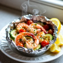 - Large shrimp (1 lb peeled and deveined) - Unsalted butter (4 tablespoons, melted) - Garlic (4 cloves, minced) - Lemon (1, juiced and zested) - Red pepper flakes (1 teaspoon, adjustable) - Cherry tomatoes (1 cup, halved) - Zucchini (1 cup, sliced into half-moons) - Fresh parsley (1/4 cup, chopped) - Salt and pepper to taste - Lemon wedges for serving Gathering these ingredients is the first step to creating your Garlic Butter Shrimp Scampi Foil Packs. The shrimp forms the star of the dish, bringing a sweet and briny flavor. Using large shrimp makes for a satisfying bite. The unsalted butter and garlic work together to create a rich sauce that coats the shrimp beautifully. Lemon adds a bright touch. The juice lifts the dish, while the zest gives extra punch. Red pepper flakes add a hint of heat. You can adjust the amount based on your spice preference. Cherry tomatoes and zucchini add color and texture. They soak up the garlic butter and balance the dish. Fresh parsley brings a pop of green and freshness. Don't forget salt and pepper to enhance all the flavors. Lastly, lemon wedges provide a zesty kick at the table. This blend of ingredients makes your foil packs not just tasty but also colorful and inviting. {{ingredient_image_1}} - Preheat your grill or oven to 400°F (200°C). - In a medium bowl, mix melted butter, minced garlic, lemon juice, lemon zest, red pepper flakes, salt, and pepper. Stir well until combined. - Take four sheets of foil. On each sheet, place a portion of shrimp in the center. - Add cherry tomatoes and sliced zucchini on top of the shrimp. - Drizzle the garlic butter mixture evenly over the shrimp and veggies. - Fold the foil sheets over the shrimp to make tight packets. Pinch the edges well to keep steam inside. - Place the foil packs on the grill or in the oven. Cook for 15-20 minutes, until the shrimp turn pink and opaque. When you open the foil packs, be careful. Hot steam will escape. - Ensure shrimp is fresh for best flavor. Fresh shrimp makes a big difference in taste. - Adjust red pepper flakes for desired spice level. If you like heat, add more flakes. If not, use less. - Serve foil packs directly to guests to enhance the experience. It adds fun and excitement to the meal. - Suggest pairing with crusty bread for soaking up sauce. The bread will soak up the garlic butter, making every bite delicious. - Use an appealing garnish with fresh parsley before serving. The green color brightens the dish and makes it look inviting. Enjoy the aroma and the taste! Pro Tips Fresh Shrimp is Best: Always opt for fresh shrimp if possible. Frozen shrimp can work, but ensure they are properly thawed and patted dry before cooking for the best texture. Customize Veggies: Feel free to swap in your favorite vegetables. Asparagus, bell peppers, or even corn can add variety and flavor to your dish. Perfectly Sealed Packets: Make sure to tightly seal the foil packets to keep all the flavors and steam inside, which helps cook the shrimp evenly and retain moisture. Serving Suggestions: Serve with a side of crusty bread or over a bed of rice to soak up the delicious garlic butter sauce. A fresh salad also pairs well! {{image_2}} You can switch the shrimp for other proteins. Scallops work well for a sweet taste. They cook fast, just like shrimp. Chicken is another choice. Use boneless chicken thighs or breasts. Cut them into small pieces for even cooking. Feel free to change the veggies for different flavors and textures. Asparagus adds a nice crunch and color. Bell peppers bring sweetness and great taste. Snap peas give a fresh snap with each bite. Mix and match your favorites! To boost the flavor, try adding white wine. It adds a rich depth that enhances the dish. Chicken broth is another option. It gives a savory note that pairs well with the garlic and butter. Use these tips to make the dish your own! Store any leftover garlic butter shrimp scampi in an airtight container. It stays fresh for up to 2 days in the refrigerator. Make sure to let it cool before sealing. This helps keep the shrimp tender and the flavors intact. To reheat, you can use either the oven or microwave. If using the oven, set it to a low temperature. This warms the shrimp gently. For the microwave, heat in short bursts. Check often to ensure the shrimp heats thoroughly without overcooking. You can freeze the shrimp scampi in individual packets. Just wrap them tightly in foil before freezing. They can last up to 2 months in the freezer. This makes for quick meals later. Just thaw in the fridge overnight before reheating. You should cook garlic butter shrimp scampi foil packs for 15-20 minutes. Preheat your grill or oven to 400°F (200°C) before cooking. Check the shrimp after 15 minutes. They should turn pink and opaque when done. Yes, you can prep these foil packs ahead of time. Combine the shrimp and veggies in the foil and drizzle with the garlic butter mix. Seal them tightly and store in the fridge for up to 24 hours before cooking. Just cook them straight from the fridge when you’re ready. You can serve garlic butter shrimp scampi foil packs with various sides. Here are some tasty options: - Crusty bread for dipping in the garlic butter sauce - A fresh green salad for a light touch - Steamed rice to soak up the sauce - Roasted potatoes for a filling side - Grilled vegetables for extra flavor These sides will complement the shrimp perfectly! This blog post guides you through making delicious garlic butter shrimp scampi foil packs. You learned about key ingredients, specific cooking steps, and helpful tips. Remember to use fresh shrimp for the best taste. Feel free to switch proteins or vegetables to suit your taste. Don’t forget to store leftovers in the fridge or freeze them for later. Enjoy sharing these flavorful meals with friends and family while making cooking fun and easy!