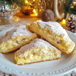 - 2 cups all-purpose flour - 1/3 cup granulated sugar - 1 tablespoon baking powder - 1/2 teaspoon salt - 1/2 teaspoon ground nutmeg - 1/4 teaspoon ground cinnamon - 1/2 cup unsalted butter, cold and cubed - 1/2 cup eggnog (store-bought or homemade) - 1 large egg - 1 teaspoon vanilla extract - 1/2 cup mini chocolate chips (optional) - 1/4 cup powdered sugar (for glaze) - 1 tablespoon milk (for glaze) To make these scones, you need: - A large mixing bowl - A whisk - A pastry cutter or your fingertips - A floured surface for shaping the dough - A baking sheet lined with parchment paper - A wire rack for cooling - A small bowl for the glaze If you don't have all-purpose flour, you can use whole wheat flour. It adds a nice flavor. For sugar, brown sugar can work too; it brings extra moisture. Use baking soda instead of baking powder if needed, but adjust the amount. For a dairy-free option, try coconut oil in place of butter. You can also use almond milk instead of eggnog if you are looking for a lighter version. If you want to skip the chocolate chips, that’s fine too! The scones will still taste great. {{ingredient_image_1}} First, you need to preheat your oven to 400°F (200°C). This step is very important. While the oven heats up, line a baking sheet with parchment paper. This keeps the scones from sticking and makes cleanup easy. In a large bowl, combine the dry ingredients. Whisk together 2 cups of all-purpose flour, 1/3 cup of granulated sugar, 1 tablespoon of baking powder, 1/2 teaspoon of salt, 1/2 teaspoon of ground nutmeg, and 1/4 teaspoon of ground cinnamon. Mix well to make sure everything blends evenly. Now, it's time for the butter. Take 1/2 cup of cold, cubed unsalted butter and add it to the dry mix. Use a pastry cutter or your fingertips to work the butter into the flour. You want it to look like coarse crumbs. This gives the scones a nice texture. In a separate bowl, whisk together the wet ingredients. Mix 1/2 cup of eggnog, 1 large egg, and 1 teaspoon of vanilla extract until smooth. Make sure there are no lumps in the mixture. This step adds flavor and moisture to the scones. Pour the wet mixture into the dry ingredients. Gently stir until just combined. Avoid overmixing, as this can make the scones tough. If you want, you can fold in 1/2 cup of mini chocolate chips at this point for extra sweetness. Turn the dough out onto a floured surface. Shape it into a circle about 1 inch thick. Then, cut the circle into 8 wedges, like a pizza. Place these wedges on your prepared baking sheet, leaving space between them. Bake the scones for 15 to 20 minutes. You know they are done when they turn lightly golden on the tops and a toothpick comes out clean when inserted. Keep an eye on them so they don’t overbake. While the scones bake, prepare the glaze. In a small bowl, whisk together 1/4 cup of powdered sugar and 1 tablespoon of milk. Make sure it’s smooth and runny. This glaze adds a sweet finish to your scones. Once the scones cool slightly, drizzle the glaze over them. For a festive touch, serve them warm on a pretty plate. You can dust them with more powdered sugar and a sprinkle of nutmeg. Pair these treats with hot tea or coffee for a delightful holiday moment. To get soft and fluffy scones, use cold butter. Cold butter helps create flaky layers. When mixing, avoid overworking the dough. Gently mix until just combined for the best texture. If you like chocolate, add mini chocolate chips. They melt just right and add flavor. One big mistake is overmixing the dough. This makes the scones tough. Always mix gently. Another mistake is not using cold ingredients. Cold butter and eggnog help keep the scones light. Lastly, don’t skip the baking time. Check them at 15 minutes, but they may need up to 20 minutes. To keep scones fresh, let them cool completely first. Store them in an airtight container. They’ll last for about two days at room temperature. For longer storage, wrap them in plastic wrap and freeze. They can stay good for up to three months in the freezer. Just reheat them in the oven for a warm treat! Pro Tips Chill the Butter: Make sure your butter is very cold for the best texture. This helps create flaky layers in your scones. Don't Overmix: When combining wet and dry ingredients, mix until just combined to keep the scones light and tender. Use Fresh Spices: For the best flavor, use freshly ground nutmeg and cinnamon rather than pre-ground spices. Serve Warm: Scones are best enjoyed warm. If you can, serve them immediately after glazing for maximum flavor. {{image_2}} You can make eggnog scones even more fun. Add mini chocolate chips to your dough. This gives a sweet surprise with each bite. The chocolate flavor mixes well with the eggnog spices. Use about 1/2 cup of mini chocolate chips for a rich taste. This twist makes the scones a hit for all ages. Want to add more spice? Try mixing in ginger or cloves. These spices give the scones a warm, festive taste. You can also add dried fruits like cranberries or raisins. This adds a chewy texture and a burst of flavor. Just a handful of these fruits will do. The extra spices and fruits will make your eggnog scones unique. If you need gluten-free scones, swap all-purpose flour for gluten-free flour. Look for a blend that works in baking. Be sure to check that it includes xanthan gum for the right texture. You can follow the same steps in the recipe. The scones may bake a little differently, so keep an eye on them. Enjoying eggnog scones is now easy for everyone! Eggnog scones have roots in classic scone recipes. Scones originated in Scotland. They were simple and made with flour, baking powder, and butter. The addition of eggnog is a modern twist. Eggnog itself comes from a rich drink made with eggs and milk. It became popular in America during the colonial period. People liked to enjoy it during festive seasons. Combining this drink with scones made a perfect holiday treat. Eggnog scones bring warmth and joy to holiday gatherings. They fit well with family traditions. People bake them for festive breakfasts or afternoon teas. They create a cozy atmosphere. Sharing these scones with loved ones makes holiday moments special. Scones also represent hospitality in many cultures. Offering them to guests shows care and kindness. They become a symbol of togetherness during celebrations. Eggnog scones taste great with various drinks. They pair wonderfully with hot cocoa, coffee, or tea. The spices in the scones match well with these beverages. You can also try them with a glass of eggnog. This combination enhances the eggnog flavor. For a fun twist, serve them with spiced chai. The warmth of chai adds a festive touch. Enjoy these scones with your favorite drink for a delightful experience. Store eggnog scones in an airtight container. This keeps them fresh. Place parchment paper between layers to avoid sticking. They stay good for about two days at room temperature. For longer storage, put them in the fridge. Yes, you can freeze eggnog scones. First, let them cool completely. Then, wrap each scone in plastic wrap. Place them in a freezer-safe bag or container. They last for up to three months in the freezer. To enjoy, just thaw them at room temperature or warm them in the oven. Eggnog scones last two days at room temperature. In the fridge, they can stay fresh for about a week. If you freeze them, they last up to three months. Just make sure to store them properly to keep their taste. Absolutely! Homemade eggnog works great in this recipe. Just ensure it has the right flavor and thickness. This gives your scones a unique touch. Using homemade eggnog can make your scones even more special. Regular eggnog scones are not vegan due to butter and egg. However, you can make vegan versions. Use plant-based butter and a flax egg instead of a real egg. Replace eggnog with a vegan kind. This way, everyone can enjoy these tasty treats! Eggnog scones are a delightful treat, perfect for the holidays. We covered the key ingredients, equipment, and tips for making these delicious scones. Remember, experimenting with flavors can add extra joy. Avoid common mistakes to improve texture. Understand the history and enjoy these with your favorite drinks. With this guide, you can bake and serve perfect scones. Get ready to savor the rich flavors and share them with loved ones!