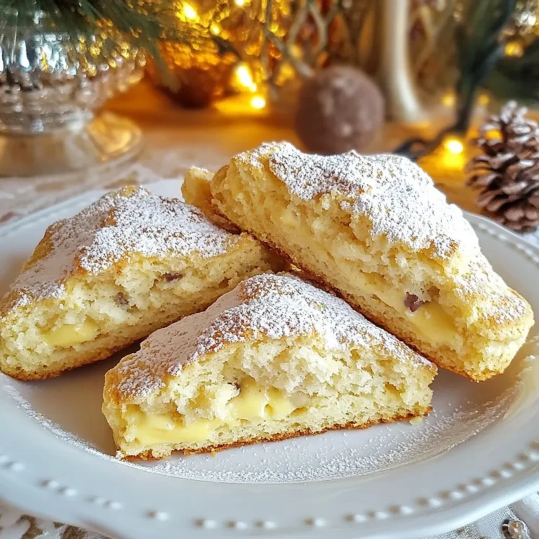 - 2 cups all-purpose flour - 1/3 cup granulated sugar - 1 tablespoon baking powder - 1/2 teaspoon salt - 1/2 teaspoon ground nutmeg - 1/4 teaspoon ground cinnamon - 1/2 cup unsalted butter, cold and cubed - 1/2 cup eggnog (store-bought or homemade) - 1 large egg - 1 teaspoon vanilla extract - 1/2 cup mini chocolate chips (optional) - 1/4 cup powdered sugar (for glaze) - 1 tablespoon milk (for glaze) To make these scones, you need: - A large mixing bowl - A whisk - A pastry cutter or your fingertips - A floured surface for shaping the dough - A baking sheet lined with parchment paper - A wire rack for cooling - A small bowl for the glaze If you don't have all-purpose flour, you can use whole wheat flour. It adds a nice flavor. For sugar, brown sugar can work too; it brings extra moisture. Use baking soda instead of baking powder if needed, but adjust the amount. For a dairy-free option, try coconut oil in place of butter. You can also use almond milk instead of eggnog if you are looking for a lighter version. If you want to skip the chocolate chips, that’s fine too! The scones will still taste great. {{ingredient_image_1}} First, you need to preheat your oven to 400°F (200°C). This step is very important. While the oven heats up, line a baking sheet with parchment paper. This keeps the scones from sticking and makes cleanup easy. In a large bowl, combine the dry ingredients. Whisk together 2 cups of all-purpose flour, 1/3 cup of granulated sugar, 1 tablespoon of baking powder, 1/2 teaspoon of salt, 1/2 teaspoon of ground nutmeg, and 1/4 teaspoon of ground cinnamon. Mix well to make sure everything blends evenly. Now, it's time for the butter. Take 1/2 cup of cold, cubed unsalted butter and add it to the dry mix. Use a pastry cutter or your fingertips to work the butter into the flour. You want it to look like coarse crumbs. This gives the scones a nice texture. In a separate bowl, whisk together the wet ingredients. Mix 1/2 cup of eggnog, 1 large egg, and 1 teaspoon of vanilla extract until smooth. Make sure there are no lumps in the mixture. This step adds flavor and moisture to the scones. Pour the wet mixture into the dry ingredients. Gently stir until just combined. Avoid overmixing, as this can make the scones tough. If you want, you can fold in 1/2 cup of mini chocolate chips at this point for extra sweetness. Turn the dough out onto a floured surface. Shape it into a circle about 1 inch thick. Then, cut the circle into 8 wedges, like a pizza. Place these wedges on your prepared baking sheet, leaving space between them. Bake the scones for 15 to 20 minutes. You know they are done when they turn lightly golden on the tops and a toothpick comes out clean when inserted. Keep an eye on them so they don’t overbake. While the scones bake, prepare the glaze. In a small bowl, whisk together 1/4 cup of powdered sugar and 1 tablespoon of milk. Make sure it’s smooth and runny. This glaze adds a sweet finish to your scones. Once the scones cool slightly, drizzle the glaze over them. For a festive touch, serve them warm on a pretty plate. You can dust them with more powdered sugar and a sprinkle of nutmeg. Pair these treats with hot tea or coffee for a delightful holiday moment. To get soft and fluffy scones, use cold butter. Cold butter helps create flaky layers. When mixing, avoid overworking the dough. Gently mix until just combined for the best texture. If you like chocolate, add mini chocolate chips. They melt just right and add flavor. One big mistake is overmixing the dough. This makes the scones tough. Always mix gently. Another mistake is not using cold ingredients. Cold butter and eggnog help keep the scones light. Lastly, don’t skip the baking time. Check them at 15 minutes, but they may need up to 20 minutes. To keep scones fresh, let them cool completely first. Store them in an airtight container. They’ll last for about two days at room temperature. For longer storage, wrap them in plastic wrap and freeze. They can stay good for up to three months in the freezer. Just reheat them in the oven for a warm treat! Pro Tips Chill the Butter: Make sure your butter is very cold for the best texture. This helps create flaky layers in your scones. Don't Overmix: When combining wet and dry ingredients, mix until just combined to keep the scones light and tender. Use Fresh Spices: For the best flavor, use freshly ground nutmeg and cinnamon rather than pre-ground spices. Serve Warm: Scones are best enjoyed warm. If you can, serve them immediately after glazing for maximum flavor. {{image_2}} You can make eggnog scones even more fun. Add mini chocolate chips to your dough. This gives a sweet surprise with each bite. The chocolate flavor mixes well with the eggnog spices. Use about 1/2 cup of mini chocolate chips for a rich taste. This twist makes the scones a hit for all ages. Want to add more spice? Try mixing in ginger or cloves. These spices give the scones a warm, festive taste. You can also add dried fruits like cranberries or raisins. This adds a chewy texture and a burst of flavor. Just a handful of these fruits will do. The extra spices and fruits will make your eggnog scones unique. If you need gluten-free scones, swap all-purpose flour for gluten-free flour. Look for a blend that works in baking. Be sure to check that it includes xanthan gum for the right texture. You can follow the same steps in the recipe. The scones may bake a little differently, so keep an eye on them. Enjoying eggnog scones is now easy for everyone! Eggnog scones have roots in classic scone recipes. Scones originated in Scotland. They were simple and made with flour, baking powder, and butter. The addition of eggnog is a modern twist. Eggnog itself comes from a rich drink made with eggs and milk. It became popular in America during the colonial period. People liked to enjoy it during festive seasons. Combining this drink with scones made a perfect holiday treat. Eggnog scones bring warmth and joy to holiday gatherings. They fit well with family traditions. People bake them for festive breakfasts or afternoon teas. They create a cozy atmosphere. Sharing these scones with loved ones makes holiday moments special. Scones also represent hospitality in many cultures. Offering them to guests shows care and kindness. They become a symbol of togetherness during celebrations. Eggnog scones taste great with various drinks. They pair wonderfully with hot cocoa, coffee, or tea. The spices in the scones match well with these beverages. You can also try them with a glass of eggnog. This combination enhances the eggnog flavor. For a fun twist, serve them with spiced chai. The warmth of chai adds a festive touch. Enjoy these scones with your favorite drink for a delightful experience. Store eggnog scones in an airtight container. This keeps them fresh. Place parchment paper between layers to avoid sticking. They stay good for about two days at room temperature. For longer storage, put them in the fridge. Yes, you can freeze eggnog scones. First, let them cool completely. Then, wrap each scone in plastic wrap. Place them in a freezer-safe bag or container. They last for up to three months in the freezer. To enjoy, just thaw them at room temperature or warm them in the oven. Eggnog scones last two days at room temperature. In the fridge, they can stay fresh for about a week. If you freeze them, they last up to three months. Just make sure to store them properly to keep their taste. Absolutely! Homemade eggnog works great in this recipe. Just ensure it has the right flavor and thickness. This gives your scones a unique touch. Using homemade eggnog can make your scones even more special. Regular eggnog scones are not vegan due to butter and egg. However, you can make vegan versions. Use plant-based butter and a flax egg instead of a real egg. Replace eggnog with a vegan kind. This way, everyone can enjoy these tasty treats! Eggnog scones are a delightful treat, perfect for the holidays. We covered the key ingredients, equipment, and tips for making these delicious scones. Remember, experimenting with flavors can add extra joy. Avoid common mistakes to improve texture. Understand the history and enjoy these with your favorite drinks. With this guide, you can bake and serve perfect scones. Get ready to savor the rich flavors and share them with loved ones!