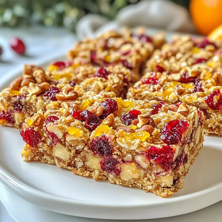 To make the perfect Cranberry Orange Bliss Bars, gather these simple ingredients: - 1 cup all-purpose flour - ½ cup rolled oats - ½ cup brown sugar - ¼ cup granulated sugar - ½ teaspoon baking powder - ¼ teaspoon salt - ½ cup unsalted butter, melted - 1 large egg - 1 teaspoon vanilla extract - Zest of 1 orange - 1 cup fresh or frozen cranberries, chopped - ½ cup chopped walnuts (optional) You can easily swap some ingredients based on what you have or need. For flour, use whole wheat flour for a nuttier taste. If you want to reduce sugar, try using applesauce or mashed banana. It adds sweetness and moisture. If you cannot find cranberries, feel free to use blueberries or cherries. They work well too. Lastly, you can use coconut oil instead of butter for a dairy-free option. When picking cranberries, look for bright, firm berries. They should be deep red and shiny. Avoid any that are soft or have blemishes. Fresh cranberries are usually in stores during fall and winter. If you can't find fresh ones, frozen cranberries are a great choice and work just as well. Just make sure to chop them before adding to the mix. {{ingredient_image_1}} 1. Start by preheating your oven to 350°F (175°C). This helps the bars bake evenly. 2. Grease a 9x9-inch baking dish. Then, line the bottom with parchment paper. This makes it easy to lift the bars out later. 3. In a large mixing bowl, add the dry ingredients. Combine 1 cup of flour, ½ cup of rolled oats, ½ cup of brown sugar, ¼ cup of granulated sugar, ½ teaspoon of baking powder, and ¼ teaspoon of salt. Stir until mixed well. 4. In a separate bowl, whisk together the wet ingredients. Use ½ cup of melted butter, 1 large egg, 1 teaspoon of vanilla extract, and zest from 1 orange. Mix until smooth. 5. Pour the wet mixture into the dry mix. Stir gently until just combined. Be careful here; overmixing can make the bars tough. 6. Fold in 1 cup of chopped cranberries. If you like, add ½ cup of chopped walnuts for extra crunch. Mix until they are evenly spread through the batter. 7. Spread the mixture into the prepared baking dish. Use a spatula to smooth the top. - Bake the bars for 25-30 minutes. Look for a golden brown color. - To check if they are done, insert a toothpick in the center. If it comes out clean, the bars are ready. 1. After baking, let the bars cool in the pan for about 10 minutes. This helps them firm up. 2. Carefully lift the bars out using the parchment paper. Place them on a wire rack to cool completely. 3. Once cooled, cut them into squares. Enjoy these delicious Cranberry Orange Bliss Bars! To get the best texture, measure your flour carefully. Too much flour makes the bars dry. Mix the wet and dry ingredients gently. Overmixing can lead to tough bars. You want a soft and chewy center. Baking time is key; check at 25 minutes. The edges should be golden, and the center should bounce back when touched. For a flavor boost, try adding a pinch of cinnamon. It pairs well with orange and cranberry. Consider adding a splash of almond extract for extra depth. Chopped walnuts add crunch and flavor, but they are optional. If you want a sweeter touch, drizzle honey or maple syrup on top after baking. One common mistake is not prepping the pan well. Greasing and lining the pan helps with easy removal. Another mistake is skipping the orange zest. It brightens the bars with a fresh taste. Avoid baking too long; it can dry out the bars. Lastly, don’t rush the cooling process. Let them cool completely before cutting for neat squares. Pro Tips Use Fresh Cranberries: If available, opt for fresh cranberries for a burst of flavor. Frozen cranberries can work too, but fresh ones offer a brighter taste. Adjust Sweetness: Taste the batter before baking and adjust the sugar if you prefer a sweeter bar. Remember that cranberries add a natural tartness. Experiment with Nuts: Feel free to substitute walnuts with pecans or almonds for a different texture and flavor profile. You can also omit nuts for a nut-free version. Storage Tips: Store the bars in an airtight container at room temperature for up to 3 days or refrigerate for up to a week to maintain freshness. {{image_2}} You can change up the fruits or nuts in this recipe. If you want a twist, try using dried cherries or blueberries instead of cranberries. Both options bring a different flavor that pairs well with orange zest. You can also swap walnuts for pecans or almonds. Each nut adds its own crunch and taste. If you need a gluten-free version, it’s easy! Use gluten-free flour instead of all-purpose flour. Make sure your oats are labeled gluten-free too. This way, you can enjoy these bars without worry. They will still be soft and tasty. You can add special flavors based on the season. In winter, add some cinnamon or nutmeg for warmth. In spring, try fresh lemon zest for a bright taste. You can also mix in chocolate chips for a fun treat. Each change can make your bars unique and exciting. To keep your Cranberry Orange Bliss Bars fresh, store them in an airtight container. Use parchment paper to separate layers. This helps the bars not stick together. You can keep them at room temperature for up to three days. For longer storage, place them in the fridge. They will stay good for about a week. If you want to save some for later, freezing works great! First, let the bars cool completely. Then, cut them into squares. Wrap each square tightly in plastic wrap. After that, place them in a freezer-safe bag or container. These bars can last up to three months in the freezer. When you are ready to eat them, just thaw them at room temperature. To enjoy warm bars, you can reheat them easily. Preheat your oven to 350°F (175°C). Place the bars on a baking sheet. Heat them for about 10 minutes. This will make them warm and soft again. You can also use a microwave. Heat them for 15-20 seconds, but watch closely! Enjoy your delicious Cranberry Orange Bliss Bars! Yes, you can use frozen cranberries in this recipe. Just chop them before adding. They will work well and add great flavor. Make sure to thaw them first if you want less moisture. This helps keep the bars from getting too soggy. These bars can last about five days when stored properly. Keep them in an airtight container. You can also store them in the fridge for a longer shelf life. This helps keep them fresh and tasty. These bliss bars pair well with many treats. Serve them with whipped cream for a creamy touch. You can also enjoy them with a scoop of vanilla ice cream. A warm drink, like tea or coffee, complements them nicely too. This blog post covered the essential ingredients and useful tips for making Cranberry Orange Bliss Bars. We explored how to pick fresh cranberries, step-by-step baking instructions, and common mistakes to avoid. We also shared storage tips and flavor variations. In summary, making these bars is simple and fun. With the right ingredients and methods, you can create a tasty treat. Enjoy experimenting with flavors and share your creations!