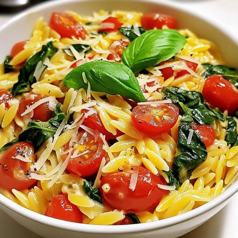 - 1 cup orzo pasta - 2 cups vegetable broth - 1 cup cherry tomatoes, halved - 2 cups fresh spinach, chopped - 1/2 cup heavy cream or coconut cream - 1/4 cup grated Parmesan cheese or nutritional yeast - 2 cloves garlic, minced - 1 tablespoon olive oil - Salt and pepper to taste - Fresh basil leaves for garnish Gathering these ingredients makes this dish simple and fun. The orzo pasta gives a nice bite, while the vegetable broth adds depth. Cherry tomatoes are sweet and juicy, and fresh spinach brings color and nutrition. For the creamy base, heavy cream makes it rich. Coconut cream is a great vegan choice. Parmesan cheese adds a salty touch, but you can use nutritional yeast for a vegan option. The garlic and olive oil create a lovely aroma. Salt and pepper are key for flavor. Fresh basil leaves add a pop of freshness when you serve the dish. This list of ingredients is all you need for a tasty meal. Feel free to mix and match based on what you have on hand. The choices make this recipe your own! {{ingredient_image_1}} Start by boiling the vegetable broth in a medium pot. Bring it to a rolling boil. Once it bubbles, add 1 cup of orzo pasta. Cook the orzo for about 8 to 10 minutes. You want it to be al dente, which means it should still have a tiny bite. Stir it occasionally to keep it from sticking together. When it’s ready, drain any extra broth. While the orzo cooks, heat 1 tablespoon of olive oil in a large skillet over medium heat. Then, add 2 cloves of minced garlic. Sauté for 1 to 2 minutes until it smells nice. Next, toss in 1 cup of halved cherry tomatoes. Cook these for about 5 minutes. You’ll know they’re done when they start to soften and burst. Once the orzo is cooked and drained, add it to the skillet with the tomatoes. Mix it well so everything blends. Now, add 2 cups of chopped fresh spinach. Cook for another 2 to 3 minutes until the spinach wilts down. Pour in 1/2 cup of heavy cream or coconut cream for a vegan twist. Add 1/4 cup of grated Parmesan cheese or nutritional yeast if you're vegan. Stir everything together until it becomes creamy. Add salt and pepper to taste. When it looks perfect, remove it from the heat. Enjoy your creamy tomato spinach orzo! To make your creamy tomato spinach orzo even better, you can adjust the cream type. Use heavy cream for a rich flavor or coconut cream for a vegan option. Both add a nice, creamy touch. If you want to enhance the flavor, consider cheese alternatives like nutritional yeast. It gives a cheesy taste without dairy. Avoid overcooking the orzo. Cook it in boiling vegetable broth until it is al dente, which takes about 8-10 minutes. Stir occasionally to keep it from sticking. For the sautéing, heat olive oil in your skillet over medium heat. Sauté garlic for just 1-2 minutes. This step adds a lovely depth of flavor. When you add cherry tomatoes, cook them for about 5 minutes until they soften. This brings out their sweetness and juiciness. Garnishing is key to a beautiful dish. Top your orzo with fresh basil leaves. They add color and a burst of flavor. For serving, consider a shallow bowl. This lets the creamy sauce shine and makes it easier to dig in. You can also sprinkle extra cheese on top for added flair. Enjoy your meal! Pro Tips Use High-Quality Broth: The flavor of your dish depends heavily on the broth. Choose a good quality vegetable broth for a richer taste. Don't Overcook the Orzo: Keep an eye on the cooking time and test the orzo a minute or two before the package instructions indicate to ensure it stays al dente. Experiment with Greens: While spinach is delicious, you can also use kale or Swiss chard for different flavors and textures. Garnish for Flavor: Fresh basil adds a burst of flavor. Consider adding a squeeze of lemon juice for brightness just before serving. {{image_2}} You can easily make this dish vegan. Instead of heavy cream, use coconut cream. It gives a nice flavor and keeps the dish creamy. For cheese, swap out Parmesan for nutritional yeast. This gives a cheesy taste without dairy. If you want to add protein, grilled chicken or shrimp works well. They add great flavor and make the dish heartier. For a vegetarian option, try adding beans. Black beans or chickpeas can boost your meal with plant-based protein. Feel free to add more veggies. Bell peppers or zucchini can enhance both taste and color. Consider using seasonal vegetables too. Fresh, local produce can make your dish even more special. Store any leftovers in an airtight container. This keeps the orzo fresh. I suggest putting it in the fridge right away. It stays good for about 3-4 days. Before you eat it again, check for any odd smells or changes in texture. If you want to keep it longer, freezing works well. Pour the orzo into a freezer-safe container. Leave some space at the top, as it might expand. You can freeze it for up to 3 months. When you are ready to eat, thaw it in the fridge overnight. To reheat, add a splash of broth or water. This helps bring back its creamy texture. Warm it up on the stove over low heat. Stir often to avoid sticking. Enjoy your meal just like the first time! To make this dish gluten-free, use gluten-free orzo. Many brands offer great alternatives. You can also use rice or quinoa. These options work well in this creamy meal. Just cook them according to package instructions. Yes, you can use canned tomatoes. They can save time and still taste great. Choose whole or diced tomatoes for the best flavor. Drain excess liquid before adding them to the pan. This helps keep the dish from getting too watery. Pair this dish with a light salad. A simple green salad with lemon vinaigrette works well. You could also serve garlic bread on the side. Roasted vegetables make a lovely addition too. These sides add color and flavor to your meal. This guide covers everything about Creamy Tomato Spinach Orzo, from ingredients to tips. You learned how to prepare orzo, sauté veggies, and create a creamy base. We discussed vegan options and protein add-ins for variety. Storing and reheating leftovers is also easy with my guidance. Now, it's time to try this dish in your kitchen. Enjoy your tasty meal and impress family and friends!