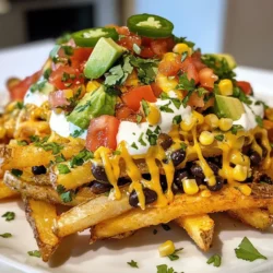 To make loaded veggie nacho fries, you will need: - 4 large russet potatoes, cut into fries - 2 tablespoons olive oil - 1 teaspoon paprika - 1 teaspoon garlic powder - 1 teaspoon onion powder - Salt and pepper to taste - 1 cup black beans, rinsed and drained - 1 cup corn kernels (fresh or frozen) - 1 cup cherry tomatoes, halved - 1 cup shredded cheese (cheddar or vegan cheese) - 1 avocado, diced - 1/2 cup sour cream or plant-based alternative - 1/4 cup fresh cilantro, chopped - 1 jalapeño, sliced (optional) These ingredients create a delicious and colorful dish. The russet potatoes give a hearty base. Olive oil helps them crisp up nicely. The spices add flavor and warmth. Black beans and corn give fiber and texture. Cherry tomatoes and avocado add freshness. Cheese makes everything creamy and rich. You can customize your nacho fries with different toppings. Try adding: - Sliced olives for a briny touch - Chopped green onions for extra crunch - A drizzle of hot sauce for spice These additions can elevate your dish and make it your own. Feel free to mix and match based on your taste. You can also swap the cheese for dairy-free options if needed. Each serving of loaded veggie nacho fries offers: - Calories: Approximately 450 - Protein: 15 grams - Carbohydrates: 60 grams - Fat: 20 grams This dish provides a good balance of nutrients. The black beans and corn add protein and fiber. The avocado contributes healthy fats. Keep in mind, portion sizes can affect calorie counts, so serve wisely. {{ingredient_image_1}} Start by preheating your oven to 425°F (220°C). This step is key for crispy fries. Next, take four large russet potatoes and cut them into thin fries. In a large bowl, toss the fries with two tablespoons of olive oil. Add one teaspoon of paprika, one teaspoon of garlic powder, and one teaspoon of onion powder. Season with salt and pepper to taste. Make sure every fry gets coated well. Spread the fries out in a single layer on a baking sheet lined with parchment paper. Bake them for 25-30 minutes until they are golden and crispy. Flip the fries halfway through to ensure even cooking. While your fries bake, prepare the toppings. In a medium bowl, mix one cup of rinsed black beans, one cup of corn kernels, and one cup of halved cherry tomatoes. Add one diced avocado for creaminess. Toss these ingredients gently to combine. This mix adds flavor and nutrition to the nacho fries. Once your fries are crispy, take them out of the oven. Sprinkle one cup of shredded cheese evenly over the top. Return the fries to the oven for another 5-7 minutes. You want the cheese to melt perfectly. After the cheese melts, remove the fries again. Top them with the black bean mixture you prepared earlier. Add dollops of sour cream or its plant-based alternative. Finally, garnish with chopped cilantro and sliced jalapeños, if desired. Serve your loaded veggie nacho fries hot and enjoy! To make crispy fries, start with fresh russet potatoes. Cut them evenly for even cooking. Soak the fries in cold water for 30 minutes. This helps remove extra starch. After soaking, dry the fries well with a towel. Toss them in olive oil and spices. Spread them out on a baking sheet. Make sure they don’t touch. This allows hot air to circulate. Bake them at 425°F for 25-30 minutes. Flip them halfway to ensure even crispiness. The result? Perfect, golden fries! Homemade fries are always better than store-bought. You control the quality and flavor. Fresh potatoes taste great and are healthier. You can also add your favorite spices. Store-bought fries can be quick but may lack flavor. If you choose them, check for healthy options. Look for fries with few ingredients. Avoid those with extra sodium or preservatives. These loaded nacho fries are great for sharing. Serve them as a fun snack or appetizer. Pair them with fresh salsa for a zesty kick. A side of guacamole adds creaminess. You can also serve them with a cold drink. Try a light beer or sparkling water. For a full meal, serve with a side salad. This balances the richness of the fries. Your friends and family will love digging in! Pro Tips Cut Evenly: Make sure to cut the potatoes into uniform sizes so they cook evenly and become crispy. Soak for Crispiness: Soaking the cut fries in water for at least 30 minutes before baking can help achieve extra crispiness. Customize Toppings: Feel free to mix and match toppings according to your preference; add olives, bell peppers, or your favorite hot sauce! Serve Immediately: Nacho fries are best served fresh out of the oven to maintain their crispy texture, so dig in right away! {{image_2}} You can change this recipe to fit your diet. For a vegan twist, use plant-based cheese and sour cream. If you want a gluten-free option, make sure to check the labels of your ingredients. You can also swap black beans for lentils or chickpeas. These beans add protein and taste great. If you are low-carb, try zucchini fries instead of potatoes. Seasonal veggies can add fun flavors to your nacho fries. In spring, use fresh asparagus or peas. In summer, add sweet bell peppers or zucchini. Fall is perfect for roasted butternut squash. In winter, try adding kale or Brussels sprouts. These swaps keep your dish fresh and exciting. Cheese is key for nacho fries. You can use cheddar, pepper jack, or even a creamy queso. If you want a dairy-free option, try cashew cheese or nutritional yeast. For sauces, a spicy salsa or guacamole works well. You can also mix in a chipotle sauce for a smoky kick. Each cheese and sauce choice gives your fries a new twist. Store leftover loaded nacho fries in an airtight container. Let them cool first. Keep them in the fridge for up to three days. This keeps the fries fresh and tasty. Avoid stacking them too high to prevent sogginess. To reheat, preheat your oven to 350°F (175°C). Spread the fries on a baking sheet. Bake for about 10-15 minutes. This will help them regain their crispiness. You can also use a microwave, but the fries may get soft. If you use the microwave, heat them for about 1-2 minutes. You can freeze loaded nacho fries for future meals. First, let them cool completely. Place them in a freezer-safe bag or container. Remove as much air as possible. They can last up to two months in the freezer. When you're ready to eat, thaw them in the fridge overnight before reheating. Yes, you can make Loaded Veggie Nacho Fries in an air fryer. Start by cutting the russet potatoes into fries. Toss them with olive oil, paprika, garlic powder, onion powder, salt, and pepper. Place the fries in the air fryer basket in a single layer. Cook them at 400°F for about 15-20 minutes, shaking the basket halfway through for even cooking. After they are crispy, add cheese and your toppings. Enjoy your air-fried nacho fries! You can choose many tasty toppings for nacho fries. Here are some ideas: - Black beans - Corn kernels - Cherry tomatoes - Diced avocado - Shredded cheese (cheddar or vegan) - Sour cream or a plant-based alternative - Fresh cilantro - Sliced jalapeños Mix and match to find your favorite combo. Making Loaded Veggie Nacho Fries gluten-free is simple. All the main ingredients are gluten-free. Focus on using gluten-free cheese and sour cream. Check labels on store-bought items to ensure they are gluten-free. You can also swap regular fries for sweet potato fries if you prefer. This way, you get a tasty dish that fits your diet! Loaded Veggie Nacho Fries offer a fun, tasty twist on classic nachos. We covered key ingredients, preparation steps, and tips for crispy fries. You learned various topping ideas and how to customize them for different diets. Storing and reheating your leftovers is simple too. Enjoy your nacho fries with friends and family. Explore new flavors and create your own versions. Cooking should be fun, so get creative and make these nacho fries your own!