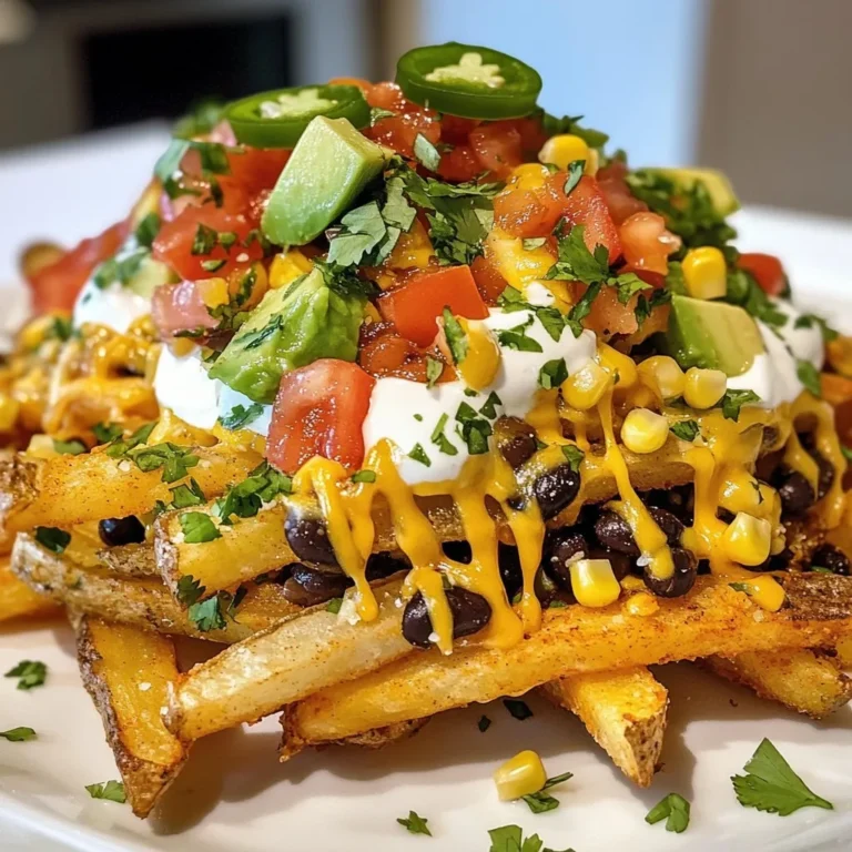 To make loaded veggie nacho fries, you will need: - 4 large russet potatoes, cut into fries - 2 tablespoons olive oil - 1 teaspoon paprika - 1 teaspoon garlic powder - 1 teaspoon onion powder - Salt and pepper to taste - 1 cup black beans, rinsed and drained - 1 cup corn kernels (fresh or frozen) - 1 cup cherry tomatoes, halved - 1 cup shredded cheese (cheddar or vegan cheese) - 1 avocado, diced - 1/2 cup sour cream or plant-based alternative - 1/4 cup fresh cilantro, chopped - 1 jalapeño, sliced (optional) These ingredients create a delicious and colorful dish. The russet potatoes give a hearty base. Olive oil helps them crisp up nicely. The spices add flavor and warmth. Black beans and corn give fiber and texture. Cherry tomatoes and avocado add freshness. Cheese makes everything creamy and rich. You can customize your nacho fries with different toppings. Try adding: - Sliced olives for a briny touch - Chopped green onions for extra crunch - A drizzle of hot sauce for spice These additions can elevate your dish and make it your own. Feel free to mix and match based on your taste. You can also swap the cheese for dairy-free options if needed. Each serving of loaded veggie nacho fries offers: - Calories: Approximately 450 - Protein: 15 grams - Carbohydrates: 60 grams - Fat: 20 grams This dish provides a good balance of nutrients. The black beans and corn add protein and fiber. The avocado contributes healthy fats. Keep in mind, portion sizes can affect calorie counts, so serve wisely. {{ingredient_image_1}} Start by preheating your oven to 425°F (220°C). This step is key for crispy fries. Next, take four large russet potatoes and cut them into thin fries. In a large bowl, toss the fries with two tablespoons of olive oil. Add one teaspoon of paprika, one teaspoon of garlic powder, and one teaspoon of onion powder. Season with salt and pepper to taste. Make sure every fry gets coated well. Spread the fries out in a single layer on a baking sheet lined with parchment paper. Bake them for 25-30 minutes until they are golden and crispy. Flip the fries halfway through to ensure even cooking. While your fries bake, prepare the toppings. In a medium bowl, mix one cup of rinsed black beans, one cup of corn kernels, and one cup of halved cherry tomatoes. Add one diced avocado for creaminess. Toss these ingredients gently to combine. This mix adds flavor and nutrition to the nacho fries. Once your fries are crispy, take them out of the oven. Sprinkle one cup of shredded cheese evenly over the top. Return the fries to the oven for another 5-7 minutes. You want the cheese to melt perfectly. After the cheese melts, remove the fries again. Top them with the black bean mixture you prepared earlier. Add dollops of sour cream or its plant-based alternative. Finally, garnish with chopped cilantro and sliced jalapeños, if desired. Serve your loaded veggie nacho fries hot and enjoy! To make crispy fries, start with fresh russet potatoes. Cut them evenly for even cooking. Soak the fries in cold water for 30 minutes. This helps remove extra starch. After soaking, dry the fries well with a towel. Toss them in olive oil and spices. Spread them out on a baking sheet. Make sure they don’t touch. This allows hot air to circulate. Bake them at 425°F for 25-30 minutes. Flip them halfway to ensure even crispiness. The result? Perfect, golden fries! Homemade fries are always better than store-bought. You control the quality and flavor. Fresh potatoes taste great and are healthier. You can also add your favorite spices. Store-bought fries can be quick but may lack flavor. If you choose them, check for healthy options. Look for fries with few ingredients. Avoid those with extra sodium or preservatives. These loaded nacho fries are great for sharing. Serve them as a fun snack or appetizer. Pair them with fresh salsa for a zesty kick. A side of guacamole adds creaminess. You can also serve them with a cold drink. Try a light beer or sparkling water. For a full meal, serve with a side salad. This balances the richness of the fries. Your friends and family will love digging in! Pro Tips Cut Evenly: Make sure to cut the potatoes into uniform sizes so they cook evenly and become crispy. Soak for Crispiness: Soaking the cut fries in water for at least 30 minutes before baking can help achieve extra crispiness. Customize Toppings: Feel free to mix and match toppings according to your preference; add olives, bell peppers, or your favorite hot sauce! Serve Immediately: Nacho fries are best served fresh out of the oven to maintain their crispy texture, so dig in right away! {{image_2}} You can change this recipe to fit your diet. For a vegan twist, use plant-based cheese and sour cream. If you want a gluten-free option, make sure to check the labels of your ingredients. You can also swap black beans for lentils or chickpeas. These beans add protein and taste great. If you are low-carb, try zucchini fries instead of potatoes. Seasonal veggies can add fun flavors to your nacho fries. In spring, use fresh asparagus or peas. In summer, add sweet bell peppers or zucchini. Fall is perfect for roasted butternut squash. In winter, try adding kale or Brussels sprouts. These swaps keep your dish fresh and exciting. Cheese is key for nacho fries. You can use cheddar, pepper jack, or even a creamy queso. If you want a dairy-free option, try cashew cheese or nutritional yeast. For sauces, a spicy salsa or guacamole works well. You can also mix in a chipotle sauce for a smoky kick. Each cheese and sauce choice gives your fries a new twist. Store leftover loaded nacho fries in an airtight container. Let them cool first. Keep them in the fridge for up to three days. This keeps the fries fresh and tasty. Avoid stacking them too high to prevent sogginess. To reheat, preheat your oven to 350°F (175°C). Spread the fries on a baking sheet. Bake for about 10-15 minutes. This will help them regain their crispiness. You can also use a microwave, but the fries may get soft. If you use the microwave, heat them for about 1-2 minutes. You can freeze loaded nacho fries for future meals. First, let them cool completely. Place them in a freezer-safe bag or container. Remove as much air as possible. They can last up to two months in the freezer. When you're ready to eat, thaw them in the fridge overnight before reheating. Yes, you can make Loaded Veggie Nacho Fries in an air fryer. Start by cutting the russet potatoes into fries. Toss them with olive oil, paprika, garlic powder, onion powder, salt, and pepper. Place the fries in the air fryer basket in a single layer. Cook them at 400°F for about 15-20 minutes, shaking the basket halfway through for even cooking. After they are crispy, add cheese and your toppings. Enjoy your air-fried nacho fries! You can choose many tasty toppings for nacho fries. Here are some ideas: - Black beans - Corn kernels - Cherry tomatoes - Diced avocado - Shredded cheese (cheddar or vegan) - Sour cream or a plant-based alternative - Fresh cilantro - Sliced jalapeños Mix and match to find your favorite combo. Making Loaded Veggie Nacho Fries gluten-free is simple. All the main ingredients are gluten-free. Focus on using gluten-free cheese and sour cream. Check labels on store-bought items to ensure they are gluten-free. You can also swap regular fries for sweet potato fries if you prefer. This way, you get a tasty dish that fits your diet! Loaded Veggie Nacho Fries offer a fun, tasty twist on classic nachos. We covered key ingredients, preparation steps, and tips for crispy fries. You learned various topping ideas and how to customize them for different diets. Storing and reheating your leftovers is simple too. Enjoy your nacho fries with friends and family. Explore new flavors and create your own versions. Cooking should be fun, so get creative and make these nacho fries your own!