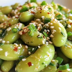 - 2 cups edamame in pods (fresh or frozen) - 2 tablespoons olive oil - 4 cloves garlic, minced - 1 teaspoon red pepper flakes (adjust to taste) - 1 tablespoon soy sauce - 1 tablespoon sesame oil - Salt to taste To boost the taste, use fresh garlic. Fresh garlic has a bright, strong flavor. The type of olive oil matters too. Use a quality olive oil for rich taste. Adjust red pepper flakes based on your spice level. If you want more heat, add more. For a savory kick, consider using low-sodium soy sauce. It helps balance the flavors without being too salty. Garnishes make your dish pop! I suggest using sesame seeds for crunch. They add a nice texture. Chopped green onions give a fresh look and taste. You can also try a squeeze of lemon for brightness. A touch of zest enhances the flavor too. {{ingredient_image_1}} First, gather your edamame. If you use frozen ones, boil water in a pot. Once it’s bubbling, add the edamame pods. Cook them for 3 to 5 minutes until they turn bright green. This step helps to soften them. After cooking, drain the pods and set them aside. Fresh edamame needs no boiling. Just rinse them well and set them aside. Next, take a large skillet and pour in the olive oil. Heat it over medium heat. When the oil is hot, add the minced garlic. Sauté the garlic for 1 to 2 minutes. You want it to smell nice but not brown. Now, sprinkle in the red pepper flakes. Stir for about 30 seconds. This step brings out their spicy flavor. Now, add the cooked edamame to the skillet. Toss them well to coat with the garlic and oil. Drizzle the soy sauce and sesame oil over the edamame. Stir everything together. Cook for another 2 to 3 minutes. This lets the flavors blend. Taste your dish and add salt if needed. Finally, take the skillet off the heat. Transfer the edamame to a serving bowl. For a pretty touch, sprinkle sesame seeds and chopped green onions on top. Enjoy your spicy garlic edamame! To sauté garlic well, keep it simple. Start with medium heat and olive oil. Add minced garlic and stir quickly. Cook for about 1-2 minutes. Watch it closely; you want it fragrant, not brown. Burnt garlic tastes bitter, and you don’t want that in your edamame. The key is to stir often. This helps the garlic cook evenly. Want more heat? Add more red pepper flakes. Start with one teaspoon. Taste the dish as you go. If it needs more spice, sprinkle in a bit more. If it’s too hot, balance it with a splash of soy sauce. This helps mellow the heat. Remember, you can always add more spice, but it’s hard to take it out. Serve your spicy garlic edamame warm. A simple bowl works great. For a fun twist, try serving it with toothpicks. This makes it easy for guests to grab. Pair it with drinks like beer or sake for a tasty snack combo. You can also serve it as a side dish with rice or noodles. Enjoy the crunch of sesame seeds on top; it adds a nice touch. Don’t forget the chopped green onions for color and flavor! Pro Tips Choose Fresh Edamame: For the best flavor and texture, opt for fresh edamame pods if available. They offer a superior taste compared to frozen versions. Control the Heat: Adjust the amount of red pepper flakes based on your spice tolerance. Start with less and add more if you want extra heat. Garnish for Flavor: Don't skip the sesame seeds and green onions. They not only enhance the presentation but also add a delightful crunch and freshness. Serve Immediately: Edamame is best enjoyed fresh and warm. Serve right after cooking for the best taste and texture experience. {{image_2}} You can boost your edamame snack by adding protein. Try adding cooked shrimp or chicken. Both options bring flavor and texture. For a vegetarian choice, add cubed tofu. Just sauté the protein with garlic. This gives your dish a hearty twist. To make your dish even more exciting, add flavor infusions. A little citrus zest brightens the taste. Try lime or lemon zest for a fresh kick. You can also add grated ginger for warmth. These flavors mix well with the garlic and heat. You can use different cooking methods to make this dish. Steaming edamame keeps it tender and bright. It also helps maintain nutrients. Grilling adds a smoky flavor. Just toss the pods on the grill for a few minutes. Each method offers a unique taste and texture. After enjoying your spicy garlic edamame, store any leftovers in an airtight container. This keeps the flavors fresh and tasty. Place the container in the fridge. Consume within three days for the best taste. If you let it sit too long, the edamame may lose its crunch. To reheat, use a skillet over medium heat. Add a splash of olive oil to help revive the flavors. Stir the edamame for about five minutes. This warms them up without losing their texture. You can also microwave them for quick reheating, but be careful not to overcook. Heat in 30-second intervals until warm. If you want to save some for later, freezing is a great option. First, cook the edamame as you normally would. Let them cool completely before you freeze. Place them in a freezer-safe bag, removing as much air as possible. They can last up to three months in the freezer. When ready to eat, just thaw and reheat as needed. Edamame are young soybeans. They are green and usually served in pods. You can eat them fresh or frozen. They have a mild, sweet flavor. Edamame is a great source of protein and fiber. It works well as a snack or appetizer. To make this dish vegan, focus on the ingredients. The main ingredients in this recipe are already vegan. Just ensure you use plant-based soy sauce. This way, you keep it tasty and vegan-friendly. You can use dried garlic, but fresh is best. Fresh garlic has a stronger flavor. If using dried, use about one teaspoon. Add it with the red pepper flakes while cooking. This helps release the flavor well. This blog post covered how to make a tasty edamame dish. We talked about key ingredients and suggested flavors to boost your meal. I shared steps on cooking garlic and spices for the perfect blend. You learned tips to sauté garlic well and adjust spices. We explored fun variations like adding protein or different cooking methods. Finally, I provided storage advice to keep leftovers fresh. Enjoy creating and sharing this delicious dish!