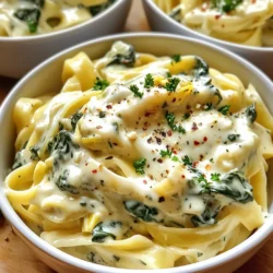 To make creamy spinach artichoke pasta, gather these main ingredients: - 12 oz fettuccine pasta - 1 cup frozen spinach, thawed and drained - 1 cup artichoke hearts, drained and roughly chopped - 1 cup heavy cream - 1 cup grated Parmesan cheese - 2 cloves garlic, minced - 1 tablespoon olive oil - 1 teaspoon lemon juice - Salt and black pepper to taste These ingredients combine perfectly to create a rich and tasty dish. You can enhance the flavor with these optional ingredients: - 1/2 teaspoon red pepper flakes - Fresh parsley, chopped (for garnish) The red pepper flakes give a gentle heat, while parsley adds a fresh touch. Using frozen spinach is an easy choice. It saves time and adds nutrition. If you prefer fresh, use about 3 cups. Fresh spinach wilts down a lot, so adjust accordingly. For artichokes, canned or jarred ones work great. They are easy to find and ready to use. Fresh artichokes can be tougher to prepare but are very flavorful. {{ingredient_image_1}} First, take a large pot and fill it with water. Add a good amount of salt to the water. Bring the water to a boil. Once boiling, add 12 ounces of fettuccine pasta. Cook it according to the package directions until it is al dente. This usually takes about 8 to 10 minutes. When the pasta is done, save half a cup of the water. Drain the pasta and set it aside. While the pasta cooks, grab a large skillet. Put it on medium heat and add 1 tablespoon of olive oil. When the oil is hot, add 2 minced cloves of garlic. Sauté the garlic for about 1 minute. You want it to smell really good, but do not let it burn. Next, lower the heat to low. Pour in 1 cup of heavy cream into the skillet. Then, stir in 1 cup of grated Parmesan cheese. Mix well until the cheese melts. You should end up with a smooth sauce. This sauce is the key to making your pasta creamy and rich. Now, add 1 cup of thawed and drained spinach to the skillet. Also, add 1 cup of chopped artichoke hearts. Squeeze in 1 teaspoon of lemon juice. If you like a little heat, add 1/2 teaspoon of red pepper flakes. Cook this mixture for 2 to 3 minutes. Make sure everything is heated through. Time to bring it all together! Add the cooked fettuccine to the skillet. Toss the pasta with the sauce, spinach, and artichokes. If the sauce feels too thick, add some of the reserved pasta water. Keep mixing until everything is well coated. Season with salt and black pepper to taste. Once mixed, remove the skillet from the heat. Let it sit for a minute. Serve the pasta hot in shallow bowls. For extra flavor, sprinkle more Parmesan cheese and red pepper flakes on top. You can also drizzle a bit of olive oil before serving. Enjoy this creamy, flavorful dish with friends or family! To get a creamy sauce, use heavy cream. This thickens up nicely. Stir in grated Parmesan cheese. It adds flavor and creaminess. If the sauce is too thick, add reserved pasta water. This helps to reach the right consistency. Keep stirring until smooth. The right sauce should coat the pasta well. You can change the spice level to fit your taste. For a mild dish, skip the red pepper flakes. If you like heat, add more! Start with half a teaspoon. Taste the sauce as you mix. You can always add more spice later. Lemon juice also brightens the flavor without heat. Always use a large pot of salted water. This helps the pasta taste great. Cook the fettuccine until it is al dente. This means it should be firm but not hard. Save some pasta water before draining. This water is starchy and helps the sauce stick. Rinse the pasta only if you plan to chill it. Pro Tips Use Fresh Spinach: If possible, use fresh spinach instead of frozen for a brighter flavor and better texture. Customize the Cheese: Experiment with different cheeses like mozzarella or cream cheese for a unique twist on the sauce. Adjust the Spice: Modify the amount of red pepper flakes based on your heat preference; add more for an extra kick. Garnish Creatively: Consider adding toasted pine nuts or a squeeze of fresh lemon juice on top for added flavor and crunch. {{image_2}} You can easily make this dish gluten-free. Choose gluten-free fettuccine or any gluten-free pasta. These options work well and taste great. Check the package for cooking times, as they may differ slightly. This change makes the dish suitable for those with gluten sensitivities. Feel free to mix in other veggies. You can add bell peppers, mushrooms, or even zucchini. These veggies bring extra flavor and nutrition. Simply sauté them with the garlic before adding the cream. This adds variety, making each bite interesting and tasty. Want to boost the protein? Add cooked chicken, shrimp, or even tofu. Cooked chicken can be shredded or chopped and mixed in. Shrimp should be added after the garlic, cooking until pink. Tofu should be cubed and sautéed until golden. These options create a filling meal that satisfies. Store any leftover creamy spinach artichoke pasta in an airtight container. Allow it to cool first. Then, place it in the fridge. This way, it will stay fresh for later meals. To reheat, use a skillet on low heat. Add a splash of milk or broth for moisture. Stir gently until heated through. You can also use the microwave. Place it in a bowl, cover it, and heat in short bursts. This pasta dish lasts about 3 to 5 days in the fridge. If you want to keep it longer, freeze it. In the freezer, it can last up to 2 months. Just ensure it's in a freezer-safe container. Yes, you can use fresh spinach. Just wash it well and chop it. Sauté it in the skillet until it wilts. This will give your dish a vibrant color and fresh taste. To make this dish vegan, swap heavy cream with coconut cream or cashew cream. Use a vegan cheese for a cheesy flavor. Also, make sure to choose a vegan pasta. This way, you can enjoy the same creamy texture without dairy. You can use half-and-half or whole milk instead of heavy cream. If you want a lighter option, try using Greek yogurt. Just mix it in at the end for a creamy touch. This pasta pairs well with a fresh green salad or garlic bread. You could also serve it with grilled chicken or shrimp for extra protein. A light wine or sparkling water makes a nice drink too. This dish takes about 30 minutes to make. You can prep and cook it in no time. Perfect for a quick weeknight dinner or a cozy weekend meal. This blog explains how to make creamy spinach artichoke pasta. We covered key ingredients, cooking steps, and tips for the best results. You can customize this dish with different veggies or proteins. Store leftovers properly to enjoy later. Remember, you can swap ingredients to fit your needs. Cooking should be fun and easy. With practice, you’ll master this dish and impress everyone. Enjoy each bite, and don’t hesitate to make it your own!