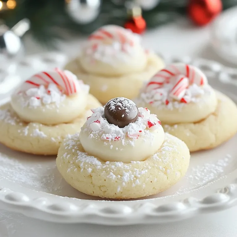 To make Candy Cane Kiss Cookies, you need these ingredients: - 1 cup unsalted butter, softened - 1 cup powdered sugar - 2 teaspoons vanilla extract - 2 ½ cups all-purpose flour - ½ teaspoon salt - 1 teaspoon peppermint extract - 1 cup crushed candy canes - 24 Hershey's Kiss candies (regular or peppermint) - Extra powdered sugar for dusting These ingredients create soft and sweet cookies. The butter makes them rich, while the sugar adds sweetness. The extracts give them a classic holiday flavor, and the crushed candy canes add a nice crunch. You can play with the recipe, too! Here are some fun options: - Use brown sugar instead of powdered sugar for a deeper flavor. - Swap out peppermint extract for almond extract for a different taste. - Add mini chocolate chips for extra sweetness. These tweaks can change the flavor profile. Each option adds a unique twist to your holiday baking. If you don’t have something on hand, don’t worry! Here are some easy swaps: - For unsalted butter, you can use salted butter. Just skip the added salt. - If you run out of powdered sugar, you can blend granulated sugar into a fine powder. - Use gluten-free flour in place of all-purpose flour for a gluten-free version. Always remember to adjust the amounts to keep the dough just right. These substitutions help you bake without stress. {{ingredient_image_1}} Start by preheating your oven to 350°F (175°C). This step is key for even baking. While the oven heats, take your baking sheets and line them with parchment paper. This helps prevent sticking and makes cleanup easy. In a large bowl, cream together 1 cup of softened unsalted butter and 1 cup of powdered sugar. Mix until the blend is light and fluffy. Next, stir in 2 teaspoons of vanilla extract and 1 teaspoon of peppermint extract. This gives your cookies a rich flavor. In another bowl, whisk together 2 ½ cups of all-purpose flour and ½ teaspoon of salt. Gradually add this dry mix to your wet ingredients. Stir just until you see no dry flour. Now fold in 1 cup of crushed candy canes, saving a bit for decoration later. Scoop out tablespoon-sized portions of dough and roll them into balls. Place these on your prepared baking sheets, leaving about 2 inches between each ball. Bake in the preheated oven for 10-12 minutes. You want the edges to turn light golden brown. Once baked, take the cookies out and press a Hershey's Kiss into the center of each one right away. Let them cool on the sheet for about 5 minutes, then move them to wire racks. After they cool completely, dust them with extra powdered sugar and sprinkle the reserved candy canes on top. This makes them festive and fun! To get the best texture for your Candy Cane Kiss Cookies, focus on your butter. Make sure it is softened but not melted. Softened butter helps create a light and fluffy dough. Cream it well with powdered sugar. This step adds air and keeps the cookies soft. Also, do not overmix your dough after adding the flour. Mix until just combined for a tender cookie. For extra flavor in your cookies, try adding more crushed candy canes. You can also play with the extracts. Swap the vanilla for almond extract for a nutty twist. A pinch of cinnamon can add warmth to the cookies, too. If you like a stronger mint taste, increase the peppermint extract slightly. Just remember, a little goes a long way! One common mistake is baking the cookies too long. Keep an eye on them and pull them out when the edges are just golden. Another mistake is not spacing the cookies apart on the baking sheet. They spread while baking, so leave about 2 inches between each dough ball. Lastly, don’t forget to dust with powdered sugar after cooling. This adds a lovely finish and a sweet touch to your cookies! Pro Tips Chill the Dough: For thicker cookies, chill the dough for at least 30 minutes before baking. This helps prevent spreading and keeps your cookies soft and chewy. Use Fresh Candy Canes: Ensure your crushed candy canes are fresh for the best flavor and crunch. Stale candy canes may lose their minty taste and become less crunchy. Experiment with Flavors: Try using different flavored Kisses, like caramel or almond, to give your cookies a unique twist each time you make them. Perfect Sugar Dusting: Use a fine sieve to dust powdered sugar over your cookies for a beautiful, even coating that enhances their festive appearance. {{image_2}} To make gluten-free Candy Cane Kiss cookies, swap all-purpose flour for a gluten-free blend. Look for a blend that has xanthan gum. This helps give the cookies structure. You can use a 1:1 ratio. Follow the same steps in the recipe. The cookies will still be soft and chewy. For vegan Candy Cane Kiss cookies, use vegan butter instead of regular butter. Also, choose a vegan version of Hershey's Kisses. You can find these at many stores. Replace the eggs with unsweetened applesauce or a flax egg. Mix one tablespoon of ground flaxseed with three tablespoons of water. Let it sit for a few minutes. Follow the recipe as usual. Your cookies will still be festive and delicious. Want to try a new flavor? You can add cocoa powder for chocolate cookies. Use 1/4 cup cocoa powder and reduce the flour by the same amount. For a fresh twist, try matcha. Add 1-2 teaspoons of matcha powder. This gives a nice green color and a unique taste. You can also mix in other extracts like almond or orange for a fun spin. Get creative! The options are endless. To keep your Candy Cane Kiss Cookies fresh, store them in an airtight container. Line the container with parchment paper to avoid sticking. Place a layer of cookies, then add more parchment on top. This helps keep them soft and tasty. You can keep them at room temperature for easy access. If you want to save some cookies for later, freezing is a great option. First, let the cookies cool completely. Then, place them in a single layer on a baking sheet. Freeze them for about an hour until solid. After that, transfer the cookies to a freezer-safe bag or container. Label it with the date. You can freeze them for up to three months. When stored properly, these cookies last about one week at room temperature. If you freeze them, they retain their taste and texture for three months. This makes it easy to enjoy festive treats any time of year! To make the cookies less sweet, cut back on the powdered sugar. You can use ¾ cup instead of 1 cup. Another way is to add a pinch of salt. Salt helps balance the sweetness. Consider using dark chocolate Kisses instead of milk chocolate. Dark chocolate has less sugar, which can help too. Yes, you can use other candies! Try using chocolate chips or M&M's. You can also use peanut butter cups for a fun twist. If you want a minty flavor, use Andes mints. Just press them into the cookies as you do with Kisses. Be creative and have fun with your choices. If your dough is too sticky, add more flour. Start with a tablespoon at a time. Mix it in until you can handle the dough easily. You can chill the dough in the fridge for 30 minutes. Chilling helps firm it up, making it easier to shape. Always keep your hands floured to help with sticking. This post outlined how to make candy cane kiss cookies step by step. You learned about the key ingredients, tips for baking, and how to store your cookies. We also explored fun variations to try. Remember, it’s all about finding the right texture and flavor. Avoid common mistakes to ensure your cookies turn out great. Follow the tips given, and enjoy your tasty treats! Happy baking!