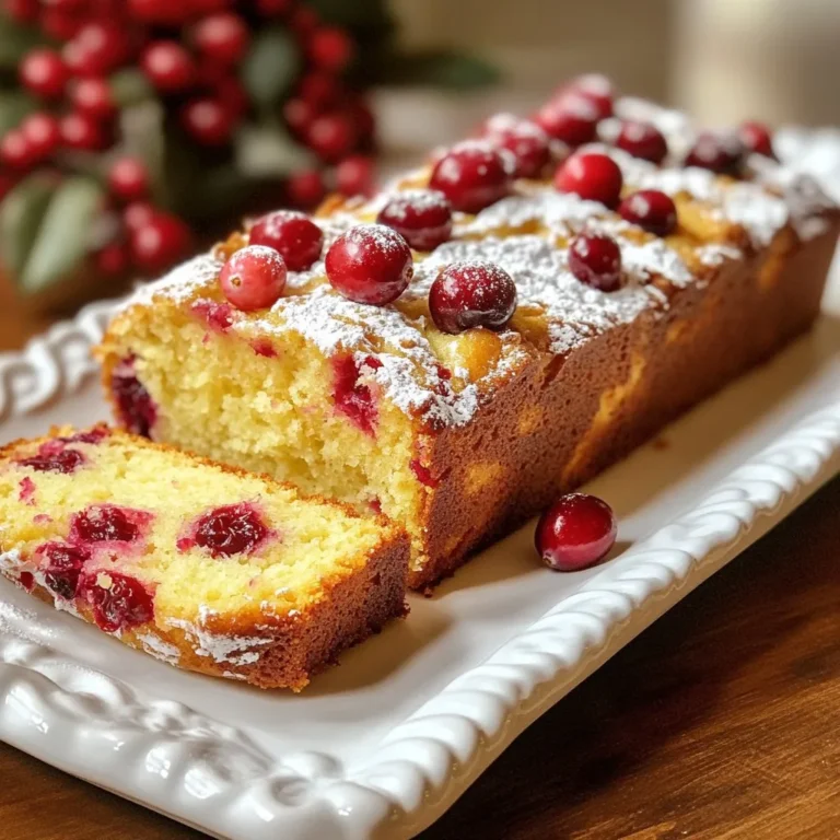 - 2 cups all-purpose flour - 1 teaspoon baking powder - 1 teaspoon baking soda - 1/2 teaspoon salt - 1 teaspoon ground cinnamon - 1/2 cup unsalted butter, softened - 1 cup sugar - 2 large eggs - 1 teaspoon vanilla extract - 1 cup buttermilk - 1 1/2 cups fresh cranberries (or frozen, thawed) - 1/2 cup chopped walnuts (optional) - 1/4 cup orange zest Gather these ingredients for a great start. Each one plays a key role in flavor and texture. The flour gives structure, while the baking powder and soda help the loaf rise. Salt enhances taste, and cinnamon adds warmth. Softened butter is vital for a creamy mix. Sugar sweetens the loaf nicely. Eggs bind the mixture to create a tender crumb. Vanilla adds a lovely scent, and buttermilk makes the loaf moist. Cranberries provide tartness, creating a balance with the sugar. If you love nuts, walnuts add a nice crunch. Orange zest brightens the flavor and gives a fresh twist. Once you have these ingredients, you are ready to make a delightful breakfast loaf. Enjoy the process of mixing and baking as the aroma fills your kitchen! {{ingredient_image_1}} First, preheat your oven to 350°F (175°C). This temperature is perfect for baking. While the oven warms up, grab a 9x5-inch loaf pan. Grease it well or line it with parchment paper. This step helps you remove the loaf easily after baking. In a medium bowl, combine the dry ingredients. You will need: - 2 cups all-purpose flour - 1 teaspoon baking powder - 1 teaspoon baking soda - 1/2 teaspoon salt - 1 teaspoon ground cinnamon Whisk these together until they are mixed well. This mix is the backbone of your loaf. Set it aside for later use. Now, take a large mixing bowl. Add 1/2 cup of softened unsalted butter and 1 cup of sugar. Use a hand mixer or a whisk to cream them together. Mix until the mixture looks light and fluffy. This step adds air to your batter, making it rise nicely. Next, you will add 2 large eggs to the creamed butter and sugar. Add them one at a time, mixing well after each addition. Then, pour in 1 teaspoon of vanilla extract. Mix until everything is smooth. This adds flavor and richness to your loaf. Now it’s time to mix the wet and dry ingredients. Start by adding a bit of the dry mix to the butter mixture. Then pour in 1 cup of buttermilk. Alternate between the dry mix and the buttermilk, starting and ending with the dry ingredients. Mix until just combined. This method keeps your batter light. Gently fold in 1 1/2 cups of fresh cranberries and 1/2 cup of chopped walnuts if you like. Use a spatula to carefully mix them in. Avoid overmixing to keep your loaf tender. You can also add 1/4 cup of orange zest for a fresh twist. Pour the batter into your prepared loaf pan. Smooth the top with a spatula. Place it in the oven and bake for 55-60 minutes. Check doneness by inserting a toothpick in the center. If it comes out clean, the loaf is done. If the top browns too fast, cover it with foil. Once baked, let the loaf cool in the pan for 10 minutes. Then, transfer it to a wire rack to cool completely. Using ingredients at room temperature is key. Cold butter can lead to lumps. Softened butter helps mix better, creating a smooth batter. Eggs should also be warm. This way, they blend easily with the butter and sugar. To check for doneness, use a toothpick. Insert it into the center of the loaf. If it comes out clean, the loaf is ready. If it’s wet, give it a few more minutes. Cover with foil if the top turns too dark to avoid burning. For a pretty finish, slice the loaf and serve warm. Drizzle a simple glaze made of powdered sugar and orange juice on top. Add fresh cranberries for a splash of color. A dusting of powdered sugar completes the festive look. Pro Tips Use Fresh Cranberries: Opt for fresh cranberries when in season for the best flavor and texture. If using frozen, ensure they are fully thawed and drained before adding to the batter. Room Temperature Ingredients: Make sure your butter, eggs, and buttermilk are at room temperature. This helps create a smoother batter and ensures even baking. Check Doneness: Start checking the loaf a few minutes before the suggested baking time. Ovens can vary, so a toothpick should come out clean or with a few crumbs, not wet batter. Store Properly: To keep the loaf fresh, wrap it tightly in plastic wrap and store it at room temperature for up to 3 days, or freeze for up to 3 months. {{image_2}} You can change this loaf based on the season. For a fall twist, add chopped apples or pears. In winter, mix in dried fruits like apricots or figs. You can also try spices like nutmeg or cardamom for warmth. These changes bring new flavors to your breakfast loaf. To make this loaf gluten-free, swap regular flour for a gluten-free blend. Look for a blend that includes xanthan gum. This helps give the loaf a nice structure. Follow the same steps in the recipe. You will still enjoy a moist and tasty loaf! If you want to skip walnuts, there are many options. Use chopped pecans or almonds for a different crunch. You could even add seeds like sunflower or pumpkin. These nuts and seeds add great texture and flavor, making your loaf even better. To keep your cranberry breakfast loaf fresh, wrap it tightly in plastic wrap. Place it in an airtight container to block air. This way, it stays moist and tasty. You can also store it at room temperature. Just keep it out of direct sunlight. If you plan to eat it within a few days, this method works well. For longer storage, consider freezing. To freeze the loaf, first let it cool completely. Then, slice it for easier serving. Wrap each slice in plastic wrap, and then place them in a freezer bag. Be sure to remove as much air as possible. This helps prevent freezer burn. To reheat, take a slice out and let it thaw in the fridge overnight. You can also warm it in the microwave for about 15 to 20 seconds. Your cranberry breakfast loaf will taste best within three days when stored at room temperature. If you keep it in the fridge, it can last up to a week. However, freezing it can extend its life to about three months. Always check for any signs of spoilage before eating. Enjoy it fresh for the best flavor! Yes, you can use frozen cranberries in this recipe. Just remember to thaw them first. Thawing helps them mix better in the batter. Frozen cranberries can be just as good as fresh ones. They will still add that tart burst of flavor. If you don't have buttermilk, you can make a substitute. Mix 1 cup of milk with 1 tablespoon of lemon juice or vinegar. Let it sit for about 5 minutes. This will create a similar acidity. You can also use plain yogurt or sour cream, thinned with a bit of milk. To check if the loaf is done, insert a toothpick into the center. If it comes out clean, your loaf is ready. The top should also look golden brown. If it browns too quickly, cover it with foil while baking. Yes, you can make this recipe vegan with a few changes. Replace the eggs with flax eggs or applesauce. Use plant-based butter instead of regular butter. For buttermilk, use almond milk with lemon juice, as mentioned earlier. These swaps keep the flavor and texture delicious. This blog post covered every step to make a tasty cranberry loaf. You learned about the key ingredients, easy steps, and helpful tips. I shared variations to suit your taste and ways to store your loaf for longer. Baking can be fun and rewarding. Now, you can enjoy a warm slice anytime. Embrace your creativity in the kitchen and share this delight with others!