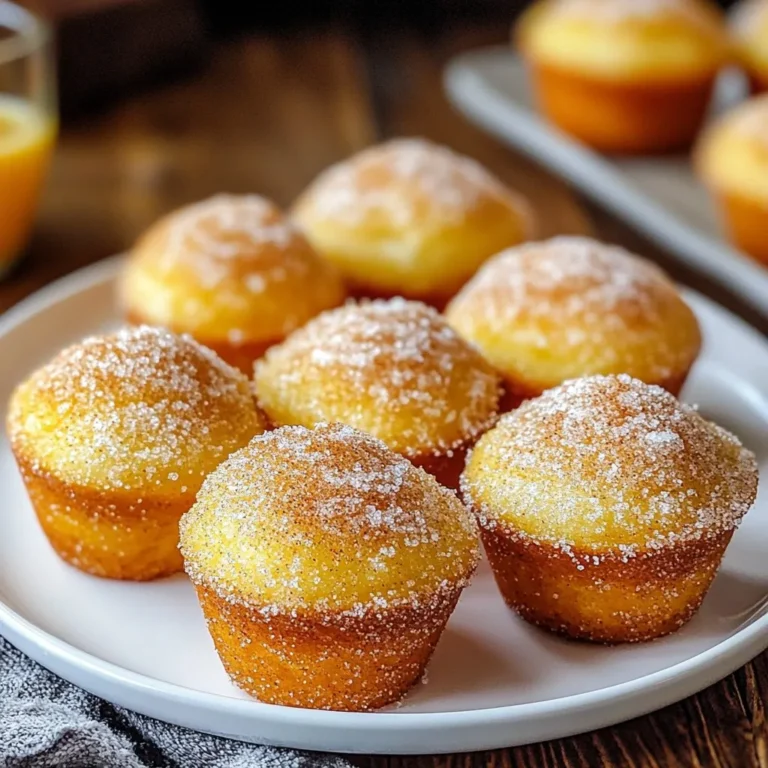 - 1 cup apple cider - 2 cups all-purpose flour - 1 teaspoon baking powder - 1 teaspoon baking soda - 1 teaspoon ground cinnamon - 1/2 teaspoon ground nutmeg - 1/4 teaspoon salt - 1/2 cup unsalted butter, softened - 3/4 cup brown sugar - 1/2 cup granulated sugar - 2 large eggs - 1 cup unsweetened applesauce - 1 teaspoon vanilla extract - 1/3 cup granulated sugar (for coating) - 1 tablespoon ground cinnamon (for coating) To make these muffins, start with a good amount of apple cider. It gives the muffins a rich flavor. You will need all-purpose flour as a base. Brown sugar and granulated sugar add sweetness and texture. The spices are key to making them taste like fall. Ground cinnamon and nutmeg bring warmth and depth to each bite. - You can swap butter for coconut oil or vegetable oil. This works well if you want a dairy-free option. - If you don’t have applesauce, mashed banana is a nice substitute. It keeps the muffins moist and adds sweetness. - For a gluten-free version, use almond flour or a gluten-free blend. Just ensure your baking powder is gluten-free too. - You will need a standard muffin tin to bake these muffins. - Have mixing bowls ready for combining ingredients. - An electric mixer makes creaming the butter and sugars easy. - Don't forget measuring cups and spoons for accuracy. - Lastly, a small saucepan is needed to reduce the apple cider. Gather these ingredients and tools before you start. It makes the whole process smooth and fun! {{ingredient_image_1}} 1. Preheat the Oven: Set your oven to 350°F (175°C). This is the right temperature for baking. Grease a 12-cup muffin tin or use muffin liners to prevent sticking. 2. Reducing Apple Cider: In a small saucepan, pour in 1 cup of apple cider. Heat it over medium heat. Bring it to a boil, then reduce the heat and let it simmer. After about 10-15 minutes, it should reduce to about 1/2 cup. Set it aside to cool. 3. Mixing Dry Ingredients: In a large bowl, whisk together 2 cups of all-purpose flour, 1 teaspoon of baking powder, 1 teaspoon of baking soda, 1 teaspoon of ground cinnamon, 1/2 teaspoon of ground nutmeg, and 1/4 teaspoon of salt. This mix gives the muffins their great flavor. 1. Creaming Butter and Sugars: In another bowl, use an electric mixer to mix 1/2 cup of softened unsalted butter, 3/4 cup of brown sugar, and 1/2 cup of granulated sugar. Mix them until light and fluffy, which takes about 3-4 minutes. 2. Incorporating Wet Ingredients: Add 2 large eggs, one at a time, to the butter-sugar mix. Then, pour in the reduced apple cider, 1 cup of unsweetened applesauce, and 1 teaspoon of vanilla extract. Mix well until the mixture is smooth. 1. Filling Muffin Tin: Spoon the muffin batter into the prepared tin. Fill each cup about 2/3 full to allow room for rising. 2. Baking Time and Checking Doneness: Bake the muffins for 18-20 minutes. Stick a toothpick in the center; if it comes out clean, they are done. Let them cool in the tin for about 5 minutes. 3. Cooling Tips: While the muffins cool, mix 1/3 cup of granulated sugar and 1 tablespoon of ground cinnamon in a shallow bowl. After the muffins cool slightly, roll them in this mix for a sweet coating. Enjoy! - How to prevent muffins from sticking: Use a good non-stick spray or line your muffin tin with paper liners. This helps the muffins pop out easily. - Checking for doneness: Stick a toothpick in the center of a muffin. If it comes out clean, your muffins are ready. - Adjusting baking time: If you use mini muffin tins, reduce baking time by about 5 minutes. Check them sooner to avoid overbaking. - Adding nuts or fruits for variations: You can mix in chopped walnuts, pecans, or even dried cranberries for added texture and taste. - Additional spices to consider: Try adding a pinch of allspice or ginger for a warm, cozy flavor. These spices pair well with the apple and cinnamon. - Serving suggestions: Serve the muffins warm on a pretty plate. They look great next to fresh apple slices or a small bowl of whipped cream. - Garnishing ideas: Dust the muffins with extra cinnamon sugar for a sweet touch. You can also sprinkle some finely chopped nuts on top for a crunchy finish. Pro Tips Use Fresh Cider: For the best flavor, use fresh apple cider instead of bottled versions. It enhances the taste and aroma of your muffins. Don’t Overmix: When combining wet and dry ingredients, mix just until combined. Overmixing can lead to dense muffins. Cool Before Coating: Allow the muffins to cool slightly before rolling them in the cinnamon-sugar mixture to ensure the coating adheres well. Experiment with Spice: Feel free to adjust the spices according to your taste. Adding a pinch of allspice or cloves can give a unique twist to your muffins. {{image_2}} You can make these muffins even more fun by changing the fruit. Try using pears or cranberries during fall. They add a nice twist to the classic flavor. Adding spices like ginger or allspice can also change things up. A pinch of clove can bring warmth to your muffins. If you want a vegan option, replace the eggs with flaxseed meal mixed with water. Use coconut oil instead of butter for a richer taste. If you want to cut sugar, try using a sugar substitute or applesauce. This way, you keep the sweetness while being health-friendly. You can make mini muffins if you want bite-sized treats. Just fill the mini tin halfway and bake for about 12-15 minutes. For standard muffins, stick to the original baking time. You can enjoy these muffins in different sizes, depending on your mood or event. To store your Apple Cider Doughnut Muffins, keep them at room temperature. Place them in an airtight container. This helps keep them soft and moist. You can enjoy them fresh for up to one week. If you want to keep them longer, consider freezing. For long-term storage, freezing is a great option. Wrap each muffin in plastic wrap. Then, place them in a freezer bag. This keeps out air and moisture. They can last up to three months in the freezer. When you're ready to eat, take one out and thaw it. Leave it at room temperature for a few hours or overnight. Check for spoilage before eating. Signs include dryness or mold. If they smell off, don't eat them. To reheat muffins, use the microwave. Heat each muffin for about 10-15 seconds. This brings back their warm, soft texture. You can also warm them in an oven at 350°F for 5-7 minutes. Enjoy them warm for the best taste! To reduce apple cider, pour it into a small saucepan. Heat it over medium heat until it boils. Then, lower the heat and let it simmer. Keep an eye on it as it cooks. You want it to reduce to about half a cup. This process takes around 10 to 15 minutes. Stir it occasionally to prevent burning. The result is a sweet, concentrated flavor that makes your muffins taste great. Yes, you can make these muffins ahead of time. Bake them and let them cool completely. Then, store them in an airtight container. They will stay fresh for about a week at room temperature. If you want to enjoy them warm, just pop them in the microwave for a few seconds. This way, you can always have a tasty treat ready to go. Absolutely! These muffins freeze well. To freeze them, wrap each muffin tightly in plastic wrap. Place them in a freezer bag or container. They can last for up to three months in the freezer. When you're ready to eat one, simply thaw it overnight in the fridge. You can also warm it in the microwave or oven for a fresh taste. If you have dietary restrictions, there are easy swaps you can make. For a dairy-free option, use plant-based butter. You can also replace applesauce with mashed bananas or pureed pumpkin. For gluten-free muffins, use a gluten-free flour blend. Always check the labels to ensure they fit your needs. These adjustments let everyone enjoy these tasty treats. This blog post covered everything you need to know about making apple cider doughnut muffins. We talked about the ingredients, suggested substitutions, and essential equipment. I shared step-by-step instructions for baking and cooling. You also found helpful tips for perfecting your muffins, like flavor enhancements and presentation ideas. Final thoughts: With these insights, you can make delicious muffins tailored to your taste. Experiment with flavors and enjoy baking!