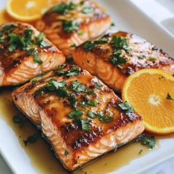 - 4 salmon fillets (6 oz each) - 1/2 cup fresh orange juice - 2 tablespoons soy sauce (low sodium) - 1 tablespoon honey - 1 tablespoon olive oil - 1 teaspoon ginger, grated - 2 cloves garlic, minced - Salt and pepper to taste - Fresh cilantro or parsley, for garnish - Orange slices, for garnish - Medium bowl - Whisk - Baking sheet - Parchment paper When making orange glazed salmon, gather your ingredients first. You need fresh salmon fillets, juicy oranges, soy sauce, honey, and olive oil. Don’t forget the ginger and garlic; they give extra flavor. Use salt and pepper to season your dish. Fresh herbs like cilantro or parsley will make it pretty. Lastly, orange slices add a nice touch when you serve the meal. For tools, grab a medium bowl for mixing. A whisk helps combine the glaze well. You’ll need a baking sheet lined with parchment paper to cook the salmon. This keeps it from sticking and makes cleanup easy. Having everything ready makes cooking fun and simple! {{ingredient_image_1}} To start, grab a medium bowl and add the following ingredients: - 1/2 cup fresh orange juice - Zest of 1 orange - 2 tablespoons low-sodium soy sauce - 1 tablespoon honey - 1 tablespoon olive oil - 1 teaspoon grated ginger - 2 cloves minced garlic Whisk these ingredients together until smooth. This is your orange glaze. Make sure it’s well combined but not too thick. You want it to coat the salmon nicely. Next, take your salmon fillets and place them in a shallow dish. Season each fillet with salt and pepper. Pour half of the orange glaze over the salmon. Ensure that each piece is evenly coated. Now, let the salmon marinate in the refrigerator for at least 15 minutes. This helps the flavors soak in. Now it’s time to cook! Preheat your oven to 400°F (200°C). Line a baking sheet with parchment paper or lightly grease it. After marinating, take the salmon out of the fridge. Place the fillets on the baking sheet, skin side down. Don’t forget to brush the top with the rest of the orange glaze. Bake the salmon for 12-15 minutes. It should flake easily with a fork and have a shiny glaze. If you like a caramelized finish, switch your oven to broil for the last 2-3 minutes. Keep a close watch to avoid burning. Once cooked, let the salmon rest for a couple of minutes. This helps keep it juicy. Serve the salmon with fresh cilantro or parsley and a few orange slices for a bright touch. Drizzle any leftover glaze for added flavor. Enjoy! To check for doneness, look for the salmon to flake easily with a fork. If it breaks apart gently, it’s ready. A perfect glaze will be shiny and smooth. For that shiny finish, brush the glaze on the salmon before and after cooking. This adds a glossy look. Adjust the salt by tasting the glaze before cooking. If it's too salty, add more orange juice or honey. Complementary flavors like lime or sesame oil can enhance the glaze. You can also try adding herbs like dill or basil for a fresh twist. For presentation, place the salmon on a colorful plate. Garnish with fresh cilantro or parsley and orange slices. Serve with sides like rice, steamed veggies, or a light salad. These pairings add color and make the meal complete. Pro Tips Marinate for Maximum Flavor: Allow the salmon to marinate for at least 30 minutes if you have the time. This will enhance the flavors of the glaze and make your salmon even more delicious. Use Fresh Ingredients: For the best results, use freshly squeezed orange juice and fresh ginger. This will elevate the flavor profile of your dish significantly. Watch the Broiling: When broiling, keep a close eye on the salmon to prevent burning. This step can add a beautiful caramelization to the glaze. Pairing Suggestions: Serve your orange glazed salmon with a side of steamed vegetables or a light salad to complement the flavors and create a balanced meal. {{image_2}} You can switch up the glaze to match your taste. For sweetening, try using maple syrup or agave. These options add a nice twist and flavor. You can also add spices, like red pepper flakes for heat or fresh herbs like thyme or rosemary for an earthy touch. These small changes can transform your dish. Grilling salmon gives it a smoky flavor. You can brush the glaze on the fish while grilling. This method adds nice char and depth. If you prefer something easier, pan-searing is a great choice. Sear the salmon in a hot skillet with some olive oil. Just make sure the glaze is added towards the end to avoid burning. If you don’t have salmon, you can use other fish. Try trout, halibut, or cod. These options cook similarly and taste great with the glaze. For a plant-based alternative, use tofu or tempeh. Marinate them in the same glaze, then bake or grill. This way, you can enjoy the orange flavor without the fish. To keep your orange glazed salmon fresh, store it in the fridge. Place it in an airtight container. Make sure to eat leftovers within three days for the best taste. When reheating, use the oven or microwave. Oven reheating keeps the salmon flaky. Heat at 350°F for about 10 minutes. If using a microwave, cover it to keep moisture. Heat in short bursts to avoid overcooking. Freezing salmon is easy if you do it right. Wrap each fillet tightly in plastic wrap. Then, place them in a freezer bag. Remove as much air as possible to prevent freezer burn. Properly frozen salmon lasts up to three months. When ready to use, thaw salmon in the fridge overnight. This way, it stays safe and fresh. Fresh salmon should be eaten within two days if stored in the fridge. Always check the sell-by date when buying. If you notice any off smells or a slimy texture, discard it. Good salmon has a bright color and firm texture. These signs help you know if your salmon is still good to eat. I recommend baking salmon for 12-15 minutes at 400°F (200°C). This time ensures the fish cooks through while staying moist. The salmon should flake easily with a fork when done. If you want a nice glaze, broil it for the last 2-3 minutes. Keep an eye on it to avoid burning. Yes, you can use frozen salmon! Just make sure to thaw it first. The best way is to leave it in the fridge overnight. If you're in a hurry, place it in a sealed bag and submerge it in cold water for about 30 minutes. Once thawed, season and prepare it just like fresh salmon. Pair orange glazed salmon with simple sides for a balanced meal. Here are some great options: - Steamed broccoli - Roasted asparagus - Quinoa with herbs - Garlic mashed potatoes - A fresh green salad These sides complement the sweet and tangy flavors of the salmon. Enjoy your meal! You've learned how to make a delicious orange glazed salmon. With simple ingredients and easy steps, you can create a meal that impresses. Remember to marinate your salmon well and bake it to perfection. Use the tips for glazing and seasoning to elevate your dish. Whether grilling or trying different fishes, you have options. Store any leftovers right to keep them fresh. Enjoy creating this dish and make it part of your recipe collection! Your kitchen adventures await.
