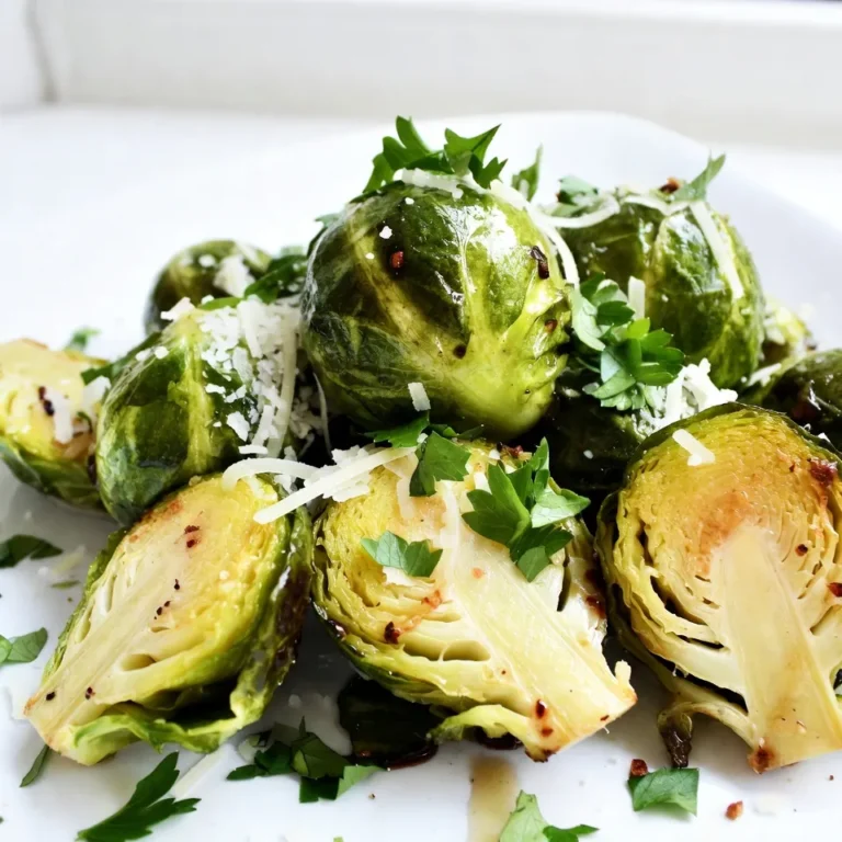 - 1 pound Brussels sprouts, trimmed and halved - 3 tablespoons olive oil - 4 garlic cloves, minced - ½ cup grated Parmesan cheese - ½ teaspoon red pepper flakes (optional) - Salt and pepper to taste - 2 tablespoons balsamic vinegar (optional for drizzle) - Fresh parsley, chopped (for garnish) To make crispy garlic Parmesan Brussels sprouts, you need fresh Brussels sprouts. Start by trimming and halving one pound. This helps them cook evenly. Next, grab three tablespoons of olive oil. This oil adds flavor and helps crisp the sprouts. Garlic is key to this dish. Use four cloves, minced. Garlic gives a strong and tasty kick. If you want some heat, add half a teaspoon of red pepper flakes. It's optional but adds a nice touch. Don’t forget salt and pepper! Use them to taste. They enhance all the flavors. For a sweet finish, consider two tablespoons of balsamic vinegar. Drizzle it on top after roasting. Finally, fresh parsley adds a lovely color. Chop some for garnish. These ingredients come together to make a delicious side dish. {{ingredient_image_1}} First, preheat your oven to 400°F (200°C). This step is key for a crispy finish. Next, line a baking sheet with parchment paper. This helps with easy cleanup later. In a large bowl, take your trimmed and halved Brussels sprouts. Pour in 3 tablespoons of olive oil. Toss them well to coat every sprout evenly. Now, add 4 minced garlic cloves to the bowl. Sprinkle in ½ teaspoon of red pepper flakes if you want a kick. Season with salt and pepper to taste. Toss everything again to ensure an even coating. This will make every bite delicious! Spread the seasoned Brussels sprouts in a single layer on the baking sheet. Make sure the cut sides face down. This maximizes contact with the sheet, which helps them get nice and crispy. Roast the Brussels sprouts in the preheated oven for 20-25 minutes. Halfway through, flip them to ensure they cook evenly. You’ll know they are done when they turn golden brown and crispy. Once they come out of the oven, sprinkle ½ cup of grated Parmesan cheese over the hot sprouts. The cheese will melt slightly, adding great flavor. If you like, drizzle with 2 tablespoons of balsamic vinegar for extra taste. Finish by garnishing with chopped fresh parsley. Enjoy your tasty side dish! To get your Brussels sprouts crispy, start with fresh ones. Trim and halve them to help them cook evenly. When you coat them in olive oil, don’t skimp! This oil helps create a golden crust. Spacing is key on the baking sheet. Make sure the sprouts are in a single layer. If they are too close, they will steam instead of roast. This can ruin the crispiness you want. Want to boost the flavor? Try adding lemon zest or smoked paprika. Both can add a nice twist. You can also sprinkle in some extra Parmesan cheese before serving for a cheesy kick. When should you add the garlic? Right after the sprouts are coated in oil. This timing helps the garlic cook, giving a nice, rich flavor without burning. For the best results, use a heavy baking sheet. This helps the sprouts cook evenly. Thin sheets can warp and lead to uneven cooking. Parchment paper is your friend! It makes cleanup easy and helps prevent sticking. Plus, it allows for better airflow, which is crucial for crispiness. Pro Tips Perfectly Trimmed: Make sure to trim the stems of the Brussels sprouts evenly for uniform cooking and to prevent bitterness. Maximize Crispiness: Roasting the Brussels sprouts cut side down allows for better caramelization and crispiness. Don't overcrowd the baking sheet! Cheese Melting Tip: Sprinkle the Parmesan immediately after removing from the oven to allow it to melt perfectly over the hot sprouts. Flavor Variations: Experiment with different seasonings like lemon zest or smoked paprika to add unique flavor profiles to your Brussels sprouts. {{image_2}} You can use other cheeses if you don’t have Parmesan. Try Pecorino Romano for a sharper taste. Grana Padano is another great choice. If you prefer a vegan option, look for cashew-based cheese. Nutritional yeast adds a cheesy flavor without dairy. Choose a cheese that you enjoy for the best taste. Adding lemon zest brightens the dish. It gives a fresh twist to the Brussels sprouts. You can also mix in herbs like thyme or rosemary. These herbs pair well with the garlic. For a sweet and savory mix, drizzle honey or maple syrup on top. This balance of flavors makes the dish unique and delightful. These crispy Brussels sprouts work great as a side dish. They pair well with chicken or fish. Serve them with a steak for a hearty meal. You can also enjoy them as a snack. They make a tasty appetizer for your guests. Serve them with a dip like ranch or a spicy aioli for extra fun. To keep your leftover crispy garlic Parmesan Brussels sprouts fresh, store them in the fridge. Place them in an airtight container. This helps to keep them from drying out. If you have extra sauce or toppings, keep those in a separate container. Reheating these sprouts can be tricky if you want to keep them crispy. The best way is to use an oven or an air fryer. Preheat the oven to 350°F (175°C) and heat for about 10 minutes. If using an air fryer, heat at 375°F (190°C) for 5-7 minutes. This keeps the texture crunchy. Avoid the microwave, as it can make them soggy. You can freeze leftover Brussels sprouts, but the texture may change. To freeze, let them cool completely. Place them in a single layer on a baking sheet. Once frozen, transfer them to a freezer-safe bag. When ready to eat, thaw them in the fridge overnight. Reheat in the oven or air fryer for the best results. Yes, you can prepare these Brussels sprouts ahead of time. Start by trimming and halving the Brussels sprouts. Then, toss them with olive oil, garlic, and spices. Store this mixture in the fridge for up to 24 hours before cooking. When you're ready, spread them on a baking sheet and roast as usual. This method saves time and gives you a quick side dish. You’ll know the Brussels sprouts are done when they are golden brown and crispy. They should be tender when pierced with a fork. Look for a nice char on the outside, which adds flavor. If you flip them halfway through cooking, it helps ensure even crispiness. Using frozen Brussels sprouts is not ideal. They often become mushy when cooked. Fresh Brussels sprouts maintain a better texture and flavor in this recipe. If you must use frozen, thaw them first and pat them dry to remove excess moisture. This will help improve their crispiness. This blog post shares a simple way to make crispy garlic Parmesan Brussels sprouts. You learned the key ingredients, from fresh sprouts to enjoyable seasonings. I provided clear steps to help you roast them perfectly. We discussed tips for extra flavor and crispiness and explored variations and storage. Enjoy these sprouts as a tasty side or snack. With these tips, you can make this dish your own. Happy cooking and enjoy your meal!