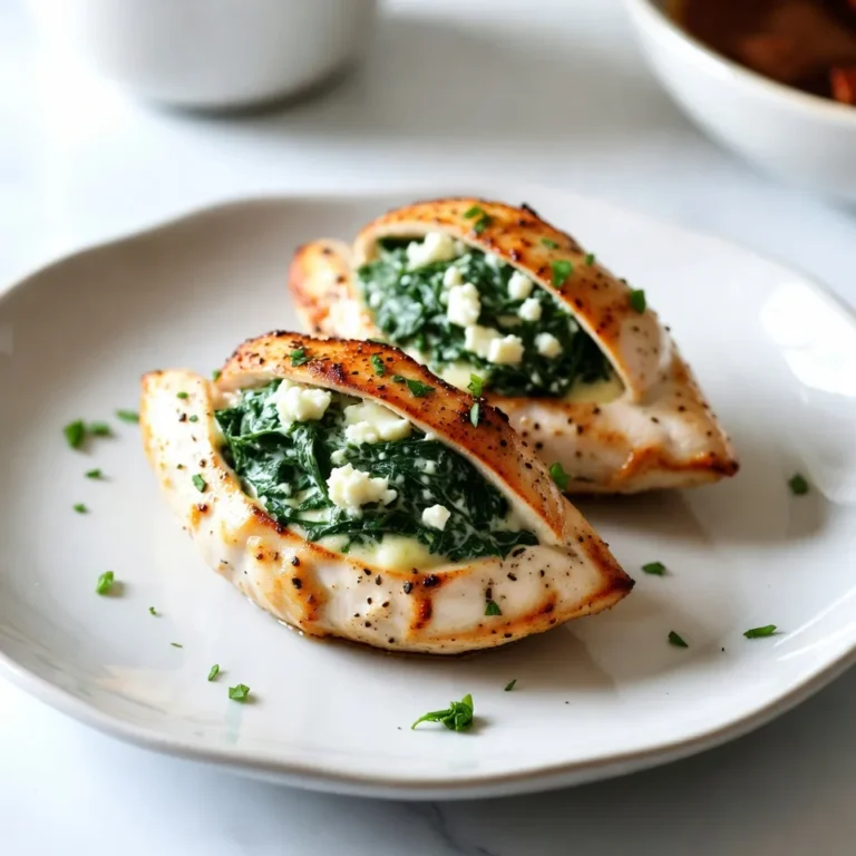 To make the spinach feta stuffed chicken, you need these main ingredients: - 4 boneless, skinless chicken breasts - 2 cups fresh spinach, chopped - 1 cup feta cheese, crumbled - 1/2 cup cream cheese, softened - 2 cloves garlic, minced - 1/4 teaspoon red pepper flakes (optional) - 1 teaspoon dried oregano - Salt and pepper to taste - 2 tablespoons olive oil - 1/2 cup shredded mozzarella cheese (for topping) While the main ingredients work great, you can add some optional items for extra flavor: - Fresh herbs like basil or parsley for garnish - A squeeze of lemon juice for brightness - Sun-dried tomatoes for a tangy twist Using fresh ingredients makes a big difference in flavor. Here are some tips: - Spinach: Choose vibrant green leaves. Avoid yellow or wilting spinach. - Feta Cheese: Look for a good quality, crumbly feta. It adds rich flavor. - Cream Cheese: Make sure it’s soft. This helps mix well with other ingredients. - Olive Oil: Use extra virgin olive oil for the best taste. With these ingredients, you’ll create a tasty dish that impresses everyone! {{ingredient_image_1}} Start by gathering your ingredients. You will need: - 4 boneless, skinless chicken breasts - 2 cups fresh spinach, chopped - 1 cup feta cheese, crumbled - 1/2 cup cream cheese, softened - 2 cloves garlic, minced - 1/4 teaspoon red pepper flakes (optional) - 1 teaspoon dried oregano - Salt and pepper to taste - 2 tablespoons olive oil - 1/2 cup shredded mozzarella cheese (for topping) First, preheat your oven to 375°F (190°C). This step is key for even cooking. Next, in a large bowl, mix the chopped spinach, feta cheese, cream cheese, minced garlic, red pepper flakes, oregano, salt, and pepper. Stir until the mixture is smooth and combined. Now, take your chicken breasts. Carefully slice them along one side to create pockets. Be gentle to avoid cutting through. Fill each pocket with your spinach and feta mixture. If needed, use toothpicks to close the openings. Heat olive oil in a large oven-safe skillet over medium-high heat. Once the oil is hot, place each stuffed chicken breast in the skillet. Cook for about 3-4 minutes on each side until they turn golden brown. This searing step adds great flavor. After browning the chicken, sprinkle shredded mozzarella cheese on top. Then, transfer the skillet to your preheated oven. Bake for 20-25 minutes or until the chicken reaches an internal temperature of 165°F (75°C). To ensure your chicken stays juicy, use a meat thermometer. This tool helps you check the internal temperature accurately. Avoid cutting into the chicken to check doneness, as this releases juices. Let the chicken rest for a few minutes after baking. Resting allows the juices to redistribute, keeping your meal moist. Enjoy your Spinach Feta Stuffed Chicken with a side salad or roasted veggies! To stuff the chicken well, first make a pocket in each breast. Use a sharp knife to slice along one side. Be careful not to cut all the way through. Once you have a pocket, take your spinach and feta mix. Fill the pocket with this tasty blend. Press it in gently, so it stays put. If the pocket opens, use toothpicks to close it. This keeps all the yummy filling inside while cooking. Searing and baking together give the best results. Start by searing the chicken in a hot skillet. This browns the outside and adds flavor. Cook for about 3-4 minutes on each side. After searing, transfer the skillet to a hot oven. Bake it at 375°F for 20-25 minutes. This keeps the chicken juicy and ensures even cooking. Check the internal temperature; it should be 165°F. This method gives you a nice crust and a tender inside. Use a few key tools for this recipe. A sharp knife is essential for making pockets in the chicken. A large mixing bowl helps mix your filling well. For cooking, an oven-safe skillet works best. It lets you switch from stovetop to oven easily. Don’t forget a meat thermometer to check doneness. Using these tools will make your cooking smoother and more fun. Pro Tips Use Fresh Spinach: Always opt for fresh spinach over frozen for better flavor and texture in your stuffing. Season the Chicken: Make sure to season the chicken breasts with salt and pepper before stuffing to enhance the overall flavor. Check the Temperature: Use a meat thermometer to ensure the chicken is cooked through, reaching an internal temperature of 165°F (75°C). Rest Before Serving: Let the stuffed chicken rest for a few minutes after baking; this helps the juices redistribute for a juicier bite. {{image_2}} You can switch up the cheese in your stuffed chicken. Cream cheese adds a nice smoothness. You can use goat cheese for a tangy twist. Ricotta cheese gives a light and fluffy filling. If you want a stronger flavor, try blue cheese. Each cheese choice brings a unique taste to the dish. Adding more veggies can enhance the flavor and nutrition. Try chopped sun-dried tomatoes for a sweet tang. You can add mushrooms for an earthy touch. Zucchini or bell peppers add color and crunch. Just make sure to chop them small so they mix well with the spinach and cheese. You can change the spices to create new flavors. For a Mediterranean vibe, add some lemon zest and fresh herbs like basil or parsley. If you want a kick, use more red pepper flakes or add some cayenne. For a smoky flavor, try smoked paprika. These small changes can make your meal feel fresh and exciting. After you enjoy your Spinach Feta Stuffed Chicken, let it cool first. Place any leftovers in a sealed container. This helps keep them fresh longer. Store the chicken in the fridge for up to three days. Make sure to label the container with the date. This way, you know when to eat it! To reheat your chicken, you can use the oven or microwave. For the oven, preheat to 350°F (175°C). Place the chicken in an oven-safe dish. Cover it with foil to keep it moist. Heat for about 15-20 minutes. If using a microwave, place the chicken on a plate. Heat for 2-3 minutes, checking if it's warm all the way through. Always make sure the chicken reaches an internal temp of 165°F (75°C). If you want to freeze the stuffed chicken, wrap each piece tightly in plastic wrap. Then, place them in a freezer bag or container. Remove as much air as possible to prevent freezer burn. You can freeze them for up to three months. When ready to eat, thaw in the fridge overnight. Then follow the reheating instructions. This makes meal prep easy and keeps flavors fresh! To keep chicken juicy, I recommend two main steps. First, do not overcook it. Chicken should reach an internal temperature of 165°F (75°C). Use a meat thermometer for accuracy. Second, make a pocket in the chicken breast for the filling. This helps keep moisture inside. Searing the chicken in olive oil also locks in flavor. Yes, you can use frozen spinach. Just make sure to thaw and drain it well. Squeeze out excess water before mixing it with the other ingredients. This keeps the filling from getting soggy. Frozen spinach is a great time-saver and still provides good taste and nutrition. Many sides go well with Spinach Feta Stuffed Chicken. Here are a few tasty options: - Roasted vegetables like carrots and bell peppers - A light salad with mixed greens - Quinoa or rice for a filling side - Garlic bread for a comforting touch These dishes add balance and flavor to your meal. Enjoy experimenting with different combinations! In this blog post, we explored how to make delicious spinach feta stuffed chicken. I shared key ingredients, step-by-step cooking instructions, and helpful tips. We also discussed variations to keep it exciting and storage tips for leftovers. Cooking chicken can be simple and fun with the right guidance. Remember, good ingredients lead to great meals. With these tips, you can cook chicken that is juicy and full of flavor every time. Try it out, and enjoy your tasty creation!