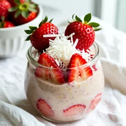 - 1 cup rolled oats - 1 cup coconut milk - 1/2 cup Greek yogurt - 1 cup fresh strawberries - 2 tablespoons shredded coconut - 1 tablespoon honey or maple syrup - 1/2 teaspoon vanilla extract - A pinch of salt You need simple ingredients for this recipe. Rolled oats are the base. They soak up the coconut milk and yogurt well. Coconut milk adds a creamy texture and a tropical taste. Greek yogurt brings protein and a tangy flavor. Fresh strawberries add sweetness and color. Shredded coconut gives a nice chew and extra coconut flavor. Honey or maple syrup can sweeten your oats. Vanilla extract adds a lovely aroma. A pinch of salt brings out all the flavors. - Extra strawberries - More shredded coconut You can use extra strawberries for a fresh touch. More shredded coconut will enhance the flavor. These toppings make your oats look pretty and taste great. Feel free to get creative with your own toppings too! {{ingredient_image_1}} - First, take a medium bowl. - Combine 1 cup rolled oats, 1 cup coconut milk, and 1/2 cup Greek yogurt. - Add 1 tablespoon honey or maple syrup if you like it sweeter. - Mix in 1/2 teaspoon vanilla extract and a pinch of salt. - Stir well until all ingredients blend together. - Now, gently fold in 1 cup of sliced strawberries. - Be careful not to mash them. You want nice pieces in your oats. - Next, divide the mixture into two jars. - Make sure to pack it down slightly. - Top each jar with 2 tablespoons of shredded coconut. - Seal the jars tightly. - Place them in the fridge overnight or for at least 4 hours. - This lets the oats soak up the liquid and become soft. To get the right texture, add more coconut milk. This makes your oats thinner, which some people love. If you find the oats too thick, just mix in a splash of coconut milk in the morning. This simple trick can change how you enjoy your oats. You can keep adjusting until you find what feels best for you. If you want to change the sweetness, try different options. You can use maple syrup or honey, but also think about agave nectar or stevia. Each sweetener has a different taste and can make your oats unique. Experiment with what you like best. It’s fun to find your favorite flavor. Making a big batch saves time. You can prepare your overnight oats ahead of time for busy mornings. Just double the recipe and store in jars. This way, you have a quick breakfast ready to go. It’s perfect for those days when you're rushing out the door. Plus, you can grab a jar and enjoy it on the way. Pro Tips Use Fresh Strawberries: For the best flavor, opt for fresh strawberries. They add a delightful sweetness and vibrant color to your overnight oats. Customize Your Sweetness: Adjust the sweetness by varying the amount of honey or maple syrup according to your taste preferences. Experiment with Toppings: Feel free to get creative with toppings! Try adding nuts, seeds, or other fruits to enhance the texture and flavor. Make It Ahead: These overnight oats are perfect for meal prep. Make a batch for the week and enjoy a quick, nutritious breakfast each morning. {{image_2}} You can swap strawberries for other fruits. Try using bananas, blueberries, or mangoes. Each fruit adds its own flavor. Bananas give a creamy texture. Blueberries add a pop of sweetness. Mangoes bring a tropical twist. Mix and match to find your favorite! Want to make this dish dairy-free or vegan? Use coconut yogurt instead of Greek yogurt. Choose maple syrup over honey for a vegan option. Coconut milk is already dairy-free. You can enjoy this dish while keeping it plant-based. Add extra flavors with spices. Cinnamon provides warmth and sweetness. Nutmeg adds a nice touch of earthiness. Just a sprinkle can elevate your oats. You can also try vanilla bean or cardamom for new tastes. Get creative and make it your own! Store your strawberry coconut overnight oats in airtight containers. Mason jars work great. Make sure to pack the oats down slightly. This keeps them fresh and helps save space in your fridge. Avoid using regular plastic containers that do not seal well. Good sealing prevents air from getting in and keeps your oats tasty. These oats stay fresh in the refrigerator for about three to five days. After that, they may lose flavor or texture. Always check for any signs of spoilage. If they smell sour or look off, it’s best to toss them. Enjoy them within this time for the best taste! Yes, you can freeze overnight oats! They can last in the freezer for about one to three months. To freeze, place the oats in a freezer-safe container. Leave a little space at the top, as the oats will expand. To eat, thaw them in the fridge overnight before serving. You may need to add a splash of coconut milk to get the right consistency again. You can use steel-cut oats, but the texture will change. Steel-cut oats are less processed. They take longer to soften compared to rolled oats. If you choose steel-cut oats, soak them longer. Overnight is best, but you may need to adjust the liquid. Steel-cut oats will be chewier. Overnight oats stay fresh for up to five days in the fridge. Store them in airtight containers. They may thicken over time, so stir before eating. If they get too thick, add a splash of coconut milk. Always check for any signs of spoilage before consuming. Yes, you can skip yogurt. Use extra coconut milk for creaminess. You can also try using mashed banana or silken tofu. These options add creaminess and flavor. If you want a dairy-free version, just stick with coconut milk. This keeps your oats light and delicious. This blog post shared a simple and tasty overnight oats recipe. You learned the main ingredients, step-by-step directions, and tips for the best results. Remember, you can mix in your favorite fruits or adjust flavors. Storing your oats properly ensures they stay fresh. With these ideas, you can enjoy a healthy breakfast easily. Take a moment to try this recipe, and make mornings more enjoyable!