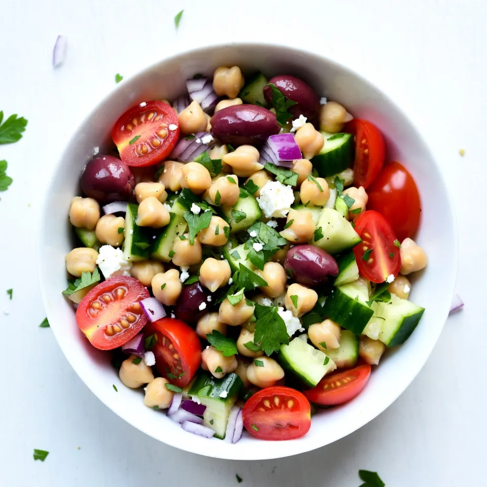 To make a delicious Mediterranean Chickpea Salad, you need: - 1 can (15 oz) chickpeas, drained and rinsed - 1 cup cherry tomatoes, halved - 1 cucumber, diced - 1/2 red onion, finely chopped - 1/2 cup Kalamata olives, pitted and halved - 1/2 bell pepper (any color), diced - 1/4 cup fresh parsley, chopped - 1/4 cup feta cheese, crumbled - 3 tablespoons olive oil - 2 tablespoons lemon juice - 1 teaspoon dried oregano - Salt and pepper to taste This salad serves four people. Each serving has about: - Calories: 250 - Protein: 8g - Carbohydrates: 20g - Fiber: 6g - Fat: 16g Chickpeas are a great source of plant protein. They help build muscle and keep you full. They are high in fiber, which aids digestion. The vegetables in this salad add vitamins and minerals. For example, tomatoes have vitamin C, which supports your immune system. Cucumbers hydrate you and are low in calories. Kalamata olives add healthy fats, which are good for your heart. Feta cheese gives calcium for strong bones. Eating this salad gives you energy and helps you stay healthy. {{ingredient_image_1}} To start, grab a large mixing bowl. Add the drained chickpeas. Next, toss in the halved cherry tomatoes, diced cucumber, finely chopped red onion, diced bell pepper, and Kalamata olives. Mix these ingredients well. Then, gently fold in the chopped parsley and crumbled feta cheese. This adds a fresh touch. In a small bowl, whisk together three tablespoons of olive oil, two tablespoons of lemon juice, and one teaspoon of dried oregano. Add salt and pepper to taste. Pour this dressing over the salad. Toss gently to coat all the ingredients evenly. Let the salad rest for at least 15 minutes. This helps the flavors blend nicely. You can enjoy it right away or chill it for later. Serve your Mediterranean chickpea salad chilled or at room temperature. It pairs well with grilled meats or pita bread. You can also add some toasted nuts for extra crunch. If you like, sprinkle more feta on top before serving. Enjoy this colorful salad with friends and family! To boost the flavor of your Mediterranean chickpea salad, use fresh ingredients. Fresh herbs like parsley make a big difference. You can add a pinch of red pepper flakes for some heat. For a zesty twist, try adding some minced garlic. A splash of balsamic vinegar also pairs well. Letting the salad sit for at least 15 minutes helps the flavors blend. Enjoy it chilled for the best taste. You don’t need fancy tools for this salad. A large mixing bowl is great for combining the salad. Use a sharp knife for chopping veggies. A cutting board makes prep easy and safe. For the dressing, a small whisk or fork works well. If you have a salad spinner, use it to dry washed greens. These simple tools will make your cooking experience smooth and enjoyable. One common mistake is not draining the chickpeas well. This can make your salad soggy. Another mistake is adding too much salt at once. Taste as you go to avoid this. Do not skip letting the salad rest; this step is key for flavor. Lastly, be careful not to overmix the salad when combining ingredients. Gently fold to keep the salad fresh and appealing. Pro Tips Fresh Herbs Matter: Using fresh parsley will enhance the flavor of your salad. Dried herbs can’t replicate the vibrant taste of fresh herbs. Chill for Flavor: Allowing the salad to rest in the fridge for at least 15 minutes before serving helps the flavors meld beautifully. Customize Your Veggies: Feel free to swap out any vegetables based on your preference or what you have on hand, such as adding bell peppers or avocados. Quality Olive Oil: Use a high-quality extra virgin olive oil for the dressing to elevate the overall taste of your salad. {{image_2}} If you want to change things up, there are many ways to switch ingredients. You can swap chickpeas for black beans or white beans. They add a different taste but still keep it healthy. If you don’t like feta cheese, try goat cheese or leave it out. You can use any type of olives too, such as green olives. This makes the salad more fun and unique. This salad is already vegan and gluten-free. Chickpeas are a great source of protein for everyone. You can add more veggies if you like, such as carrots or zucchini. Just make sure to keep the dressing simple and fresh. Use extra virgin olive oil and lemon juice to keep it bright and tasty. Changing ingredients with the seasons can make this salad even better. In spring, you can add fresh peas or asparagus for a pop of color. In summer, try adding juicy peaches or nectarines for sweetness. In fall, roasted butternut squash gives a warm taste. In winter, add hearty kale or spinach for extra nutrients. Mixing in seasonal veggies keeps your salad fresh and fun all year long. After enjoying your Mediterranean chickpea salad, store any leftovers in an airtight container. This keeps the salad fresh longer. Place the container in the fridge. It will stay good for about three days. Make sure to seal it tightly to keep out air and moisture. Freezing is not the best option for this salad. The fresh veggies and feta cheese may not taste good after thawing. If you must freeze it, separate the dressing from the salad. Store the salad mix in a freezer bag. It can last about a month in the freezer. When ready to eat, thaw it in the fridge overnight. You don’t need to reheat this salad! Mediterranean chickpea salad is best served cold or at room temperature. If you want to warm it up, do so gently on the stove. Heat it just enough to take off the chill. Avoid using a microwave, as it can make the veggies soggy. Enjoy your salad fresh for the best taste! Mediterranean Chickpea Salad stays fresh for about 3 to 5 days in the fridge. The flavors get better as it sits. Store it in a sealed container to keep it fresh. Always check for any off smells or strange textures before eating. If you see any changes, it’s best to toss it. Yes, you can make this salad ahead of time. It tastes great after resting in the fridge. This allows the flavors to mix well together. I suggest making it a day before serving. Just give it a good stir before you serve it. If needed, add a bit more olive oil or lemon juice for freshness. This salad pairs well with many dishes. Try serving it with grilled chicken or fish for a hearty meal. It also complements pita bread or flatbreads nicely. For a light lunch, enjoy it with a side of hummus. This salad works well with a glass of crisp white wine too. We explored the tasty and healthy Mediterranean Chickpea Salad. We listed the key ingredients, shared nutritional facts, and discussed health benefits. I provided step-by-step instructions and helpful tips for serving. We also discussed how to enhance flavor and avoid common mistakes. Plus, I shared variations and storage tips. In the end, this salad is easy, healthy, and very tasty. Make it today and enjoy!