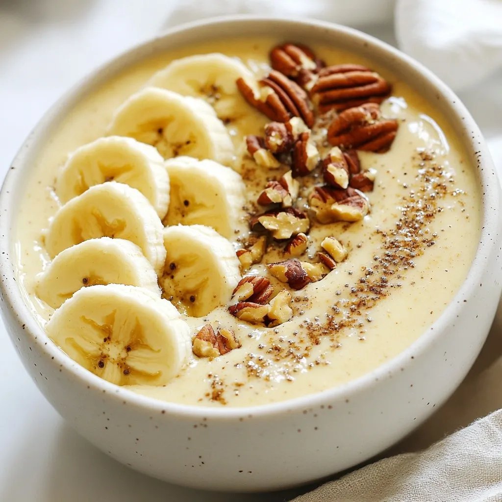 To make a delightful eggnog smoothie bowl, you need a few simple ingredients. Here’s what you will need: - 1 frozen banana - 1 cup unsweetened almond milk (or any milk of choice) - 1/2 cup Greek yogurt - 1 teaspoon vanilla extract - 1/2 teaspoon ground nutmeg - 1/4 teaspoon ground cinnamon - 1 tablespoon maple syrup (adjust to taste) - 1/4 cup old-fashioned oats - Toppings: sliced bananas, chopped pecans, granola, and a sprinkle of nutmeg Each ingredient adds flavor and texture to your smoothie bowl. The frozen banana gives it a creamy base. The almond milk makes it smooth and light. Greek yogurt adds a nice tang and boosts protein. Vanilla extract adds warmth, while nutmeg and cinnamon bring that festive vibe. Maple syrup sweetens it just right. Old-fashioned oats add fiber and help thicken the mixture. For toppings, I love using sliced bananas, crunchy pecans, and granola. A dash of nutmeg on top completes the look. Enjoy gathering these ingredients before blending them into a tasty breakfast or snack. {{ingredient_image_1}} - Combining Ingredients in the Blender Start by adding the frozen banana to your blender. Then, pour in 1 cup of unsweetened almond milk. Next, add 1/2 cup of Greek yogurt, 1 teaspoon of vanilla extract, and 1/2 teaspoon of ground nutmeg. Don't forget to add 1/4 teaspoon of ground cinnamon and 1 tablespoon of maple syrup. Finally, toss in 1/4 cup of old-fashioned oats. - Blending for Desired Consistency Blend all the ingredients on high. Watch as it transforms into a creamy mix. If you want it thinner, add a bit more almond milk. Blend again until smooth and well combined. - Adjusting Sweetness with Maple Syrup After blending, taste your smoothie. If it needs more sweetness, add more maple syrup. Blend again briefly to mix it in well. - Pouring the Smoothie into a Bowl Once your smoothie is nice and smooth, pour it carefully into a bowl. This is where the fun begins! - Tips for Arranging Toppings Now for the toppings! Use sliced bananas, chopped pecans, and granola. Sprinkle a little nutmeg on top for extra flavor. Arrange them nicely to make your bowl look festive and inviting. - Enjoying Immediately Enjoy your eggnog smoothie bowl right away. The flavors are best fresh, and it looks gorgeous! - Recommended Kitchen Tools For this recipe, you need a blender and a bowl. A good knife helps for slicing bananas too. Enjoy your cooking! To get the perfect creamy texture, use a frozen banana. This adds chill and thickness. Blend the banana with almond milk and Greek yogurt. The yogurt makes it rich and smooth. If the smoothie is too thick, add more almond milk. Blend again for a few seconds until smooth. You can change flavors to suit your taste. Feel free to adjust the spices. Add more nutmeg for a stronger flavor. If you like it sweeter, add extra maple syrup. For a fun twist, try a scoop of pumpkin puree. This adds flavor and nutrition. A beautiful garnish makes your smoothie bowl pop. Slice bananas and arrange them in a fan shape. Sprinkle chopped pecans on top for crunch. Add a handful of granola for texture. A light dusting of nutmeg adds a festive touch. Choose colorful bowls for serving. Bright bowls make the dish look cheerful. You can also use clear bowls to show off the layers. This adds to the fun of eating. Serve with a spoon and enjoy right away! Pro Tips Use Frozen Bananas: Frozen bananas give your smoothie bowl a creamy texture and chill it perfectly for a refreshing treat. Adjust Sweetness: Feel free to adjust the amount of maple syrup to suit your taste. Start with less and add more if needed. Experiment with Toppings: Get creative with toppings! Try adding shredded coconut, chia seeds, or your favorite fruits for extra flavor and nutrition. Blend for Consistency: Blend until you reach your desired consistency. If you prefer a thinner smoothie, add more almond milk a little at a time. {{image_2}} If you want a dairy-free eggnog smoothie bowl, you can substitute yogurt and milk. Use coconut yogurt or soy yogurt instead of Greek yogurt. For the milk, try oat milk or cashew milk. Both options give a creamy texture without dairy. They also keep the festive flavor alive. Want to add more nutrients? Try adding spinach to your smoothie. Spinach blends well and adds vitamins without changing the taste much. You can also experiment with spices. Try using ginger or allspice. These can give your bowl a new twist that’s still cozy. When it comes to toppings, get creative! You can use pomegranate seeds or shredded coconut for a festive touch. Consider switching ingredients based on what you have on hand. If you don’t have pecans, walnuts or almonds work too. This way, you can enjoy seasonal flavors without stress. If you have leftover smoothie bowl, store it in the fridge. Use an airtight container. This keeps it fresh for up to two days. When you are ready to eat, give it a good stir. You might need to add a splash of milk to thin it out. For raw ingredients, freezing is a great option. You can freeze ripe bananas. Peel them first and slice them if you want. Place the slices in a freezer bag. You can use them later in smoothies or other recipes. To keep your ingredients fresh longer, start by storing fruits properly. Keep bananas at room temperature until they ripen. After that, place them in the fridge to slow down browning. For Greek yogurt, check the date before buying. Store it in the back of the fridge where it is coldest. Use old-fashioned oats within a few months for the best taste. Keep them in a cool, dry place. Seal the bag tightly to prevent moisture. For spices like nutmeg and cinnamon, store them in a dark cabinet. This helps keep their flavor strong for longer. You can use several alternatives to Greek yogurt. Here are some options: - Regular yogurt: It works well and is easy to find. - Coconut yogurt: This is great for a dairy-free option. - Silken tofu: This adds creaminess and is plant-based. - Cashew yogurt: This is nutty and rich, perfect for a smooth texture. Each of these options will change the flavor slightly. Experiment to find what you like best! Yes, you can use fresh bananas, but there are some differences. - Texture: Frozen bananas make the smoothie creamy and thick. Fresh bananas will make it smoother, but it may be runnier. - Temperature: Using fresh bananas may result in a warmer smoothie bowl. If you want it cold, add ice cubes. If you prefer a thicker texture, stick with frozen bananas! You can store your smoothie bowl for a short time. Here are some tips: - Refrigeration: Keep it in the fridge for up to 24 hours. - Separation: Expect some separation. Stir it well before eating. - Freezing: You can freeze the smoothie base for up to a month. Just blend it again before serving. For the best taste, enjoy it fresh! This blog shared how to make a delicious eggnog smoothie bowl. We covered the key ingredients, including frozen bananas and Greek yogurt, plus ways to blend them all into a smooth base. I shared tips on assembling your bowl and how to make it look great. You can customize flavors or toppings to fit your taste. In the end, this tasty treat can fit various diets and preferences. Experiment with ingredients for new flavors or textures. Enjoy your smoothie bowl fresh or stored for later!