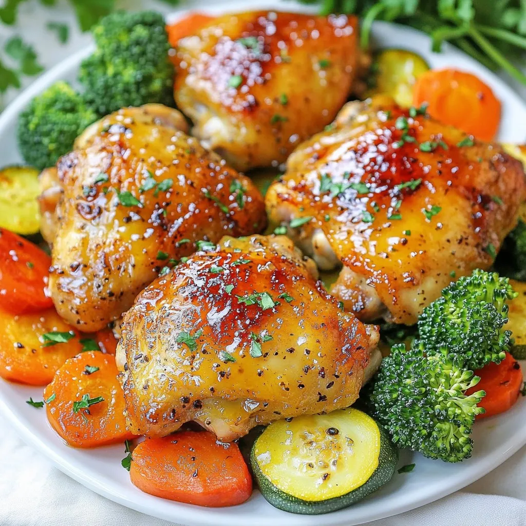 - Chicken and Veggie Components - 4 chicken thighs, skin-on and bone-in - 2 large carrots, sliced into thin rounds - 1 zucchini, cut into half-moons - 1 red bell pepper, sliced - 1 cup broccoli florets - Marinade Ingredients - 3 tablespoons honey - 3 tablespoons Dijon mustard - 2 tablespoons olive oil - 2 cloves garlic, minced - Seasonings and Oils - 1 teaspoon dried thyme - Salt and pepper to taste In this recipe, chicken thighs shine with their rich flavor, while veggies add color and nutrition. I love using skin-on, bone-in chicken for its juicy texture. Carrots, zucchini, red bell pepper, and broccoli make a great mix. The marinade blends honey and Dijon mustard for a sweet and tangy kick. Olive oil gives the dish a smooth finish. Minced garlic adds depth, and thyme brings a lovely herb note. Salt and pepper enhance all the flavors. This combination of ingredients makes for a meal that is both easy and delicious. You can feel free to adjust the veggies to what you have on hand. {{ingredient_image_1}} First, preheat your oven to 400°F (200°C). This step is key to getting a nice cook on your chicken and veggies. Next, grab a large baking sheet and line it with parchment paper. This makes cleanup easy and helps your food not stick. In a medium bowl, whisk together these ingredients: - 3 tablespoons honey - 3 tablespoons Dijon mustard - 2 tablespoons olive oil - 2 cloves garlic, minced - 1 teaspoon dried thyme - Salt and pepper to taste Mix them well until smooth. This honey mustard mix is the star of the dish. Brush half of this mixture over the chicken thighs. Make sure to coat them well for flavor. Next, take the chicken thighs and place them on the prepared baking sheet. Then, in another bowl, toss the veggies with the rest of the honey mustard mixture. Use these veggies: - 2 large carrots, sliced - 1 zucchini, cut into half-moons - 1 red bell pepper, sliced - 1 cup broccoli florets Make sure they are evenly coated. After that, arrange the veggies around the chicken on the sheet pan. This layout helps them cook evenly. Now, it’s time to bake. Place the sheet pan in the oven and bake for 30-35 minutes. You want the chicken to reach an internal temperature of 165°F (75°C). The veggies should be tender and slightly caramelized. For that crispy finish, turn on the broiler for 2-3 minutes. Keep an eye on it, as it can burn fast. Once done, take it out and let it rest for a few minutes before serving. Enjoy your meal! To get the best chicken, aim for an internal temperature of 165°F (75°C). Use a meat thermometer to check. This ensures your chicken is safe to eat and stays juicy. Marinating your chicken makes a big difference. Let it soak for at least 30 minutes. If you have time, marinate it overnight in the fridge. This helps the flavors seep in and makes it even tastier. Choosing the right veggies is key for a great dish. I love using carrots, zucchini, bell peppers, and broccoli. They all cook well and add color. You can switch them out for other favorites, like asparagus or green beans. Remember, different veggies cook at different times. Carrots take longer, while zucchini cooks faster. Cut your veggies into similar sizes. This helps them cook evenly and look nice on the plate. When serving, use a large platter. Arrange the chicken and veggies nicely for a colorful display. Drizzle any leftover honey mustard sauce over the top. This adds extra flavor and makes it shine. For a finishing touch, sprinkle fresh parsley over the dish. It adds color and a fresh taste. You can also serve some lemon wedges on the side for a zesty kick. Enjoy your meal! Pro Tips Marinate for More Flavor: Allow the chicken to marinate in the honey mustard mixture for at least 30 minutes or up to overnight in the refrigerator for deeper flavor penetration. Veggie Variations: Feel free to mix and match your favorite vegetables. Asparagus, sweet potatoes, or Brussels sprouts can be great additions to this dish. Check Chicken Temperature: Use a meat thermometer to ensure chicken thighs are cooked through. They should reach an internal temperature of 165°F (75°C) for safe consumption. Crispy Skin Tip: For extra crispy chicken skin, pat the chicken dry with paper towels before applying the marinade to remove excess moisture. {{image_2}} Alternative Marinades You can change the flavor of your honey mustard marinade. Try using maple syrup instead of honey for a sweeter taste. If you like it spicy, add some hot sauce or sriracha. For a tangy kick, mix in some apple cider vinegar. Experimenting with different mustards can also add depth. Consider using whole grain mustard for more texture. Spice Additions Adding spices can elevate your dish. Try paprika for a smoky flavor. You can also use cumin for a warm touch. For a fresh burst, add lemon zest or fresh herbs like rosemary. Mix and match spices to create your perfect blend. Seasonal Vegetable Options Swap in seasonal veggies for a fresh twist. In spring, use asparagus or snap peas. In summer, add eggplant or cherry tomatoes. Fall and winter bring root veggies like sweet potatoes or brussels sprouts. These swaps not only taste great but also keep your meals exciting. Utilizing Leftovers Leftover veggies from other meals can work well here. Toss in whatever you have, like cauliflower or green beans. This recipe is forgiving and lets you use what’s on hand. This approach not only reduces waste but also saves time. Using Chicken Breasts or Thighs You can use chicken breasts if you prefer. Just make sure to avoid overcooking them. They cook faster than thighs, so check for doneness earlier. Thighs add more flavor thanks to their fat content. Other Protein Choices This recipe is great with different proteins too. Try using pork chops or salmon for a new taste. For a vegetarian option, consider tofu or chickpeas. Each choice brings its own unique flavor and texture to the dish. Refrigeration Guidelines Once you finish your meal, let the chicken and veggies cool down. Store them in an airtight container. They will stay fresh in your fridge for about 3 to 4 days. Make sure to keep the chicken and veggies together to retain flavor. Freezing Tips and Duration If you want to save some for later, freezing works great! Place the cooled chicken and veggies in a freezer-safe bag. Remove as much air as possible. You can freeze them for up to 3 months. Just remember to label the bag with the date. Best Practices for Reheating When it's time to eat your leftovers, preheat your oven to 350°F (175°C). Place the chicken and veggies on a baking sheet. Cover with foil to keep them moist. Heat for about 20 minutes. Ensuring Texture Retention To keep the chicken juicy and the veggies tender, avoid using the microwave. The oven helps maintain their texture better. This way, you can enjoy that fresh-baked taste again! Batch Cooking Strategies Making this dish ahead of time is easy! You can cook multiple trays at once. Store them in the fridge or freezer for quick meals later in the week. Portioning for Easy Meals Divide your leftovers into single servings. Use small containers for easy grab-and-go meals. This makes lunch or dinner a breeze on busy days. Enjoy your Honey Mustard Sheet Pan Chicken and Veggies anytime! Yes, you can use skinless chicken thighs. Skinless thighs will still cook well. They may not have the same crispiness as skin-on thighs. You can add a bit more oil to help with moisture and flavor. The marinade will still soak into the meat, making it tasty. To check if the chicken is done, use a meat thermometer. The internal temperature should reach 165°F (75°C). This ensures the chicken is safe to eat. If you don't have a thermometer, cut into the thickest part. The juices should run clear, not pink. You can use many different vegetables. Try sweet potatoes, asparagus, or green beans. Other great options include Brussels sprouts or cauliflower. Just remember to cut them to similar sizes for even cooking. Yes, you can prepare the marinade ahead of time. Mix the ingredients and store them in the fridge. It’s best to use it within one to two days. This can save you time on busy days and let the flavors meld. This post covered how to make a tasty sheet pan meal using chicken and veggies. We discussed ingredient choices, step-by-step prep, and baking tips. I hope these insights help you create a delicious dish with ease. Remember, you can play with flavors and swap ingredients for your taste. Enjoy experimenting with this recipe for a satisfying meal any time!