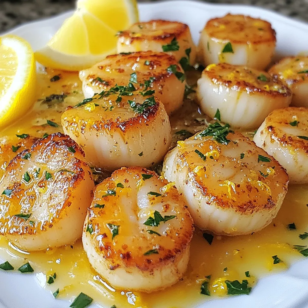 - 1 pound sea scallops - 3 tablespoons olive oil - 4 cloves garlic, minced - Zest of 1 lemon - 2 tablespoons fresh lemon juice - 1 teaspoon red pepper flakes - Salt and pepper to taste - 2 tablespoons fresh parsley, chopped - Lemon wedges for serving The main ingredients create a bright and fresh flavor. I always choose fresh sea scallops for the best taste. They should feel firm and smell like the ocean. Olive oil adds richness, while garlic brings a savory note. Lemon zest and juice give this dish a refreshing kick. For those who like a bit of heat, red pepper flakes are a great option. Salt and pepper enhance the natural flavors. Fresh parsley adds color and a burst of herbal flavor. Lemon wedges on the side are perfect for extra zing. Each ingredient plays a key role. Together, they transform simple scallops into a flavorful seafood delight. Enjoy gathering these ingredients; they set the stage for a delicious meal. {{ingredient_image_1}} - Ensure scallops are dried. - Heat olive oil in skillet. Start by drying your scallops well with paper towels. This step is key. It helps create a nice crust when you sear them. Next, heat three tablespoons of olive oil in a large skillet over medium-high heat. Wait until the oil shimmers, which will take about two minutes. - Sear scallops for golden crust. - Flip and cook until opaque. Carefully place the scallops in the hot oil. Make sure not to crowd them; give each scallop space. Cook for two to three minutes without moving them. You want that golden crust to form. Once they are golden, flip each scallop. Cook for an additional one to two minutes until they turn opaque. Once cooked, remove them from the skillet and set them aside. - Sauté garlic until fragrant. - Add lemon zest and juice to the pan. - Return scallops to skillet and combine. In the same skillet, add four cloves of minced garlic. If you like a little heat, add red pepper flakes too. Sauté for about thirty seconds until the garlic smells great and turns lightly golden. Be careful not to burn the garlic. Next, stir in the zest and juice of one lemon. Scrape up any browned bits from the bottom of the pan. Cook for another minute. Finally, return the scallops to the skillet. Toss them gently in the lemon garlic sauce. Season with salt and pepper to taste. To get a great sear on your scallops, start by drying them well. Use paper towels to pat them dry. This step keeps moisture away, allowing a golden crust to form. If the scallops are wet, they will steam instead of sear. Do not overcrowd the pan when cooking. If you add too many scallops at once, they will not sear well. Instead, cook them in batches. This way, you get a nice, crispy texture on each scallop. You can add red pepper flakes to spice things up. Adjust the amount based on your taste. If you want a mild dish, skip them or use less. For a kick, add more! Substituting fresh herbs can also change the flavor. Try basil, thyme, or dill for a new twist. These herbs add freshness and brighten the dish. Always use fresh herbs when possible for the best taste. Pro Tips Dry Scallops Thoroughly: Ensuring the scallops are completely dry before cooking is essential for achieving a perfect sear and preventing them from steaming in the pan. High Heat is Key: Cooking the scallops over medium-high heat allows them to develop a beautiful golden crust, enhancing both flavor and texture. Don't Overcrowd the Pan: Make sure to cook the scallops in batches if necessary. Overcrowding can lower the pan's temperature, leading to uneven cooking. Fresh Ingredients Matter: Using fresh garlic and parsley will elevate the dish's flavor, making your Lemon Garlic Scallops truly delightful. {{image_2}} You can switch up the flavors of lemon garlic scallops by using different types of citrus. Try lime or orange for a unique twist. Each citrus brings its own taste, making the dish fresh and exciting. You can also incorporate other seafood into this recipe. Shrimp or fish pairs well with the lemon and garlic. Just adjust cooking times to ensure everything is cooked perfectly. For gluten-free options, make sure to check all ingredients. The recipe is naturally gluten-free, so you can enjoy it without worry. If you want low-calorie modifications, consider using less oil or skipping the red pepper flakes. You can also serve the scallops with a side of veggies instead of pasta or grains. This keeps the dish light while still being tasty. To keep your lemon garlic scallops fresh, store them in an airtight container. This helps prevent moisture loss and keeps flavors intact. Place the container in the fridge as soon as you finish your meal. Leftover scallops last about 1 to 2 days in the fridge. After that, they may lose taste and texture. If you have more than you can eat, consider freezing them. When you reheat scallops, aim to keep them moist. You can use the stovetop or microwave. If using the stovetop, add a splash of water or broth to the pan. Heat on low, stirring gently until warm. For the microwave, cover the scallops with a damp paper towel. This helps steam them lightly. Heat in short bursts, checking often. To maintain flavor, avoid cooking them too long. You know scallops are done when they turn opaque and firm. They should have a nice golden crust. This usually takes about 2-3 minutes per side. If you cut one open, it should look white and not translucent. Overcooking can make them tough, so watch them closely. Yes, you can use frozen scallops. Just make sure to thaw them first. Place them in the fridge overnight or run them under cold water. Dry them well before cooking. This helps achieve that perfect sear and keeps them tasty. Lemon garlic scallops go well with many sides. Here are some ideas: - Garlic bread for a crunchy contrast. - Steamed asparagus for freshness. - Rice or quinoa to soak up the sauce. - Salad for a light and crisp touch. These sides enhance the dish without overshadowing the flavors. I recommend cooking scallops right before serving. They taste best fresh. If you need to prep ahead, you can chop the garlic and parsley. You can also zest the lemon. Just store them in the fridge. Cook the scallops last minute for the best flavor and texture. This article covers making lemon garlic scallops, including the ingredients, cooking steps, and tips. Accurate preparation ensures a perfect sear, enhancing your dish's flavor. You can adjust with optional ingredients and variations for your taste. Proper storage helps keep leftover scallops fresh. Remember to consider your diet with easy modifications. This dish is simple, delicious, and perfect for any meal. With practice, you’ll master it and impress your family and friends. Enjoy cooking and savor every bite!