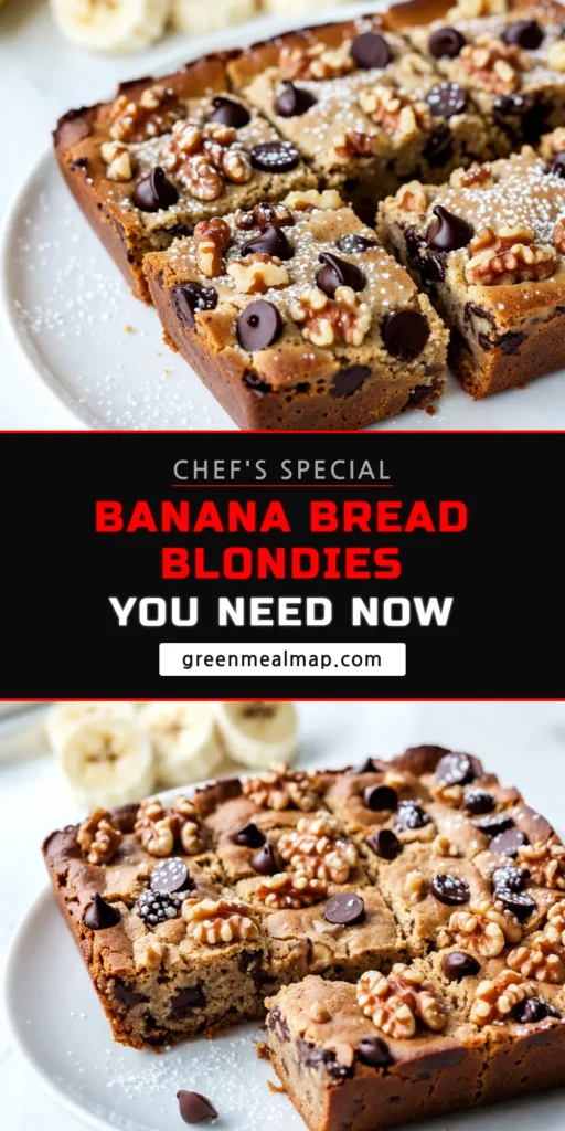 Indulge in these delicious banana bread blondies—a perfect twist on your favorite banana dessert recipes. This easy blondie recipe combines ripe bananas, walnuts, and chocolate chips for a delightful treat. Bake your way to scrumptious chocolate chip blondies that are sure to impress. Try out this irresistible banana bread blondies recipe today! Save this for later and enjoy every bite! #BananaBreadBlondies #EasyBlondieRecipe #BananaDessertRecipes #WalnutBlondies