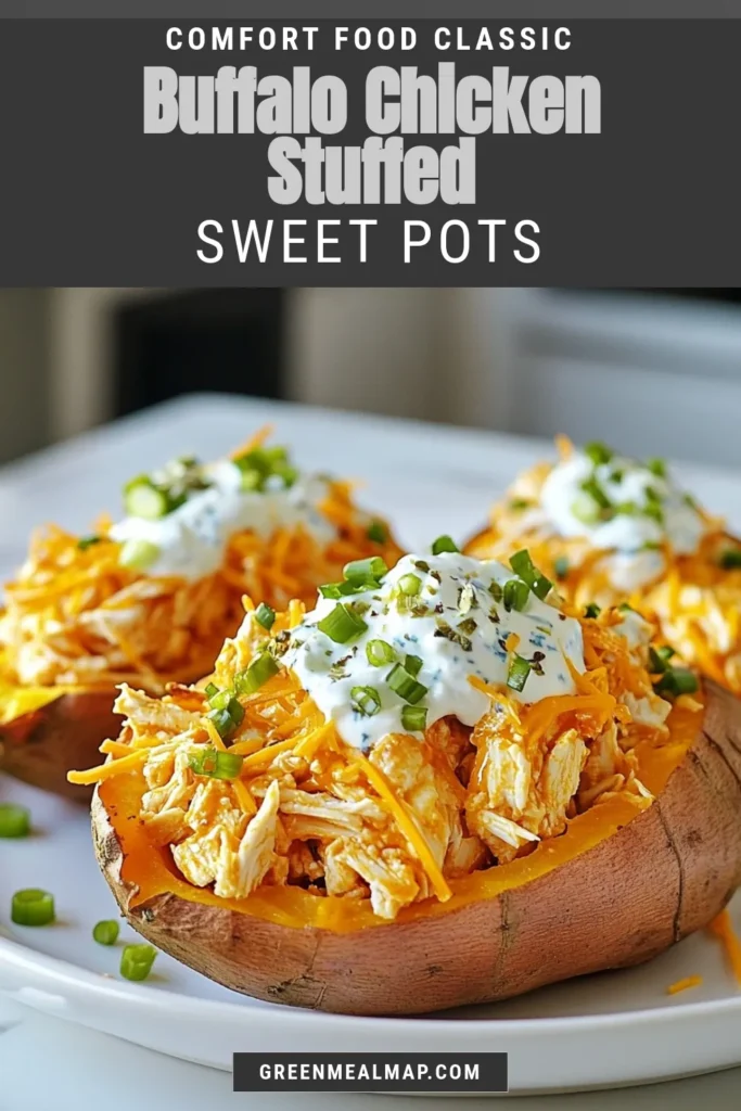 Satisfy your cravings with these Buffalo Chicken Stuffed Sweet Potatoes! This delicious and healthy buffalo chicken recipe is perfect for a cheesy potato dinner idea that’s both easy to prepare and packed with flavor. With tender sweet potatoes filled with spicy buffalo chicken, topped with Greek yogurt and cheese, it’s a meal you’ll love. Save this recipe and enjoy a nutritious twist on stuffed sweet potatoes tonight! #BuffaloChicken #SweetPotatoRecipes #HealthyCooking #EasyRecipes