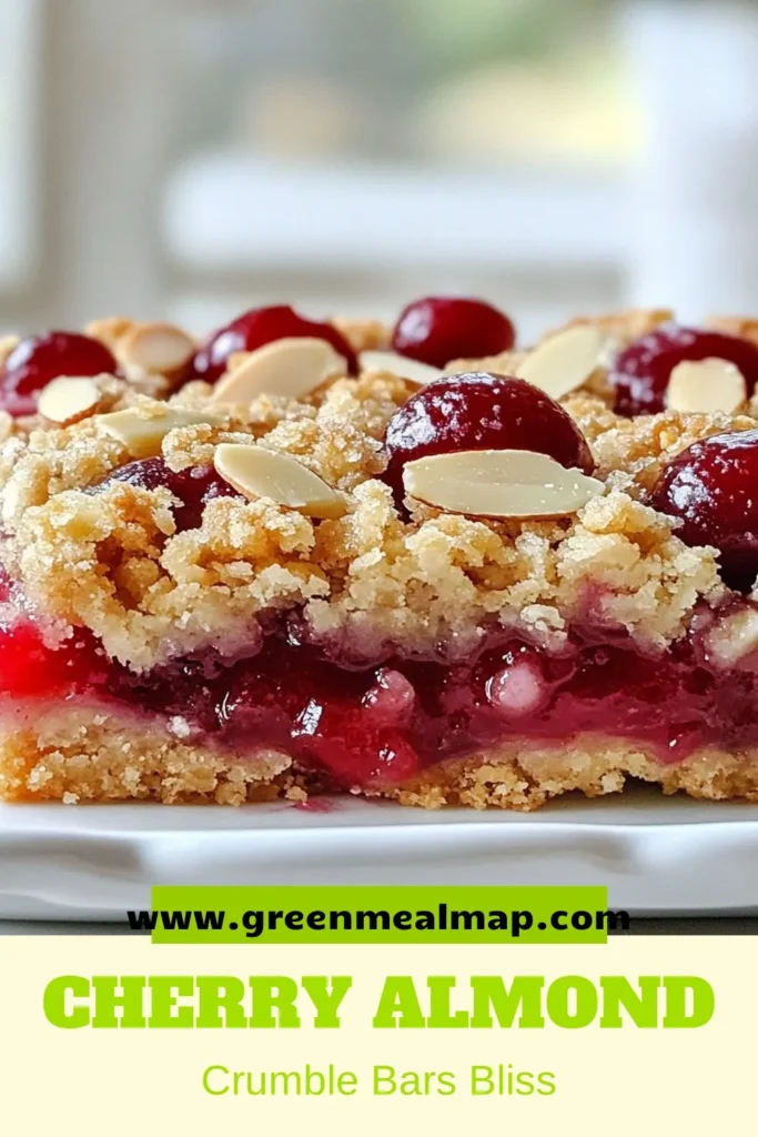 Indulge in these delicious cherry almond crumble bars, the ultimate easy cherry dessert recipe! Made with fresh cherries and almond flour, these baked cherry bars are perfect for satisfying your sweet tooth. Each bite offers a delightful fruit crumble dessert experience that's simple to prepare. Don't miss out on this tasty treat—save the recipe today and enjoy! #CherryAlmondCrumbleBars #EasyDessert #DessertRecipe #FruitCrumble