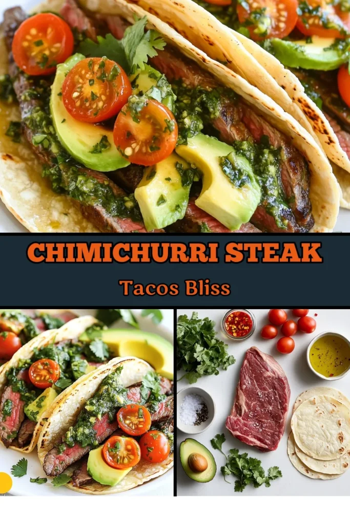 Discover the deliciousness of Chimichurri steak tacos with this easy flank steak tacos recipe! Elevate your taco night with homemade easy chimichurri sauce, avocados, and corn tortillas. Perfectly seasoned flank steak paired with fresh toppings makes these avocado steak tacos irresistible. Try these tasty chimichurri steak tacos tonight and impress your loved ones! Save for your next meal adventure! #Tacos #Chimichurri #SteakTacos #EasyRecipes