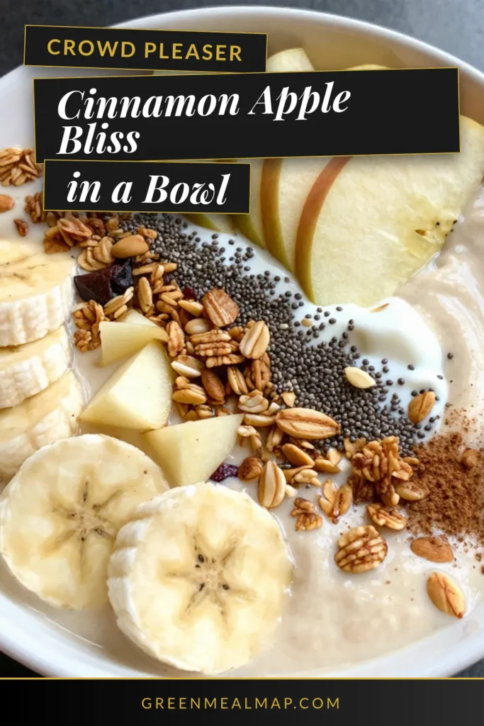 Start your day with a delicious Cinnamon Apple Smoothie Bowl that's both healthy and satisfying! This easy breakfast smoothie bowl recipe combines frozen banana, fresh apple, and creamy Greek yogurt for a nutritious treat. Perfect as a healthy smoothie bowl recipe, it's customizable with toppings like sliced apples and granola. Enjoy this banana apple smoothie any morning. Save this recipe for a tasty start to your day! #SmoothieBowl #HealthyRecipes #BreakfastIdeas #CinnamonApple