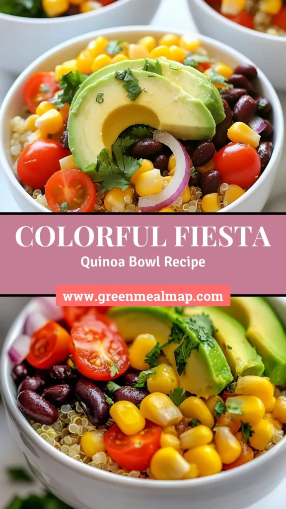 Looking for a delicious and nutritious dish? Try this Fiesta Veggie Quinoa Bowl! This healthy quinoa recipe is perfect for meal prep and makes a fantastic vegetarian option. Packed with black beans, corn, and colorful veggies, it's an easy quinoa salad that everyone will love. Enjoy this vibrant bowl topped with avocado and cilantro. Save this recipe for your next healthy meal! #FiestaVeggieQuinoaBowl #HealthyQuinoaRecipe #VegetarianMealPrep #EasyQuinoaSalad