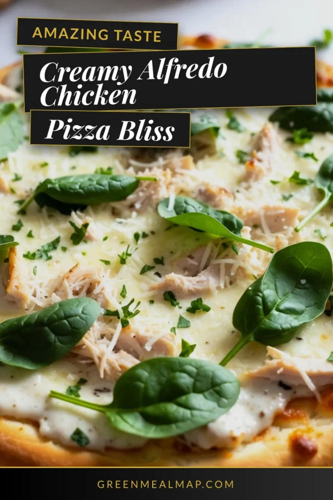 Indulge in this Creamy Chicken Alfredo Pizza that's sure to impress! This Easy Chicken Alfredo Pizza Recipe features tender chicken, fresh spinach, and a homemade Alfredo sauce atop a crispy crust. Perfect for family dinner or parties, this Chicken Pizza with Spinach is both delicious and quick to make. Ready in just 30 minutes, it’s one of the best Quick Pizza Recipes around! Try it today and savor each bite. Don't forget to save for later! #ChickenAlfredoPizza #PizzaRecipe #EasyDinner #Foodie