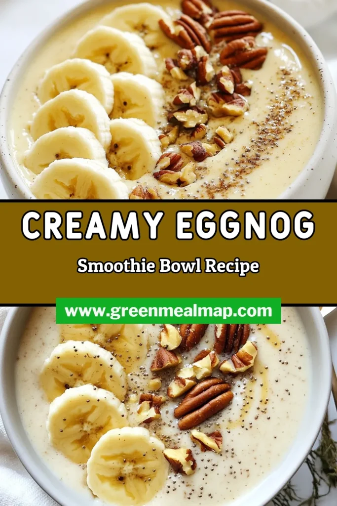 Indulge in the festive spirit with this delicious Eggnog Smoothie Bowl! Our healthy smoothie bowl recipe combines creamy Greek yogurt and the warm flavors of nutmeg and cinnamon, making it a perfect Christmas smoothie bowl. This easy holiday smoothie recipe is not only nutritious but also irresistibly tasty. Enjoy it topped with your favorite fruits and nuts. Try it out and elevate your holiday breakfast! #EggnogSmoothieBowl #HealthyRecipes #HolidaySmoothie #SmoothieBowl