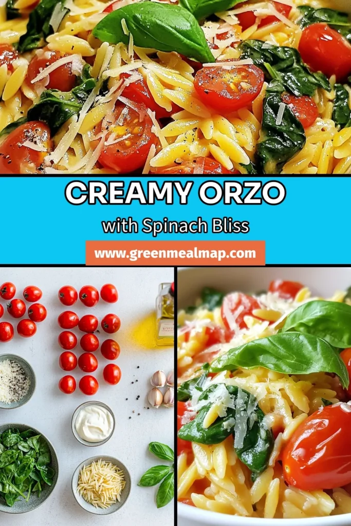 Discover the deliciousness of Creamy Tomato Spinach Orzo, an easy orzo recipe perfect for busy weeknights. This vegetarian orzo dish combines fresh ingredients for a quick creamy pasta experience that's sure to please everyone at the table. Ready in just 20 minutes, it’s a satisfying one-pot orzo dinner that you can customize easily. Click to save this recipe for tonight's meal! #CreamyTomatoSpinachOrzo #EasyOrzoRecipe #VegetarianOrzoDish #OnePotDinner