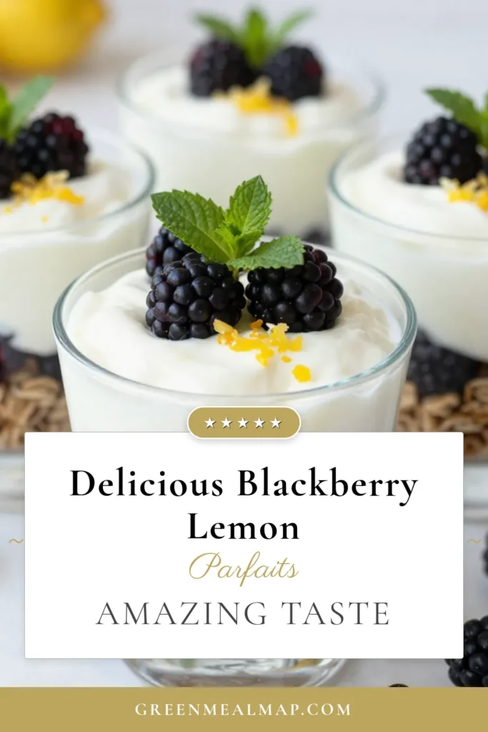 Indulge in the refreshing taste of Blackberry Lemon Yogurt Parfaits! This easy parfait recipe features creamy Greek yogurt layered with juicy blackberries, crunchy granola, and a zesty lemon kick. Perfect as a healthy breakfast parfait or a delightful berry yogurt dessert, it's a delicious way to start your day. Try this Greek yogurt parfait recipe for a quick and nourishing treat. Save this recipe for a delightful morning boost! #BlackberryLemonYogurtParfait #HealthyBreakfast #EasyParfait #BerryDessert