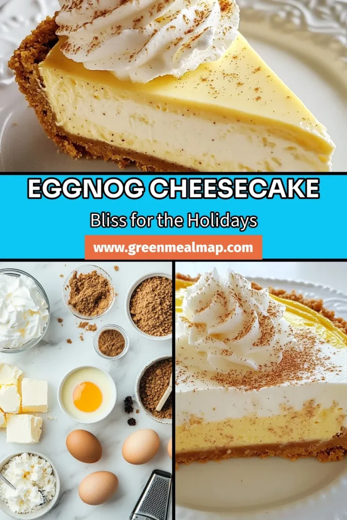 Indulge in this festive eggnog cheesecake that embodies the spirit of the holidays. This easy eggnog cheesecake features a creamy cheesecake with eggnog, perfectly spiced with nutmeg and cinnamon. It's the ultimate eggnog dessert recipe for your holiday gatherings. Impress your guests with this delicious holiday cheesecake recipe that’s simple to make! Save this festive treat for your next celebration and enjoy the season. #EggnogCheesecake #HolidayDesserts #EasyRecipes #BakingJoy