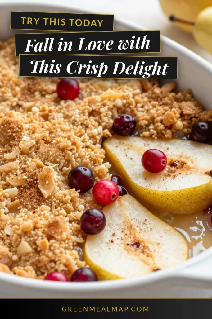 Discover the deliciousness of Spiced Pear Cranberry Crisp, an easy fruit crisp recipe perfect for fall! This pear cranberry dessert recipe combines juicy pears with tart cranberries and a crumbly oat topping. Baked to golden perfection, it's a cozy treat that will impress at any gathering. Make this baked cranberry pear crisp for your next celebration and enjoy the warmth of the season. Save this recipe for later! #FallDesserts #FruitCrisp #PearCranberry #EasyRecipes