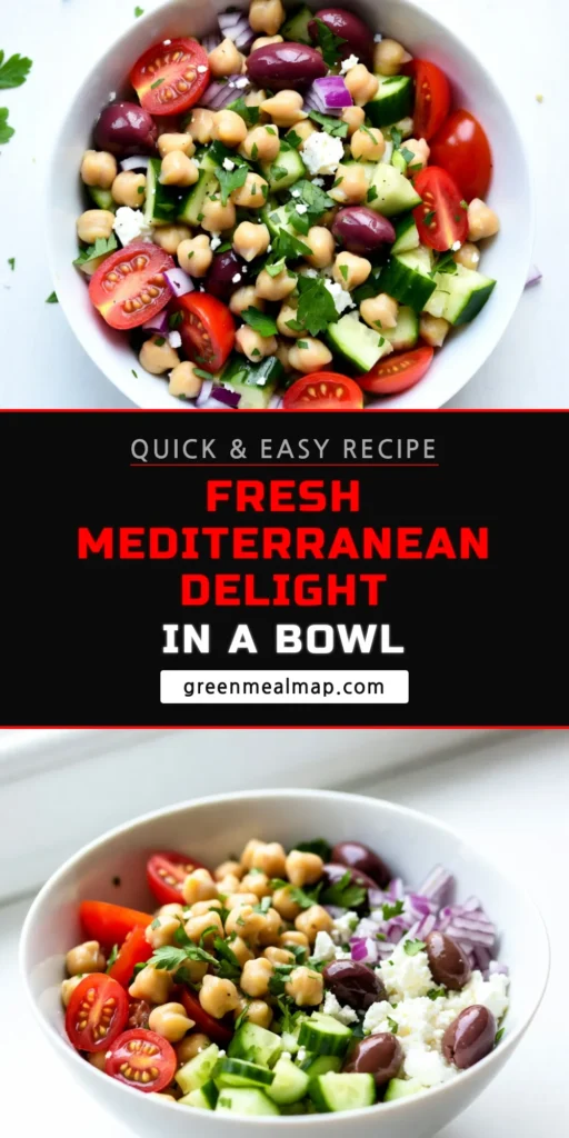 Discover this delicious Mediterranean chickpea salad that’s both healthy and satisfying! This easy Mediterranean salad features protein-packed chickpeas and vibrant veggies, making it a perfect vegetarian salad recipe. Tossed in a zesty dressing, it complements meals or shines as a stand-alone dish. Try this Greek salad with chickpeas for a quick, nutritious option. Save this recipe for a burst of Mediterranean flavor! #ChickpeaSalad #HealthyRecipes #MediterraneanDiet #VegetarianEating