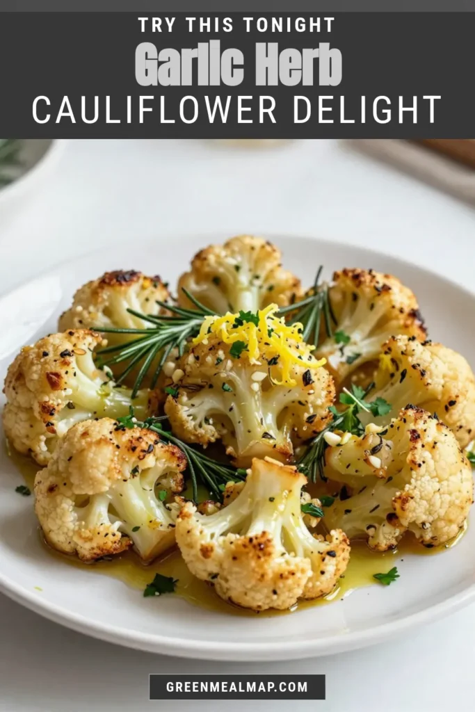 Discover the deliciousness of Garlic Herb Roasted Cauliflower, an easy roasted cauliflower recipe perfect for any meal! This vegan cauliflower side dish features flavorful garlic and fresh herbs, making it a healthy roasted vegetables recipe everyone will love. Roast your way to satisfaction and save this Garlic roasted cauliflower recipe for your next dinner! Enjoy every bite and elevate your meals! #VeganRecipes #RoastedCauliflower #HealthyEating #EasyRecipes